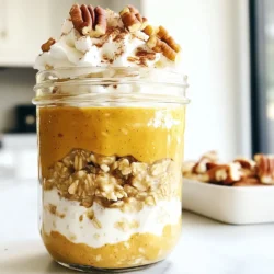 Für die Kürbis-Pie Übernacht Haferflocken benötigst du: - 1 Tasse rolled Haferflocken - 1 Tasse ungesüßte Mandelmilch (oder Milch nach Wahl) - 1/2 Tasse Kürbispüree (kein Kürbis-Pie-Füllung) - 1 Esslöffel Ahornsirup (nach Geschmack anpassen) - 1/2 Teelöffel Kürbiskuchengewürz - 1/4 Teelöffel Vanilleextrakt - 2 Esslöffel Chiasamen - Eine Prise Salz Diese Zutaten bringen dir den tollen Kürbisgeschmack. Sie sorgen für eine cremige und nahrhafte Mischung. Wenn du deine Milch wählst, gibt es viele Optionen. Ungesüßte Mandelmilch ist leicht und hat einen milden Geschmack. Du kannst auch Hafermilch oder Sojamilch verwenden. Wenn du tierische Milch magst, nimm einfach normale Milch oder Vollmilch. Jede Option passt gut zu den Haferflocken. Es hängt von deinem Geschmack ab. Toppings machen dein Frühstück noch besser. Gehackte Pekannüsse geben einen tollen Crunch. Geschlagene Kokosnusscreme sorgt für eine süße Note. Ein Hauch Zimt bringt extra Wärme und Geschmack. Du kannst auch frische Früchte hinzufügen, wie Bananen oder Äpfel. Experimentiere mit verschiedenen Toppings, um deine perfekte Kombination zu finden. {{ingredient_image_2}} Beginne mit einer großen Rührschüssel. Gib 1 Tasse rolled Haferflocken hinein. Füge 1 Tasse ungesüßte Mandelmilch hinzu. Dann kommt 1/2 Tasse Kürbispüree dazu. Achte darauf, dass es kein Kürbis-Pie-Füllung ist. Jetzt ist es Zeit für den Ahornsirup. Ein Esslöffel reicht, aber du kannst mehr nach deinem Geschmack hinzufügen. Dann mische 1/2 Teelöffel Kürbiskuchengewürz und 1/4 Teelöffel Vanilleextrakt. Diese Gewürze bringen tollen Geschmack. Füge auch 2 Esslöffel Chiasamen und eine Prise Salz hinzu. Rühre alles gut um. So werden die Haferflocken gleichmäßig mit den Zutaten bedeckt. Nachdem die Mischung gut vermischt ist, teile sie gleichmäßig auf zwei luftdichte Behälter oder Gläser auf. Achte darauf, dass du die Mischung gleichmäßig verteilst. Schließe die Behälter gut. Nun kommen sie in den Kühlschrank. Lass die Haferflocken über Nacht kühlen. Wenn du wenig Zeit hast, lasse sie mindestens 4 Stunden im Kühlschrank. So nehmen die Haferflocken die Flüssigkeit und Aromen auf. Am Morgen nimm die Behälter heraus und rühre die Haferflocken um. Das hilft, eventuell abgestandene Flüssigkeiten zu verteilen. Du kannst die Haferflocken kalt genießen. Verleihe ihnen noch mehr Geschmack mit Toppings. Ich empfehle gehackte Pekannüsse, geschlagene Kokosnusscreme oder einen Hauch Zimt. Diese Toppings machen das Frühstück noch leckerer! Um die perfekte Konsistenz für Kürbis-Pie Übernacht Haferflocken zu erreichen, achte auf die Flüssigkeitsmenge. Nutze 1 Tasse Mandelmilch für 1 Tasse Haferflocken. Wenn du eine cremigere Mischung willst, füge mehr Flüssigkeit hinzu. Chiasamen helfen, die Mischung zu binden. Sie quellen auf und machen die Haferflocken dick und reichhaltig. Lass die Mischung über Nacht ruhen. So nimmt sie die Flüssigkeit gut auf. Der Süßigkeitsgrad hängt von deinem Geschmack ab. Du kannst 1 Esslöffel Ahornsirup verwenden, um die Haferflocken zu süßen. Probiere es zuerst und füge mehr hinzu, wenn nötig. Du kannst auch Honig oder Agavendicksaft verwenden. Achte darauf, die Süße nicht zu übertreiben. Kürbispüree hat auch natürliche Süße. Um Klumpen zu vermeiden, mische die trockenen und nassen Zutaten zuerst gut. Rühre die Mischung gründlich durch, bis alles gleichmäßig verteilt ist. Wenn du Klumpen siehst, zerdrücke sie mit dem Löffel. So hast du eine glatte Textur. Vermeide es, die Haferflocken zu lange stehen zu lassen, bevor du sie kühlst. Sofortiges Kühlen hilft, Klumpenbildung zu verhindern. Pro Tipps Haferflocken Auswahl: Verwenden Sie großflächige Haferflocken für die beste Textur. Kleinere Haferflocken können in der Konsistenz matschig werden. Kürbispüree: Vergewissern Sie sich, dass Sie reines Kürbispüree verwenden, um den authentischen Geschmack zu erzielen. Vermeiden Sie fertige Füllungen für Kürbiskuchen. Chiasamen: Chiasamen helfen, die Haferflocken zu verdicken und liefern zusätzlich Ballaststoffe. Lassen Sie die Mischung lange genug im Kühlschrank, damit sie die richtige Konsistenz erreicht. Variationen: Experimentieren Sie mit verschiedenen Toppings wie Nüssen, getrockneten Früchten oder Joghurt, um die Aromen zu variieren und zusätzliche Nährstoffe hinzuzufügen. {{image_4}} Um ein glutenfreies Rezept für Kürbis-Pie Übernacht Haferflocken zu machen, wähle glutenfreie Haferflocken. Diese Haferflocken sind speziell behandelt, um sicherzustellen, dass sie kein Gluten enthalten. Achte darauf, dass alle anderen Zutaten auch glutenfrei sind. So kannst du dieses leckere Frühstück ohne Bedenken genießen. Wenn du kein Kürbispüree hast, kannst du auch andere Pürees verwenden. Süßkartoffelpüree ist eine tolle Option. Es gibt auch Apfelmus oder Banane, die gut passen. Diese Alternativen geben einen anderen Geschmack, aber sie sind ebenso nahrhaft. Experimentiere mit verschiedenen Pürees, um deinen Favoriten zu finden. Du kannst die Gewürze nach deinem Geschmack anpassen. Neben Kürbiskuchengewürz kannst du Zimt, Muskatnuss oder Ingwer verwenden. Diese Gewürze bringen eine neue Note in das Rezept. Probiere verschiedene Kombinationen aus, um deinen perfekten Geschmack zu finden. So wird dein Frühstück immer spannend und lecker. Die Kürbis-Pie Übernacht Haferflocken sind einfach zu lagern. Verwende luftdichte Behälter oder Gläser. So bleiben sie frisch. Stelle die Behälter in den Kühlschrank. Achte darauf, dass der Kühlschrank nicht zu voll ist. Zu viel Druck kann die Behälter öffnen. Diese Haferflocken halten sich bis zu fünf Tage. Achte darauf, die Haferflocken gut zu verschließen. Wenn sie anfangen, seltsam zu riechen oder die Textur sich ändert, wirf sie weg. Frische ist wichtig für den besten Geschmack. Wenn du Reste hast, kannst du sie kreativ nutzen. Füge frisches Obst hinzu, um den Geschmack zu ändern. Du kannst auch Joghurt oder Nüsse hinzufügen. Das macht das Frühstück noch spannender. Oder verwende die Reste als Snack für zwischendurch. Übernacht Haferflocken sind sehr gesund. Sie enthalten Ballaststoffe, die gut für die Verdauung sind. Haferflocken geben dir Energie und halten dich lange satt. In diesem Rezept verwenden wir Kürbispüree. Es ist reich an Vitaminen und Mineralstoffen. Mandelmilch ist eine gute, fettarme Milchwahl. Die Chiasamen fügen gesunde Fette hinzu. Alles zusammen macht ein nahrhaftes Frühstück. Ja, du kannst die Haferflocken warm servieren. Wenn du sie lieber warm magst, erwärme sie einfach in einem Topf. Füge ein wenig mehr Milch hinzu, um die Konsistenz zu verbessern. Rühre die Mischung gut um, bis sie warm ist. So kannst du das Frühstück nach deinem Geschmack anpassen. Das Rezept ist bereits vegan, solange du pflanzliche Milch verwendest. Nutze ungesüßte Mandelmilch oder eine andere pflanzliche Milch. Alle anderen Zutaten sind auch vegan. Achte darauf, dass der Ahornsirup 100 % rein ist. So bleibst du in der veganen Küche. Wenn du kein Kürbiskuchengewürz hast, kannst du deine eigenen Gewürze verwenden. Mische Zimt, Muskatnuss und Ingwer. Zum Beispiel, verwende 1/4 Teelöffel Zimt, 1/8 Teelöffel Muskatnuss und 1/8 Teelöffel Ingwer. Diese Mischung gibt dir einen ähnlichen Geschmack wie das Kürbiskuchengewürz. Experimentiere, um deinen perfekten Geschmack zu finden. Kürbis-Pie Übernacht Haferflocken sind einfach und lecker. Wir haben die besten Zutaten und Tipps angesehen. Du lernst, wie du die perfekte Konsistenz erreichst und Klumpen vermeidest. Variationen machen das Rezept spannend. Die richtige Lagerung sorgt für die nötige Frische. Mit diesen Informationen bist du bereit, deine eigenen Übernacht Haferflocken zuzubereiten. Probiere sie aus! Du wirst die Mischung lieben.