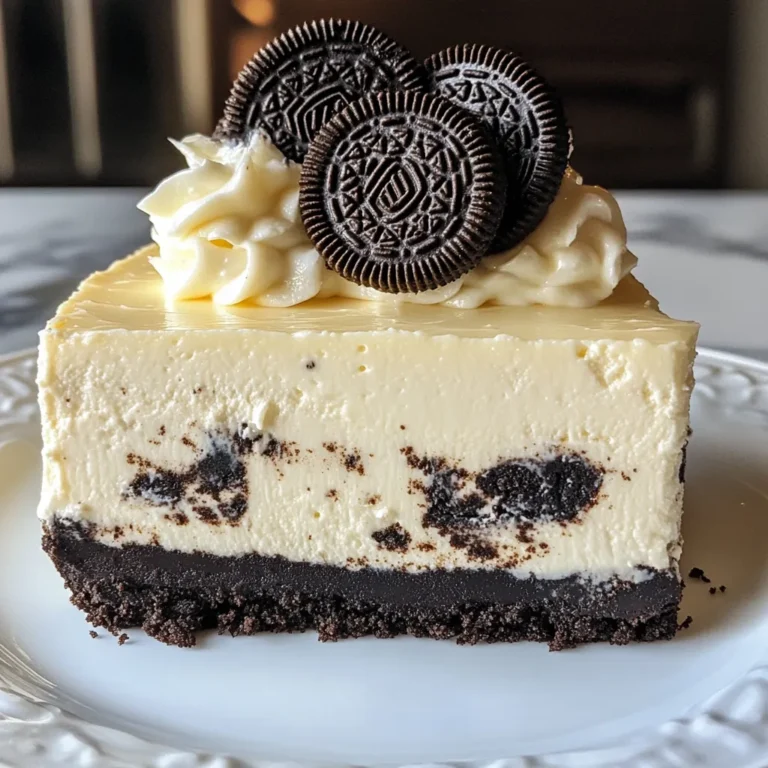 Für diesen leckeren No-Bake Oreo Käsekuchen brauchst du: - 24 Oreo-Kekse, zerbröselt - 4 Esslöffel ungesalzene Butter, geschmolzen - 450 g Frischkäse, weich - 125 g Puderzucker - 1 Teelöffel Vanilleextrakt - 240 ml Schlagsahne - 12 Oreo-Kekse, grob gehackt (für die Füllung) - Zusätzliche Oreo-Kekse zum Garnieren Diese Zutaten sind einfach zu finden. Die Kombination aus Oreo, Frischkäse und Sahne macht den Kuchen besonders cremig und lecker. Achte darauf, die Kekse gut zu zerbröseln. Du kannst dazu einen Mixer oder einen Gefrierbeutel und einen Nudelholz verwenden. Die Butter sollte ungesalzen sein, damit der Geschmack nicht zu salzig wird. Frischkäse muss weich sein, damit er sich gut vermischen lässt. Wenn du die Sahne schlägst, achte darauf, dass sie kalt ist. So bekommst du die besten Ergebnisse. Für eine glutenfreie Version kannst du glutenfreie Oreo-Kekse verwenden. Statt Frischkäse kannst du veganen Frischkäse wählen. Die Sahne kann durch Kokoscreme ersetzt werden. Diese Alternativen schmecken ebenfalls großartig und sind für verschiedene Diäten geeignet. {{ingredient_image_2}} Zuerst nimmst du 24 Oreo-Kekse und zerbröselst sie. Du kannst sie in einen Gefrierbeutel geben und mit einem Nudelholz zerdrücken. In einer Schüssel vermischst du die Kekse mit 4 Esslöffeln geschmolzener Butter. Rühre gut um, bis die Keksbrösel gleichmäßig feucht sind. Jetzt drückst du die Mischung in eine 23 cm große Springform. Achte darauf, dass der Boden fest und gleichmäßig ist. Stelle die Form für mindestens 10 Minuten in den Kühlschrank. Dies hilft, die Kruste stabil zu machen. Für die Füllung nimmst du 450 g weichen Frischkäse. Mit einem elektrischen Mixer rührst du ihn in einer großen Schüssel für 2-3 Minuten glatt. Füge dann nach und nach 125 g Puderzucker und 1 Teelöffel Vanilleextrakt hinzu. Mixe weiter, bis alles gut vermischt ist. In einer separaten Schüssel schlägst du 240 ml Schlagsahne, bis sich weiche Spitzen bilden. Hebe die geschlagene Sahne vorsichtig unter die Frischkäse-Mischung. Achte darauf, dass die Mischung luftig bleibt. Zum Schluss fügst du 12 grob gehackte Oreo-Kekse hinzu und rührst sie vorsichtig unter. Gieße die Füllung auf den gekühlten Keksboden. Verwende einen Spatel, um die Oberfläche glatt zu streichen. Decke die Springform mit Frischhaltefolie ab und stelle sie für mindestens 4 Stunden in den Kühlschrank. Am besten lässt du den Käsekuchen über Nacht kühlen. Vor dem Servieren löst du vorsichtig die Springform. Du kannst den Kuchen nach Belieben mit ganzen Oreo-Keksen garnieren. So sieht er noch einladender aus! Ein häufiger Fehler ist, die Butter nicht richtig zu schmelzen. Sie muss flüssig sein, damit die Keksbrösel gut haften. Achte darauf, die Mischung für die Kruste gleichmäßig zu drücken. Eine ungleichmäßige Kruste kann bröckelig werden. Auch das Kühlen ist wichtig. Lass den Käsekuchen lange genug im Kühlschrank. Vier Stunden sind das Minimum. Für eine cremige Füllung ist es wichtig, den Frischkäse gut zu mixen. Mische ihn mindestens zwei Minuten lang, bis er glatt ist. Wenn du die Sahne schlägst, achte darauf, dass sie weiche Spitzen bildet. Das macht die Füllung leicht und luftig. Füge die geschlagene Sahne vorsichtig hinzu. So bleibt die Füllung schön fluffig. Garnieren macht viel aus! Verwende ganze Oreo-Kekse für die Dekoration. Du kannst auch Schokoladensauce oder frische Früchte hinzufügen. Schneide den Käsekuchen in gleichmäßige Stücke. Das sieht ordentlich aus und macht den Kuchen ansprechender. Serviere ihn auf einem schönen Teller, um den Wow-Faktor zu erhöhen. Pro Tipps Frischkäse vorbereiten: Stellen Sie sicher, dass der Frischkäse zimmerwarm ist, da er sich so besser und gleichmäßiger mit den anderen Zutaten vermischen lässt. Sahne schlagen: Achten Sie darauf, die Schlagsahne nicht zu lange zu schlagen, damit sie nicht zu fest wird. Weiche Spitzen sind ideal für eine luftige Füllung. Kühlen für beste Ergebnisse: Lassen Sie den Käsekuchen über Nacht im Kühlschrank, damit er optimal fest wird und die Aromen sich gut entfalten können. Variationen ausprobieren: Fügen Sie weitere Zutaten wie Schokoladenstückchen oder Karamellsauce hinzu, um Ihrem Käsekuchen eine persönliche Note zu verleihen. {{image_4}} Die No-Bake Oreo-Käsekuchen-Rezept ist sehr anpassbar. Du kannst verschiedene Geschmacksrichtungen ausprobieren. Zum Beispiel, füge Schokoladenstückchen hinzu, um einen Schokoladen-Oreo-Käsekuchen zu machen. Für eine fruchtige Note, füge pürierte Früchte wie Erdbeeren oder Himbeeren hinzu. Diese Variationen machen den Kuchen frisch und spannend. Du musst nicht nur Oreo-Kekse verwenden. Probier es mit anderen Keksen wie Chips Ahoy oder Butterkeksen. Diese Kekse geben dem Boden einen anderen Geschmack. Auch die Füllung kann spannend sein. Füge Frischkäse mit Karamell oder Erdnussbutter hinzu. Diese Kombinationen machen dein Dessert besonders und lecker. Es ist möglich, den Käsekuchen für spezielle Diäten anzupassen. Wenn du vegan bist, nutze pflanzlichen Frischkäse und Kokosöl anstelle von Butter. Für eine zuckerfreie Version, ersetze den Puderzucker durch einen Zuckerersatz wie Erythrit. Diese Anpassungen machen den Kuchen nicht nur lecker, sondern auch gesund und für alle geeignet. Um deinen No Bake Oreo Käsekuchen frisch zu halten, lagere ihn im Kühlschrank. Der Käsekuchen bleibt in einem luftdichten Behälter am besten. Achte darauf, dass die Oberfläche nicht austrocknet. Du kannst den Kuchen auch mit Frischhaltefolie abdecken. So schützt du ihn vor Gerüchen und Feuchtigkeit. Im Kühlschrank bleibt der Käsekuchen bis zu fünf Tage frisch. Achte darauf, ihn gut zu verpacken. Wenn du ihn länger aufbewahren möchtest, kannst du ihn einfrieren. Im Gefrierschrank hält er bis zu drei Monate. Um ihn einzufrieren, schneide ihn in Stücke und lege diese in einen gefrierfesten Behälter. Die gute Nachricht ist, dass du den No Bake Oreo Käsekuchen nicht aufwärmen musst. Serviere ihn direkt aus dem Kühlschrank oder Gefrierfach. Wenn du ihn aus dem Gefrierschrank nimmst, lasse ihn einfach bei Raumtemperatur auftauen. So bleibt die cremige Textur erhalten. Garniere den Kuchen vor dem Servieren mit ganzen Oreo-Keksen. Der No-Bake Oreo Käsekuchen muss mindestens 4 Stunden im Kühlschrank kühlen. Am besten ist es, ihn über Nacht zu lassen. So wird er schön fest und die Aromen können sich gut entfalten. Wenn du ihn früher servierst, kann er noch weich sein. Geduld ist hier wichtig! Ja, du kannst andere Kekse für den Boden verwenden. Kekse wie Digestives oder Schokoladenkekse funktionieren gut. Achte darauf, dass die Kekse gut zerbröselt sind und die richtige Konsistenz haben. Die geschmolzene Butter hilft, alles zusammenzuhalten. Experimentiere ruhig mit verschiedenen Geschmäckern! Um sicherzustellen, dass der Käsekuchen fest wird, sind einige Punkte wichtig. Zuerst, benutze frischen Frischkäse. Er sollte weich, aber nicht zu flüssig sein. Schlage die Sahne, bis sie weiche Spitzen hat, und hebe sie vorsichtig unter die Mischung. Lass den Kuchen auch lange genug kühlen. Wenn du diese Schritte beachtest, klappt es bestimmt! Ein No-Bake Oreo Käsekuchen ist einfach und lecker. Wir haben die besten Zutaten, die Zubereitung und nützliche Tipps behandelt. Denken Sie an glutenfreie oder vegane Optionen, wenn nötig. Achten Sie darauf, die Fehler zu vermeiden, die viele machen. Halten Sie den Käsekuchen frisch und perfekt, damit er gut schmeckt. Experimentieren Sie mit Varianten und genießen Sie den Käsekuchen nach Ihrem Geschmack. Jetzt können Sie diesen Käsekuchen leicht zubereiten und jeden beeindrucken!