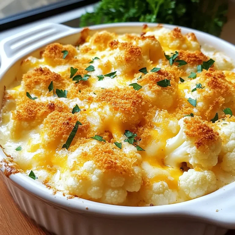 - 1 große Blumenkohlkopf, in Röschen zerteilt - 240 ml scharfen Cheddar-Käse, gerieben - 240 g Frischkäse, weich - 120 ml Milch Die Hauptzutat in diesem Rezept ist der Blumenkohl. Er sorgt für eine schöne Textur. Der scharfe Cheddar-Käse gibt dem Gericht einen tollen Geschmack. Frischkäse macht die Mischung cremig. Milch hilft, alles gut zu verbinden. - 1 Knoblauchzehe, fein gehackt - 1 Teelöffel Zwiebelpulver - 1 Teelöffel geräuchertes Paprikapulver - ½ Teelöffel schwarzer Pfeffer - Salz nach Geschmack Knoblauch und Zwiebelpulver bringen viel Geschmack. Geräuchertes Paprikapulver fügt einen rauchigen Ton hinzu. Salz und Pfeffer runden das Ganze ab. Diese Gewürze machen den Auflauf besonders lecker. - 120 ml Semmelbrösel - 2 Esslöffel frische Petersilie, gehackt (zum Garnieren) Semmelbrösel geben eine knusprige Kruste. Frische Petersilie sorgt für Farbe und Frische. Diese Garnituren machen den Auflauf noch ansprechender. Sie sind einfach, aber sehr effektiv. {{ingredient_image_2}} Zuerst wasche ich den Blumenkohl gründlich. Dann zerteile ich ihn in kleine Röschen. In einem großen Topf bringe ich gesalzenes Wasser zum Kochen. Ich füge die Blumenkohlröschen hinzu und koche sie für etwa fünf Minuten. So werden sie leicht zart. Danach lasse ich die Röschen gut abtropfen und stelle sie beiseite. In einer großen Rührschüssel mische ich den Frischkäse mit der Milch. Dann füge ich die fein gehackte Knoblauchzehe, das Zwiebelpulver, das geräucherte Paprikapulver, den schwarzen Pfeffer und etwas Salz hinzu. Ich verrühre alles, bis die Mischung glatt und cremig ist. Danach arbeite ich den geriebenen Cheddar-Käse ein, aber ich lasse etwas Käse für die Oberseite übrig. Jetzt kombiniere ich den abgetropften Blumenkohl mit der Käsemischung. Ich rühre vorsichtig um, damit alle Röschen gleichmäßig bedeckt sind. Dann gebe ich die Mischung in eine gefettete Auflaufform. Ich streue die restlichen Cheddar-Käse und die Semmelbrösel darüber. Jetzt backe ich den Auflauf im vorgeheizten Ofen bei 190°C für 25 bis 30 Minuten. Die Oberseite sollte goldbraun und sprudelnd sein. Nach dem Backen lasse ich den Auflauf kurz abkühlen und garniere ihn mit frischer Petersilie. Um die perfekte Konsistenz zu erreichen, achte darauf, den Blumenkohl nicht zu lange zu kochen. Koche die Röschen nur fünf Minuten. Sie sollten leicht zart sein, aber noch etwas Biss haben. So bleibt der Auflauf schön stabil. Für den Käse kannst du verschiedene Sorten verwenden. Scharfer Cheddar bringt viel Geschmack. Für eine mildere Variante nutze Gouda oder Mozzarella. Du kannst auch eine Mischung ausprobieren, um neue Aromen zu entdecken. Beim Anrichten ist die Präsentation wichtig. Serviere den Auflauf direkt aus der Form. Verwende eine große Kelle für herzliche Portionen. Garniere mit frischen Petersilienblättern. Das sorgt für Farbe und Frische. Als Beilagen passen ein grüner Salat oder knuspriges Brot gut dazu. Diese Optionen ergänzen den Auflauf perfekt und machen das Essen noch besser. Für die Zubereitung benötigst du einige wichtige Küchenutensilien. Ein großer Topf ist wichtig, um den Blumenkohl zu kochen. Eine Rührschüssel hilft dir, die Käsemischung gut zu vermengen. Ein Schneidebrett und ein scharfes Messer sind auch notwendig. So kannst du den Blumenkohl schnell zerteilen. Diese Werkzeuge machen die Zubereitung effizient und einfach. Pro Tipps Käsewahl: Verwenden Sie verschiedene Käsesorten wie Gouda oder Mozzarella für abwechslungsreiche Geschmacksrichtungen und Texturen. Blumenkohl vorbereiten: Für einen intensiveren Geschmack können Sie den Blumenkohl leicht anbraten, bevor Sie ihn mit der Käsemischung kombinieren. Semmelbrösel anpassen: Fügen Sie gewürzte Semmelbrösel oder Panko hinzu, um eine knusprigere Kruste zu erzielen. Vegetarisches Protein: Fügen Sie gekochte Linsen oder Kichererbsen hinzu, um das Gericht proteinreicher zu machen. {{image_4}} Eine tolle Möglichkeit, deinen Cheesy Cauliflower Bake zu variieren, ist das Hinzufügen von Gemüse. Brokkoli oder Spinat passen gut. Diese Gemüse bringen Farbe und zusätzliche Nährstoffe. Du kannst sie einfach nach dem Kochen des Blumenkohls hinzufügen. Wenn du etwas Protein möchtest, probiere Hähnchen oder Schinken. Diese Zutaten machen das Gericht sättigender. Koche das Hähnchen vorher und schneide es in kleine Stücke. Mische es dann in die Käsemischung. So wird der Auflauf noch leckerer. Für eine vegetarische oder vegane Variante kannst du Käsealternativen verwenden. Es gibt viele gute vegane Käseprodukte. Diese schmelzen gut und geben einen tollen Geschmack. Achte darauf, dass sie ohne Milch sind. Außerdem kannst du eine milchfreie Option wählen. Verwende pflanzliche Milch wie Mandel- oder Hafermilch. Diese sind gesund und lecker. Sie helfen dir, den vollen Geschmack ohne Milch zu genießen. Wenn du es scharf magst, probiere scharfe Käsesorten. Pepper Jack oder scharfer Cheddar bringen mehr Kick in dein Gericht. Du kannst auch Gewürze hinzufügen, um die Schärfe zu erhöhen. Ein bisschen Cayennepfeffer oder Chili-Pulver kann viel verändern. Mische diese Gewürze in die Käsemischung. So wird dein Cheesy Cauliflower Bake zum echten Geschmackserlebnis. Um die Reste des Auflaufs richtig zu lagern, nutzen Sie einen luftdichten Behälter. Lassen Sie den Auflauf zuerst auf Raumtemperatur abkühlen. Danach können Sie ihn in den Kühlschrank stellen. So bleibt er frisch und lecker. Sie sollten ihn innerhalb von drei bis fünf Tagen essen. Wenn Sie den Auflauf einfrieren möchten, lassen Sie ihn vollständig abkühlen. Teilen Sie ihn in Portionen auf, um das Auftauen zu erleichtern. Wickeln Sie jede Portion gut in Folie ein oder nutzen Sie gefriergeeignete Behälter. So bleibt der Auflauf bis zu drei Monate haltbar. Zum Auftauen legen Sie den Auflauf einfach über Nacht in den Kühlschrank. Danach können Sie ihn wieder im Ofen aufwärmen. Der Cheesy Cauliflower Bake bleibt im Kühlschrank drei bis fünf Tage frisch. Im Gefrierschrank hält er bis zu drei Monate. Achten Sie darauf, den Auflauf gut zu verpacken, um Gefrierbrand zu vermeiden. Wenn Sie ihn aufwärmen, stellen Sie sicher, dass er gleichmäßig heiß ist, um die beste Qualität zu erhalten. Die Backzeit für den Cheesy Cauliflower Bake beträgt 25 bis 30 Minuten. Der Auflauf ist fertig, wenn die Oberseite goldbraun und sprudelnd ist. Achte darauf, den Auflauf nach dem Backen einige Minuten abkühlen zu lassen. So kann er sich setzen und die Aromen entfalten. Ja, du kannst frischen Blumenkohl verwenden. Er hat einen besseren Geschmack und eine festere Textur. Achte darauf, den frischen Blumenkohl gut zu waschen und in Röschen zu zerteilen. Koche ihn dann wie im Rezept angegeben. Das Kochen macht den Blumenkohl zart und bereit für die Käsemischung. Für diesen Auflauf ist scharfer Cheddar-Käse ideal. Er gibt einen tollen Geschmack. Du kannst auch andere Käsesorten wie Gouda oder Mozzarella hinzufügen. Diese Käsesorten schmelzen gut und sorgen für eine cremige Textur. Experimentiere mit verschiedenen Käsesorten, um deinen Favoriten zu finden. Zusammenfassend haben wir die besten Zutaten und Schritte für einen leckeren Blumenkohl-Auflauf behandelt. Wir haben erklärt, wie Sie Blumenkohl richtig vorbereiten und die köstliche Käsemischung herstellen. Ich habe auch Tipps gegeben, um die perfekte Konsistenz zu erreichen. Denken Sie an Variationen, um es spannend zu halten. Experimentieren Sie mit Gewürzen und ergänzen Sie verschiedene Zutaten. So bleibt Ihr Auflauf interessant und lecker. Nutzen Sie auch die Tipps fürs Lagern. Viel Spaß beim Kochen und Genießen!