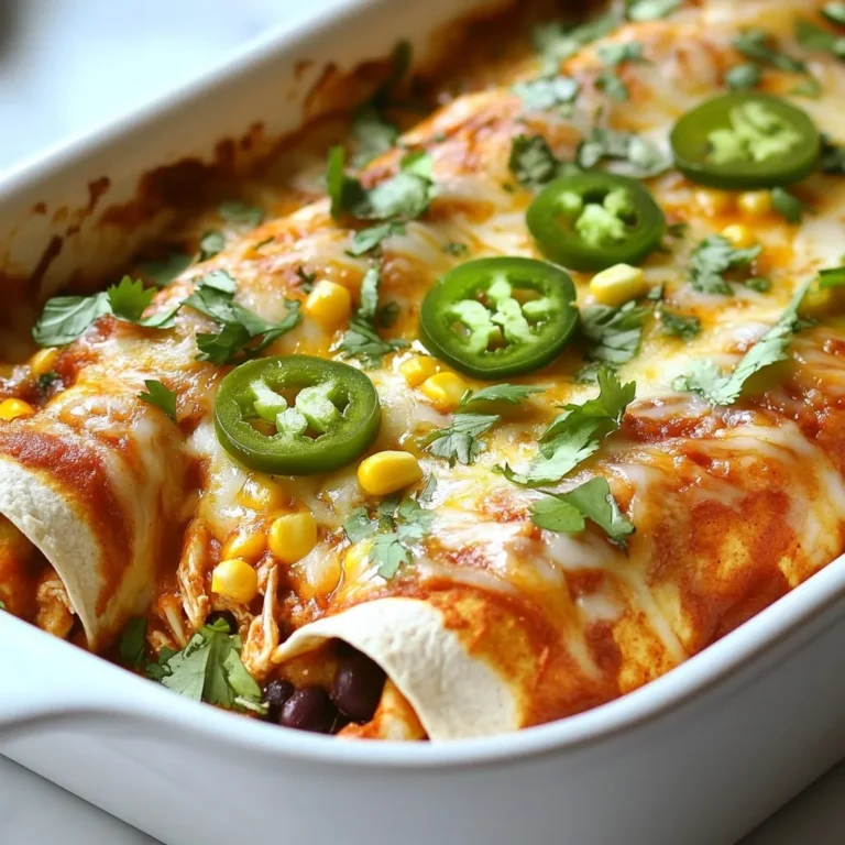 Für die schnellen Hühnchen-Enchiladas brauchst du einige Hauptzutaten: - 2 Tassen zerkleinertes, gekochtes Hühnchen - 1 Tasse geriebener Käse (Cheddar oder mexikanische Mischung) - 1 Tasse Enchiladasauce (fertig gekauft oder selbstgemacht) - 8 kleine Tortillas aus Weizenmehl - 1 Dose schwarze Bohnen, abgetropft und abgespült - 1/2 Tasse Mais (frisch, gefroren oder aus der Dose) Diese Zutaten bilden die Basis für ein schnelles und köstliches Gericht. Das zerkleinerte Hühnchen ist einfach zuzubereiten und gibt viel Geschmack. Die Tortillas halten die Füllung zusammen und sorgen für eine tolle Textur. Einige wichtige Gewürze machen die Enchiladas besonders lecker: - 1/2 Teelöffel Kreuzkümmel - 1/2 Teelöffel Paprika - 1/4 Teelöffel Knoblauchpulver - Salz und Pfeffer nach Geschmack Diese Gewürze verleihen den Enchiladas einen tollen Geschmack. Kreuzkümmel sorgt für eine warme Note. Paprika bringt eine leichte Süße, und Knoblauchpulver fügt Tiefe hinzu. Die richtige Menge Salz und Pfeffer hebt alle Aromen hervor. Um die Enchiladas noch besser zu machen, kannst du sie mit folgenden Garnierungen versehen: - In Scheiben geschnittene Jalapeños - Frische Korianderblätter, gehackt - Sauerrahm Diese Garnierungen sorgen für zusätzlichen Geschmack und Farbe. Jalapeños geben eine scharfe Note. Koriander bringt Frische, und Sauerrahm sorgt für Cremigkeit. Mit diesen Beigaben wird dein Gericht noch ansprechender. {{ingredient_image_2}} Heize den Ofen auf 190°C vor. Das sorgt für einen tollen Käsegeschmack. Nimm eine große Schüssel. Vermenge dort das zerkleinerte Hühnchen, die schwarzen Bohnen, den Mais, Kreuzkümmel, Paprika und Knoblauchpulver. Füge die Hälfte der Enchiladasauce hinzu. Würze die Mischung mit Salz und Pfeffer. Nimm eine Tortilla und lege etwa 1/3 Tasse der Mischung in die Mitte. Streue etwas geriebenen Käse darüber. Rolle die Tortilla fest auf. Lege die Tortilla mit der Nahtseite nach unten in eine leicht gefettete Auflaufform. Wiederhole diesen Schritt mit allen Tortillas bis die Mischung aufgebraucht ist. Bedecke die Enchiladas mit der restlichen Enchiladasauce. Achte darauf, dass sie gut bedeckt sind. Streue den restlichen Käse gleichmäßig darüber. Backe die Enchiladas für 20-25 Minuten. Sie sind fertig, wenn der Käse geschmolzen und sprudelnd ist. Lass sie ein paar Minuten abkühlen. Garniere sie mit Jalapeños und frischem Koriander. Serviere die Enchiladas heiß mit einem Klecks Sauerrahm. Wählen Sie kleine Tortillas aus Weizenmehl. Diese sind weich und leicht zu rollen. Dickere Tortillas können brüchig werden. Achten Sie auf frische Tortillas für besten Geschmack. Sie können auch Mais-Tortillas verwenden, wenn Sie glutenfrei essen möchten. Vermeiden Sie zu viel Füllung in den Tortillas. Zu viel Füllung macht das Rollen schwer. Stellen Sie sicher, dass die Enchiladas gut mit Sauce bedeckt sind. So bleiben sie saftig und schmackhaft. Ein weiterer Fehler ist zu hohes Backen. Behalten Sie die Enchiladas im Blick, damit der Käse nicht anbrennt. Fügen Sie verschiedene Zutaten hinzu, um den Geschmack zu variieren. Probieren Sie Spinat, Pilze oder Paprika für mehr Gemüse. Für Schärfe können Sie frische Jalapeños oder scharfe Soßen nutzen. Verschiedene Käsesorten wie Feta oder Gouda sind ebenfalls lecker. Experimentieren Sie mit Kräutern wie Oregano oder Thymian für ein neues Aroma. Pro Tipps Frische Zutaten verwenden: Verwenden Sie frisches Hühnchen und frisches Gemüse, um den besten Geschmack und die beste Textur in Ihren Enchiladas zu erzielen. Verschiedene Käsesorten kombinieren: Probieren Sie eine Mischung aus verschiedenen Käsesorten wie Monterey Jack und Mozzarella für zusätzliche Cremigkeit und Geschmack. Enchiladasauce anpassen: Fügen Sie Ihrer Enchiladasauce etwas Limettensaft und frische Kräuter hinzu, um sie aufzupeppen und einen zusätzlichen Geschmack zu verleihen. Vorbereitung im Voraus: Bereiten Sie die Enchiladas im Voraus vor und backen Sie sie kurz vor dem Servieren, um Zeit zu sparen und den Geschmack zu maximieren. {{image_4}} Wenn du eine vegetarische Option suchst, sind Gemüse-Enchiladas perfekt. Nutze eine Mischung aus Paprika, Zucchini und Zwiebeln. Kombiniere das Gemüse mit schwarzen Bohnen. Füge die gleichen Gewürze hinzu, um den Geschmack zu verstärken. Diese Enchiladas sind ebenso sättigend und lecker. Für einen schärferen Kick, füge mehr Gewürze hinzu. Du kannst Chilipulver oder frische Chilis verwenden. Jalapeños sind eine gute Wahl, um den Gerichten mehr Hitze zu verleihen. Mische das Gewürz in die Hühnchenmischung, um den Geschmack gleichmäßig zu verteilen. So wird jede Bissen aufregend. Käse ist ein wichtiger Teil der Enchiladas. Du kannst verschiedene Käsesorten ausprobieren. Mozzarella sorgt für eine tolle Schmelze, während Feta einen salzigen Geschmack bringt. Auch eine Mischung aus Käsesorten kann spannend sein. Experimentiere, um deinen persönlichen Favoriten zu finden. Wenn Sie Reste haben, lagern Sie diese in einem luftdichten Behälter. So bleibt der Geschmack frisch. Stellen Sie sicher, dass der Behälter gut verschlossen ist. Lagern Sie die Enchiladas im Kühlschrank. Sie bleiben dort für etwa 3 bis 4 Tage gut. Um Enchiladas einzufrieren, lassen Sie sie zunächst abkühlen. Wickeln Sie jede Enchilada in Frischhaltefolie. Legen Sie die eingewickelten Enchiladas in einen Gefrierbeutel. So vermeiden Sie Gefrierbrand. Sie können sie bis zu 3 Monate einfrieren. Um die Reste aufzuwärmen, heizen Sie den Ofen auf 180°C vor. Legen Sie die Enchiladas in eine Auflaufform. Decken Sie die Form mit Aluminiumfolie ab, damit sie nicht austrocknen. Backen Sie sie für etwa 15 bis 20 Minuten. Alternativ können Sie die Enchiladas auch in der Mikrowelle warm machen. Stellen Sie die Mikrowelle auf mittlere Hitze und erwärmen Sie sie in Intervallen von 1 Minute. Enchiladas bleiben gut für etwa drei bis vier Tage im Kühlschrank. Lagern Sie sie in einem luftdichten Behälter. So bleiben sie frisch. Wenn Sie sie länger aufbewahren möchten, können Sie sie auch einfrieren. Sie halten sich bis zu drei Monate im Gefrierfach. Ja, Sie können die Enchiladas im Voraus zubereiten. Bereiten Sie sie einfach bis zum Backen vor. Wickeln Sie die Auflaufform in Folie und stellen Sie sie in den Kühlschrank. Wenn Sie bereit sind, backen Sie sie einfach. Sie können die Backzeit um einige Minuten verlängern, wenn sie kalt sind. Zu Hühnchen-Enchiladas passen viele Beilagen gut. Hier sind einige Ideen: - Reis, entweder weiß oder mexikanisch gewürzt - Frische Guacamole - Salsa oder Pico de Gallo - Ein einfacher Salat mit grünen Blättern - Gebratene oder gekochte Gemüse Diese Beilagen ergänzen die Aromen der Enchiladas wunderbar. Enchiladas sind leicht zuzubereiten und sehr lecker. Wir haben die wichtigsten Zutaten, die Schritt-für-Schritt-Anleitung und tolle Tipps besprochen. Denk daran, die perfekten Tortillas auszuwählen und häufige Fehler zu vermeiden. Du kannst sogar kreative Variationen ausprobieren, um noch mehr Geschmack zu erzielen. Wenn du Reste hast, lagere sie richtig, um ihre Frische zu erhalten. Jetzt bist du bereit, deine eigenen Enchiladas zu machen und deine Gäste zu beeindrucken!