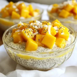 Für den Kokos-Mango-Chia-Pudding benötigst du einige einfache, gesunde Zutaten: - 1 Tasse Kokosmilch (aus der Dose oder aus dem Karton) - 1/2 Tasse frische Mango, gewürfelt - 1/4 Tasse Chiasamen - 2 Esslöffel Honig oder Ahornsirup (für die vegane Option) - 1/2 Teelöffel Vanilleextrakt - Prise Salz Diese Zutaten geben dem Pudding einen tollen Geschmack und eine cremige Textur. Die Kokosmilch sorgt für den besonderen tropischen Flair. Für die Dekoration kannst du noch mehr frische Mango und Kokosraspel verwenden. Diese sorgen für einen schönen Look und zusätzlichen Crunch. Ein kleines Minzblatt macht das Ganze noch frischer und hübscher. Wenn du keine Chiasamen hast, kannst du auch Leinsamen verwenden. Diese haben ähnliche Eigenschaften und geben dem Pudding eine gute Konsistenz. Statt Honig kannst du auch Agavendicksaft nehmen, wenn du es noch süßer magst. Denke daran, dass die Wahl der Zutaten den Geschmack beeinflussen kann, also probiere ruhig etwas Neues aus! {{ingredient_image_2}} Die Vorbereitungszeit für Kokos-Mango-Chia-Pudding beträgt nur 10 Minuten. Das ist wirklich schnell! Danach muss der Pudding mindestens 4 Stunden im Kühlschrank stehen. Am besten lassen Sie ihn über Nacht ruhen. So wird er schön dick und cremig. 1. Nehmen Sie eine Rührschüssel. Geben Sie die Kokosmilch, den Honig oder Ahornsirup, den Vanilleextrakt und eine Prise Salz hinein. 2. Verquirlen Sie die Zutaten mit einem Schneebesen, bis sie gut vermischt sind. 3. Fügen Sie die Chiasamen hinzu. Rühren Sie alles gründlich um, sodass die Samen gleichmäßig verteilt sind. 4. Lassen Sie die Mischung etwa 5 Minuten ruhen. Rühren Sie dann erneut um, um Klumpen zu vermeiden. 5. Decken Sie die Schüssel ab und stellen Sie sie in den Kühlschrank. 6. Nach der Kühlzeit schöpfen Sie den Pudding in Serviergläser oder Schalen. 7. Verleihen Sie jedem Pudding einen fruchtigen Touch mit gewürfelter Mango und Kokosraspeln. Um Klumpenbildung zu vermeiden, rühren Sie die Chiasamen gut ein. Lassen Sie die Mischung dann 5 Minuten ruhen und rühren Sie erneut um. Wenn Sie diese Schritte befolgen, bleibt der Pudding schön glatt. Um den Kokos-Mango-Chia-Pudding noch besser zu machen, probiere verschiedene Früchte aus. Ananas oder Beeren passen gut zu Kokos. Du kannst auch etwas Zimt oder Ingwer hinzufügen. Diese Gewürze bringen mehr Tiefe in den Geschmack. Ein Spritzer Limettensaft macht den Pudding frisch und lebendig. Sei kreativ und entdecke, was dir am besten schmeckt. Ein häufiger Fehler ist, die Chiasamen nicht gut zu vermischen. Das kann zu Klumpen führen. Rühre die Mischung gut um, besonders nach 5 Minuten. Achte darauf, dass die Chiasamen gleichmäßig in der Flüssigkeit verteilt sind. Ein weiterer Fehler ist, den Pudding nicht lange genug im Kühlschrank zu lassen. Er braucht Zeit, um die richtige Konsistenz zu erreichen. Mindestens 4 Stunden sind wichtig. Wenn du eine glutenfreie oder vegane Ernährung hast, ist dieses Rezept perfekt. Du kannst den Honig durch Ahornsirup ersetzen. Für eine proteinreiche Option füge etwas Joghurt hinzu. Achte darauf, dass die Zutaten, die du verwendest, deinen Bedürfnissen entsprechen. So bleibt der Pudding lecker und gesund. Pro Tipps Die richtige Konsistenz: Stellen Sie sicher, dass die Chiasamen gleichmäßig in der Kokosmilch verteilt sind, um eine gleichmäßige Textur zu erzielen. Rühren Sie nach 5 Minuten erneut um, um Klumpen zu vermeiden. Variationen: Experimentieren Sie mit verschiedenen Früchten wie Ananas oder Himbeeren, um den Pudding nach Ihrem Geschmack zu variieren. Jede Frucht bringt ihre eigene Süße und Frische mit. Vorsicht bei der Süße: Passen Sie die Menge an Honig oder Ahornsirup je nach Süße der verwendeten Früchte an. Frische Mangos können bereits süß genug sein, sodass Sie die Süßungsmittel reduzieren können. Servieroptionen: Servieren Sie den Pudding in Gläsern oder Schalen und garnieren Sie ihn mit frischen Minzblättern für einen zusätzlichen Farbtupfer und Aroma. {{image_4}} Kokos-Mango-Chia-Pudding ist sehr vielseitig. Du kannst andere Früchte verwenden. Probiere Beeren, Kiwi oder Ananas. Die Auswahl ist groß! Du kannst auch Schichten machen. Beginne mit einer Schicht Pudding und füge dann Früchte hinzu. Das sieht toll aus und schmeckt lecker. Aromen machen den Pudding noch besser. Füge Zimt oder Kardamom hinzu für einen warmen Geschmack. Du kannst auch etwas frisch geriebenen Ingwer verwenden. Vanilleextrakt ist eine gute Wahl, um die Süße zu heben. Experimentiere mit den Aromen, um deinen perfekten Pudding zu finden. Wenn du vegan oder zuckerfrei essen möchtest, gibt es viele Optionen. Verwende Ahornsirup statt Honig. Es gibt auch Zuckerersatzstoffe wie Stevia oder Erythrit. Diese halten den Pudding süß, ohne Zucker hinzuzufügen. Du kannst auch ungesüßte Kokosmilch verwenden. So bleibst du gesund und genießt trotzdem einen köstlichen Pudding. Um den Kokos-Mango-Chia-Pudding frisch zu halten, füllen Sie ihn in luftdichte Behälter. Diese Behälter schützen den Pudding vor Luft und Gerüchen. Verwenden Sie kleine Gläser oder Plastikbehälter mit Deckel. So bleibt der Pudding langanhaltend lecker. Im Kühlschrank hält sich der Pudding bis zu fünf Tage. Achten Sie darauf, ihn gut abzudecken. So bleibt er frisch und behält seinen Geschmack. Vor dem Servieren rühren Sie ihn einfach kurz durch. Das gibt dem Pudding wieder seine cremige Konsistenz. Ja, Sie können den Pudding auch einfrieren! Füllen Sie den Pudding in frische Behälter, die für das Einfrieren geeignet sind. Lassen Sie dabei etwas Platz, da der Pudding beim Gefrieren etwas an Volumen zunimmt. Zum Auftauen legen Sie den Pudding einfach über Nacht in den Kühlschrank. Rühren Sie ihn gut durch, wenn er aufgetaut ist. So bleibt die Konsistenz angenehm. Der Pudding braucht mindestens vier Stunden, um gut zu quellen. Ich empfehle, ihn über Nacht im Kühlschrank zu lassen. So wird er schön dick und cremig. Wenn du den Pudding früher servieren willst, lasse ihn wenigstens vier Stunden ruhen. Überprüfe die Konsistenz, um sicherzustellen, dass er die richtige Dicke hat. Ja, du kannst Kokosmilch durch andere Milchalternativen ersetzen. Mandelmilch oder Hafermilch sind gute Optionen. Beachte, dass der Geschmack dann etwas anders sein wird. Wenn du auf den Kokosgeschmack stehst, bleibe bei Kokosmilch. Wenn du eine cremigere Textur möchtest, wähle eine dickere Milchalternative. Ja, Chia-Pudding ist sehr gesund. Chiasamen sind reich an Ballaststoffen und Omega-3-Fettsäuren. Sie helfen, den Körper mit Energie zu versorgen und die Verdauung zu fördern. Der Pudding ist auch eine gute Quelle für Proteine. Wenn du ihn mit frischen Früchten wie Mango kombinierst, erhältst du noch mehr Vitamine. Der Kokos-Mango-Chia-Pudding bietet eine einfache und köstliche Option. Du hast die Hauptzutaten und Variationen kennengelernt. Die Schritt-für-Schritt-Anleitung hilft dir, Klumpen zu vermeiden. Mit unseren Tipps und Tricks kannst du den Geschmack leicht verbessern. Achte darauf, den Pudding richtig zu lagern, damit er frisch bleibt. Insgesamt ist dieser Pudding ein gesunder Genuss, den du nach Belieben anpassen kannst. Probiere verschiedene Aromen aus und kreiere deine eigene Variante!