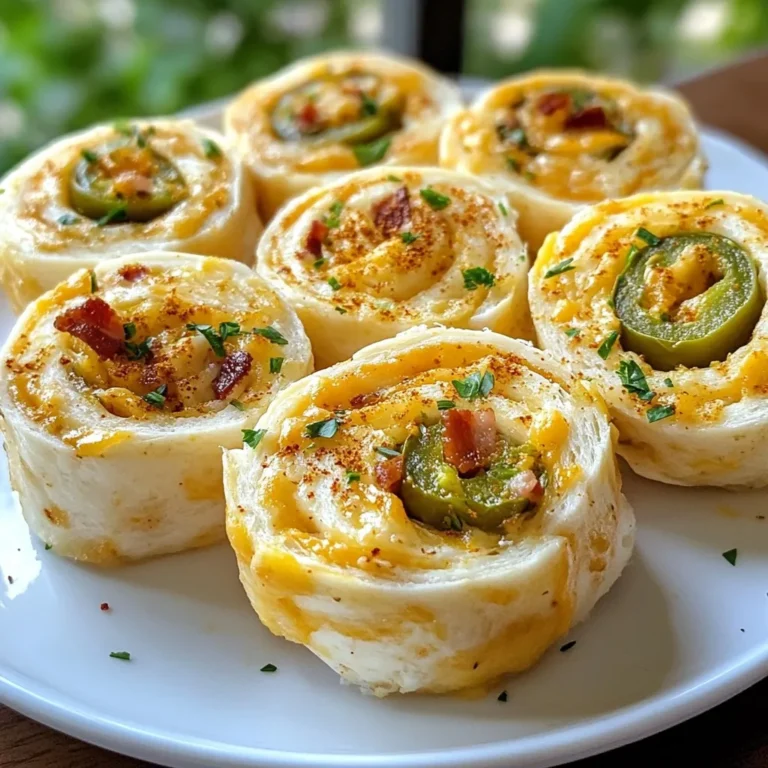 Für die Jalapeño Popper Pinwheels benötigst du: - 1 große Weizentortilla - 115 g Frischkäse, weich und cremig - 100 g geriebener scharfer Cheddar-Käse - 2 frische Jalapeños, fein gewürfelt, Kerne entfernt - 60 ml gekochter und zerbröselter Speck (optional) - 60 ml grüne Zwiebeln, fein gehackt - 1 Teelöffel Knoblauchpulver - 1 Teelöffel Zwiebelpulver - Salz und Pfeffer nach Geschmack - Ein Hauch Paprika zur Garnitur Diese Zutaten geben den Pinwheels ihren tollen Geschmack. Die Tortilla hält alles zusammen. Frischkäse ist eine gute Wahl für die Basis. Er macht die Mischung cremig und hilft beim Rollen. Du kannst auch andere Käsesorten verwenden, aber der scharfe Cheddar gibt einen schönen Kick. Der Cheddar passt gut zu den Jalapeños und sorgt für einen herzhaften Geschmack. Du kannst die Pinwheels nach deinem Geschmack anpassen. Füge mehr Gemüse wie Paprika oder Spinat hinzu. Wenn du es schärfer magst, nimm mehr Jalapeños oder verwende andere scharfe Chilis. Der Speck ist optional, aber er bringt einen tollen Crunch. Bleibe kreativ und finde die perfekte Mischung, die dir schmeckt. {{ingredient_image_2}} Beginne mit einer mittleren Schüssel. Füge den weichen Frischkäse und den geriebenen Cheddar hinzu. Schneide die Jalapeños klein und entferne die Kerne, um die Schärfe zu reduzieren. Gib die Jalapeños in die Schüssel. Wenn du Speck magst, zerbrösele ihn und füge ihn hinzu. Füge die gehackten grünen Zwiebeln, das Knoblauchpulver, das Zwiebelpulver, Salz und Pfeffer hinzu. Vermische alles gut, bis die Mischung gleichmäßig aussieht. Lege die Weizentortilla auf ein sauberes Schneidebrett. Nimm die Käsemischung und verteile sie gleichmäßig auf der Tortilla. Achte darauf, am Rand etwa einen halben Zoll frei zu lassen. So bleibt die Füllung beim Rollen nicht hängen. Starte an einem Ende der Tortilla. Rolle sie vorsichtig auf, bis du eine feste Rolle hast. Achte darauf, die Mischung nicht herauszudrücken. Wickele die aufgerollte Tortilla in Frischhaltefolie. Lege sie dann für mindestens 30 Minuten in den Kühlschrank. So wird sie fest und lässt sich besser schneiden. Nach der Kühlzeit nimm die Rolle heraus und entferne die Folie. Verwende ein scharfes Messer, um die Rolle in 2,5 cm dicke Pinwheels zu schneiden. Lege die Pinwheels auf eine Servierplatte und bestreue sie mit Paprika für mehr Farbe und Geschmack. Um perfekte Jalapeño Popper Pinwheels zu machen, achte auf die richtigen Zutaten. Verwende frischen Frischkäse. Dieser sollte weich sein, um gut zu vermischen. Übermixen kann die Textur ruinieren. Halte die Jalapeños klein, damit sie gleichmäßig verteilt sind. Lass die Kerne weg, wenn du weniger Schärfe möchtest. Achte darauf, dass die Tortilla nicht reißt, wenn du sie rollst. Die Mischung sollte cremig, aber nicht zu flüssig sein. Wenn sie zu dick ist, füge einen kleinen Löffel Frischkäse hinzu. Zu viel Flüssigkeit kann die Tortilla durchweichen. Die richtige Balance ist wichtig, damit die Pinwheels gut zusammenhalten. Probier das Verhältnis von Käse und Jalapeños aus, um deinen perfekten Geschmack zu finden. Kühle die gerollte Tortilla mindestens 30 Minuten. Dies hilft, die Pinwheels fest zu machen. Wenn du mehr Zeit hast, lass sie bis zu zwei Stunden im Kühlschrank. So bleiben sie beim Schneiden in Form. Eine längere Kühlzeit verbessert den Geschmack, da die Aromen sich verbinden. Pro Tipps Wählen Sie die richtigen Jalapeños: Für eine mildere Variante entfernen Sie die Kerne und die weißen Membranen der Jalapeños, um die Schärfe zu reduzieren. Frischhaltefolie verwenden: Wickeln Sie die Rolle fest in Frischhaltefolie, um sicherzustellen, dass sie beim Kühlen ihre Form behält. Variationen ausprobieren: Experimentieren Sie mit verschiedenen Käsesorten wie Gouda oder Pepper Jack, um den Geschmack zu variieren. Servieren mit Dips: Diese Pinwheels schmecken großartig mit Sour Cream oder einer scharfen Salsa als Dip. {{image_4}} Für eine vegetarische Option lasse den Speck weg. Du kannst mehr Gemüse hinzufügen. Frische Paprika oder Avocado passen gut. Diese Zutaten bringen Frische und zusätzliche Aromen. Experimentiere mit Gewürzen! Füge etwas Kreuzkümmel oder Chili-Pulver hinzu. Das gibt den Pinwheels einen besonderen Kick. Du kannst auch verschiedene Käsesorten nutzen. Gouda oder Feta bieten neue Geschmackserlebnisse. Wenn du auf Kalorien achtest, nutze fettarmen Frischkäse. Du kannst auch Vollkorn-Tortillas verwenden. Diese sind nahrhaft und lecker. Du kannst die Menge an Käse reduzieren, um Kalorien zu sparen. Um die Jalapeño Popper Pinwheels frisch zu halten, lagere sie in einem luftdichten Behälter. Achte darauf, dass die Pinwheels nicht zusammengedrückt werden. Das kann ihre Form ruinieren. Wenn du sie für eine Party machst, bereite sie am besten am Abend vorher vor. So sind sie bereit, wenn du sie brauchst. Im Kühlschrank halten sich die Pinwheels bis zu drei Tage. Stelle sicher, dass sie gut abgedeckt sind. Nach drei Tagen kann der Geschmack nachlassen. Wenn sie komisch riechen oder aussehen, wirf sie besser weg. Sicherheit geht vor! Du kannst die Pinwheels auch einfrieren. Wickel sie gut in Frischhaltefolie und lege sie in einen Gefrierbeutel. So bleiben sie bis zu drei Monate frisch. Zum Auftauen lege sie einfach über Nacht in den Kühlschrank. Du kannst sie auch direkt einfrieren, aber die Textur könnte sich danach ändern. Achte darauf, sie vor dem Servieren wieder gut durchzuwärmen. Jalapeño Popper Pinwheels halten sich im Kühlschrank etwa 3 bis 5 Tage. Lagern Sie sie in einem luftdichten Behälter, um Frische zu bewahren. Wenn sie länger halten sollen, können Sie sie einfrieren. Eingefroren bleiben sie bis zu 2 Monate gut. Lassen Sie sie dann einfach im Kühlschrank auftauen, bevor Sie sie servieren. Ja, Sie können verschiedene Käsesorten verwenden! Frischkäse und Cheddar sind großartig, aber probieren Sie auch Gouda oder Monterey Jack. Diese Käsesorten geben einen anderen Geschmack und eine andere Textur. Experimentieren Sie mit Ihren Lieblingssorten. So machen Sie die Pinwheels einzigartig und nach Ihrem Geschmack. Zu Jalapeño Popper Pinwheels passen viele Beilagen. Servieren Sie sie mit Salsa oder Guacamole für einen frischen Kick. Ein einfacher Salat kann auch eine gute Wahl sein. Wenn Sie etwas Herzhaftes wollen, sind Nachos mit Käse eine tolle Ergänzung. Diese Beilagen machen Ihr Snack-Erlebnis noch besser! Jalapeño Popper Pinwheels sind einfach zuzubereiten und lecker. Wir haben die besten Zutaten besprochen und wie man sie perfekt zubereitet. Tipps helfen Ihnen, häufige Fehler zu vermeiden und die besten Varianten auszuprobieren. Lagerung ist wichtig, um die Frische zu erhalten. Am Ende können Sie kreativ werden und Ihre eigenen Ideen einbringen. Probieren Sie es aus und genießen Sie Ihre köstlichen Pinwheels!