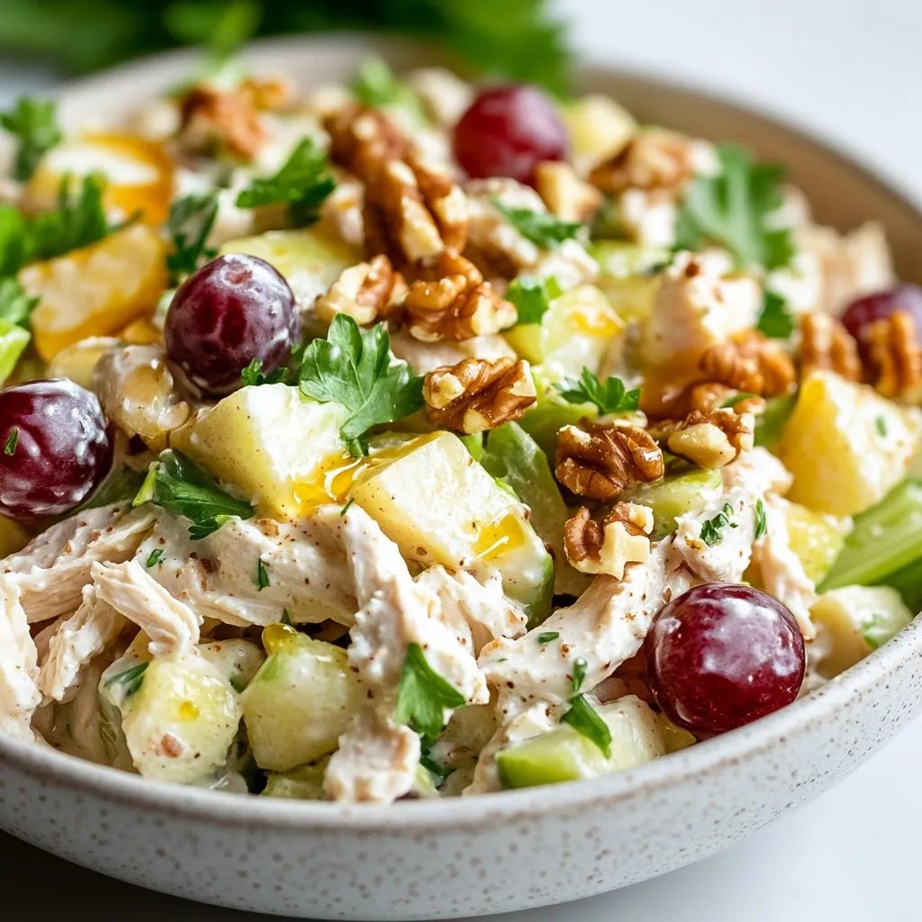 Für diesen leckeren Salat brauchst du: - 2 Tassen gekochte Hähnchenbrust, zerrissen - 1 Tasse Natur-Joghurt (griechisch) - 1/2 Tasse Sellerie, gewürfelt - 1/2 Tasse rote Trauben, halbiert - 1/2 Tasse Äpfel, gewürfelt (vorzugsweise eine süße Sorte) - 1/4 Tasse Walnüsse, gehackt - 2 Esslöffel Honig - 1 Esslöffel Dijonsenf - 1 Esslöffel Zitronensaft - Salz und Pfeffer nach Geschmack - Frischer Dill oder Petersilie zur Garnierung (optional) Diese Zutaten machen den Salat frisch und fruchtig. Das Hähnchen bringt Protein, während der Joghurt die perfekte Cremigkeit gibt. Der Sellerie sorgt für Knusprigkeit und die Trauben fügen eine süße Note hinzu. Du kannst den Salat nach deinem Geschmack anpassen. Hier sind einige Ideen: - Füge Avocado für eine cremige Textur hinzu. - Verwende verschiedene Nüsse wie Mandeln oder Pecannüsse. - Probiere auch andere Früchte wie Ananas oder Mango aus. - Eine Prise Zimt kann einen neuen Geschmack bringen. Diese zusätzlichen Zutaten können den Salat noch interessanter machen. Lass deiner Kreativität freien Lauf! Achte beim Einkaufen auf die Qualität der Zutaten. Hier sind einige Tipps: - Wähle frisches Hähnchen ohne Haut für den besten Geschmack. - Kaufe griechischen Joghurt mit hohem Fettgehalt für mehr Cremigkeit. - Achte auf knackigen Sellerie ohne braune Stellen. - Wähle süße Äpfel wie Gala oder Fuji für eine gute Balance. Gute Zutaten machen einen großen Unterschied in der Qualität deines Salats. So schmeckt er noch besser! {{ingredient_image_2}} Beginne mit zwei Tassen gekochter Hähnchenbrust. Zerrisse das Hähnchen in kleine Stücke. Nimm eine große Schüssel und gib das zerrissene Hähnchen hinein. Füge eine Tasse griechischen Natur-Joghurt hinzu. Mische alles gut, bis das Hähnchen komplett mit Joghurt bedeckt ist. Dies macht den Salat cremig und lecker. Jetzt kommen die frischen Zutaten. Nimm eine halbe Tasse gewürfelten Sellerie. Füge diesen in die Schüssel. Dann nimm eine halbe Tasse rote Trauben und halbiere sie. Gib die Trauben ebenfalls in die Schüssel. Nun kommen die Äpfel ins Spiel. Nimm eine halbe Tasse gewürfelte Äpfel, am besten eine süße Sorte. Schließlich füge eine viertel Tasse gehackte Walnüsse hinzu. Mische alles vorsichtig zusammen, damit sich die Zutaten gut verteilen. Für das Dressing brauchst du eine kleine Schüssel. Gib zwei Esslöffel Honig hinein. Füge einen Esslöffel Dijonsenf und einen Esslöffel Zitronensaft hinzu. Verfeinere das Dressing mit Salz und Pfeffer nach Geschmack. Verquirle alles gut, bis die Mischung glatt ist. Gieße das Dressing über die Hähnchenmischung in der großen Schüssel. Hebe alles vorsichtig unter, damit die Aromen sich gut vermischen. Lass den Salat mindestens 30 Minuten im Kühlschrank ruhen. So können die Aromen richtig durchziehen. Vor dem Servieren kannst du den Salat optional mit frischem Dill oder Petersilie garnieren. Um das Hähnchen für den Salat perfekt zuzubereiten, koche ich die Hähnchenbrust in leicht gesalzenem Wasser. Das macht das Fleisch zart und saftig. Du kannst auch das Hähnchen grillen oder braten, um mehr Geschmack zu bekommen. Wenn du es zerrisst, bleibt die Textur locker und leicht. Lass das Hähnchen nach dem Kochen etwas abkühlen, bevor du es zerrisst. Der Salat ist sehr anpassbar. Du kannst verschiedene Früchte wie Ananas oder Beeren verwenden. Wenn du es schärfer magst, füge etwas Jalapeño oder scharfen Senf hinzu. Für einen herzhafteren Geschmack können geröstete Mandeln oder Pecannüsse eine tolle Ergänzung sein. Experimentiere mit Kräutern wie Basilikum oder Estragon, um neue Aromen zu entdecken. Lass den Salat mindestens 30 Minuten im Kühlschrank ruhen. So kann sich der Geschmack entfalten. Wenn du Gäste hast, serviere ihn in einer schönen Schüssel. Ein Bett aus frischem Salat macht die Präsentation noch schöner. Ich empfehle, den Salat vor dem Servieren vorsichtig umzurühren, um sicherzustellen, dass alles gut vermischt ist. Pro Tipps Hähnchen vorbereiten: Verwenden Sie gekochte Hähnchenbrust vom Vortag oder aus der Gefriertruhe, um Zeit zu sparen und den Salat schnell zuzubereiten. Variationen der Früchte: Experimentieren Sie mit verschiedenen Obstsorten wie Ananas oder Beeren für einen zusätzlichen Geschmackskick und eine interessante Textur. Dressing anpassen: Passen Sie die Süße des Dressings an, indem Sie mehr oder weniger Honig verwenden, je nach Vorliebe und Fruchtigkeit der Früchte. Frische Kräuter nutzen: Verwenden Sie frischen Dill oder Petersilie, um dem Salat einen aromatischen Frischekick zu geben und das Gesamtbild zu verbessern. {{image_4}} Wenn Sie eine vegetarische Option suchen, können Sie das Hähnchen durch Kichererbsen ersetzen. Kichererbsen sind proteinreich und machen den Salat nahrhaft. Sie können auch gewürfelten Tofu verwenden, um eine ähnliche Textur zu erhalten. Ebenso sind gebratene Zucchini oder Auberginen eine tolle Ergänzung. Diese Gemüse sorgen für einen herzhaften Geschmack. Das Dressing ist der Schlüssel zu einem leckeren Salat. Experimentieren Sie mit verschiedenen Gewürzen wie Kreuzkümmel oder Paprika. Für eine schärfere Note können Sie etwas Cayennepfeffer hinzufügen. Ein Spritzer Apfelessig statt Zitronensaft gibt dem Salat einen anderen Kick. Wenn Sie es süßer mögen, fügen Sie mehr Honig hinzu. Je nach Region können Sie lokale Zutaten hinzufügen. In Griechenland könnten Oliven und Feta-Käse eine schöne Ergänzung sein. In Deutschland passen Äpfel gut in den Salat, besonders die süßen Sorten. In der Nähe des Mittelmeers können Sie frische Kräuter wie Oregano oder Thymian verwenden. Diese bringen frische Aromen in Ihr Gericht. Um den Griechischen Joghurt-Hähnchensalat frisch zu halten, lagern Sie ihn im Kühlschrank. Verwenden Sie einen luftdichten Behälter, um ihn vor Gerüchen zu schützen. Achten Sie darauf, dass der Salat nicht zu lange bei Raumtemperatur steht. Bei Zimmertemperatur verliert er schnell seine Frische. Dieser Salat bleibt im Kühlschrank etwa drei bis fünf Tage haltbar. Nach dieser Zeit können die Zutaten an Qualität verlieren. Überprüfen Sie immer den Geruch und das Aussehen des Salats, bevor Sie ihn essen. Wenn etwas seltsam aussieht oder riecht, entsorgen Sie ihn lieber. Einfrieren ist für diesen Salat nicht ideal, da die Textur leidet. Wenn Sie jedoch Reste einfrieren möchten, trennen Sie das Dressing von den anderen Zutaten. Sie können die Hähnchenmischung ohne das Dressing einfrieren. Wenn Sie bereit sind, ihn zu essen, tauen Sie den Salat im Kühlschrank auf und fügen Sie das Dressing frisch hinzu. So bleibt der Salat schmackhaft und frisch. Der Griechische Joghurt-Hähnchensalat hat etwa 300 Kalorien pro Portion. Diese Zahl kann je nach verwendeten Zutaten leicht variieren. Zum Beispiel zählen die Walnüsse und der Honig zu den kalorienreicheren Bestandteilen. Dennoch bleibt der Salat eine gesunde Wahl, da er viel Protein und frisches Gemüse enthält. Ja, du kannst diesen Salat im Voraus zubereiten. Er schmeckt sogar besser, wenn er eine Zeit im Kühlschrank war. Bereite den Salat bis zu zwei Tage im Voraus zu. Lagere ihn in einem luftdichten Behälter. So bleiben die Zutaten frisch und die Aromen vermischen sich gut. Zu diesem Salat passen verschiedene Beilagen. Hier sind einige Vorschläge: - Frisches Brot oder Brötchen - Grüner Salat mit Zitronen-Dressing - Gemüse-Sticks mit Hummus - Reis oder Quinoa als Beilage Diese Optionen ergänzen den Salat gut und sorgen für eine ausgewogene Mahlzeit. Der Griechische Joghurt-Hähnchensalat ist einfach und lecker. Wir haben die wichtigsten Zutaten besprochen, die Sie nutzen sollten, und Tipps zur Auswahl gegeben. Die Schritt-für-Schritt-Anleitung zeigt, wie Sie Hähnchen und Joghurt perfekt kombinieren. Die Möglichkeiten für Variationen und Anpassungen bringen neuen Schwung in Ihr Rezept. Denken Sie an die Lagerung, um die Qualität zu erhalten. Mit diesen einfachen Ideen können Sie schnell einen gesunden Salat zaubern. Probieren Sie es aus und genießen Sie Ihre Mahlzeit!