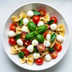 Für den perfekten Caprese Pasta Salad benötigst du folgende Hauptzutaten: - 225 g Farfalle (Schmetterlingsnudeln) - 1 Tasse Kirschtomaten, halbiert - 1 Tasse Mini-Mozzarellakugeln (Bocconcini) - 1 Tasse frische Basilikumblätter, grob zerrissen Diese Zutaten bilden die Grundlage für deinen Salat. Die Kombination aus Nudeln, Tomaten, Mozzarella und Basilikum sorgt für einen frischen Geschmack. Um deinem Salat das gewisse Etwas zu verleihen, kannst du folgende Zutaten hinzufügen: - 60 ml extra natives Olivenöl - 2 Esslöffel Balsamico-Glasur - Salz und Pfeffer nach Geschmack - 1 Teelöffel Knoblauchpulver - 1 Esslöffel Pinienkerne, geröstet (optional) Das Olivenöl und die Balsamico-Glasur geben dem Salat Tiefe. Knoblauchpulver sorgt für zusätzlichen Geschmack, während die Pinienkerne einen schönen Crunch hinzufügen. Achte beim Einkauf auf frische Zutaten. Hier sind einige Tipps: - Wähle festere Kirschtomaten ohne Druckstellen. - Suche nach Mozzarella, der frisch und nicht trocken ist. - Basilikum sollte grün und duftend sein, ohne braune Blätter. Frische Zutaten machen den Unterschied. Sie sorgen für einen geschmackvollen und farbenfrohen Salat. {{ingredient_image_2}} Um die Farfalle perfekt zu kochen, bringe einen großen Topf mit leicht gesalzenem Wasser zum Kochen. Füge die Nudeln hinzu und koche sie laut Verpackung bis sie „al dente“ sind. Dies bedeutet, dass sie außen weich und innen noch bissfest sind. Gieße die Nudeln ab und spüle sie unter kaltem Wasser ab. So stoppst du den Kochprozess und kühlst die Nudeln schnell. Für ein einfaches Dressing nimm eine kleine Schüssel. Mische das extra native Olivenöl, die Balsamico-Glasur und das Knoblauchpulver. Füge Salz und Pfeffer hinzu. Verquirle alles gut mit einer Gabel. Probiere das Dressing und passe die Gewürze nach deinem Geschmack an. Ein gutes Dressing macht den Salat frisch und lecker. In einer großen Rührschüssel vermenge die abgekühlten Nudeln, die halbierten Kirschtomaten und die Mini-Mozzarellakugeln. Füge die grob zerrissenen Basilikumblätter hinzu. Wenn du magst, streue die gerösteten Pinienkerne darüber. Sie geben dem Salat einen tollen Crunch. Mische alles vorsichtig, damit die Zutaten nicht zerdrückt werden. Gieße das Dressing über den Nudel-Salat. Mische alles behutsam, bis alle Zutaten gleichmäßig bedeckt sind. Lasse den Salat zehn Minuten bei Raumtemperatur stehen. So können sich die Aromen gut vermischen. Serviere den Salat in einer großen Schüssel oder auf einzelnen Tellern. Garnieren kannst du mit frischen Basilikumblättern und einem Schuss Balsamico-Glasur. Um den Caprese Pasta Salad noch besser zu machen, gibt es einige einfache Tricks. Fügen Sie frische Kräuter wie Oregano oder Thymian hinzu. Diese Kräuter bringen einen neuen Geschmack. Ein Spritzer Zitrone kann Frische hinzufügen. Für mehr Tiefe, nutzen Sie geröstete Pinienkerne. Diese geben einen tollen Crunch und ein nussiges Aroma. Der Salat passt gut zu vielen Beilagen. Servieren Sie ihn mit knusprigem Brot oder Baguette. Ein frischer grüner Salat ergänzt die Aromen. Gegrilltes Hähnchen oder Fisch sind ebenfalls gute Optionen. Diese Beilagen machen Ihr Essen noch vollständiger und leckerer. Um Zeit zu sparen, können Sie die Nudeln im Voraus kochen. Lagern Sie die abgekühlten Nudeln in einem Behälter. Das Dressing können Sie auch vorher zubereiten. Es bleibt im Kühlschrank frisch. Wenn Sie frische Zutaten verwenden, schneiden Sie diese gleich nach dem Einkaufen. So sind sie bereit, wenn Sie den Salat zubereiten möchten. Pro Tipps Optimale Nudelgarzeit: Achten Sie darauf, die Farfalle al dente zu kochen, um eine angenehme Bissfestigkeit im Salat zu gewährleisten. Basilikum frisch halten: Zerrissenes Basilikum verleiht dem Salat mehr Aroma. Fügen Sie es erst kurz vor dem Servieren hinzu, um die Frische zu bewahren. Pinienkerne rösten: Rösten Sie die Pinienkerne in einer trockenen Pfanne, um ihren Geschmack zu intensivieren und eine knusprige Textur zu erzielen. Dressing anpassen: Probieren Sie verschiedene Essigsorten oder fügen Sie frischen Zitronensaft hinzu, um dem Dressing eine persönliche Note zu verleihen. {{image_4}} Für eine vegetarische Variante des Caprese Pasta Salats können Sie die Mini-Mozzarellakugeln durch pflanzliche Käsealternativen ersetzen. Diese sind oft aus Nüssen oder Soja. Auch Feta-Käse ist eine tolle Wahl. Er bringt einen salzigen Geschmack. Fügen Sie zusätzlich geröstete Paprika für mehr Farbe und Geschmack hinzu. Um den Salat kalorienärmer zu machen, nutzen Sie Vollkorn-Farfalle oder Zucchini-Nudeln. Zucchini-Nudeln sind leicht und frisch. Verwenden Sie außerdem weniger Olivenöl im Dressing. Ein Spritzer Zitronensaft verleiht Frische und schmeckt lecker. Verwenden Sie auch weniger Käse, um Kalorien zu sparen. Im Frühling passen grüne Erbsen gut dazu. Sie bringen Süße und Farbe. Im Sommer sind frische, reife Tomaten am besten. Im Herbst können Sie geröstete Kürbiswürfel hinzufügen. Im Winter sind getrocknete Tomaten eine gute Wahl. Sie verleihen dem Salat Tiefe und Geschmack. Experimentieren Sie mit verschiedenen Kräutern wie Oregano oder Thymian. Um den Caprese Pasta Salad frisch zu halten, lagern Sie ihn im Kühlschrank. Nutzen Sie eine luftdichte Dose oder eine Schüssel mit einem Deckel. So bleibt der Salat für bis zu zwei Tage frisch. Die kühlen Temperaturen bewahren den Geschmack und die Textur der Zutaten. Falls Sie Reste haben, stellen Sie sicher, dass der Salat gut abgedeckt ist. Verwenden Sie Frischhaltefolie oder einen Deckel. Vor dem Essen sollten Sie den Salat kurz umrühren. So vermischen sich die Aromen wieder gut. Vermeiden Sie es, den Salat länger als zwei Tage aufzubewahren. Danach könnten die Zutaten matschig werden. Um die Frische der Zutaten zu bewahren, lagern Sie die einzelnen Komponenten separat. Halten Sie die Nudeln, Tomaten und Mozzarella getrennt bis zum Servieren. Das verhindert, dass die Nudeln die Feuchtigkeit aus den Tomaten aufnehmen. Frische Basilikumblätter können Sie in ein feuchtes Papiertuch wickeln und im Kühlschrank lagern. So bleiben sie länger grün und knackig. Ja, du kannst andere Pastasorten verwenden. Farfalle passen gut zu diesem Rezept, aber auch Fusilli oder Penne sind eine tolle Wahl. Jede Form gibt dem Salat eine andere Textur. Wähle die, die du magst oder die du zu Hause hast. Du kannst den Salat bis zu drei Tage im Kühlschrank aufbewahren. Stelle sicher, dass du ihn in einem luftdichten Behälter lagerst. Die Aromen werden mit der Zeit besser, aber die frischen Zutaten sollten nicht zu lange lagern. Das ursprüngliche Rezept ist nicht glutenfrei, da Farfalle aus Weizen gemacht werden. Du kannst jedoch glutenfreie Pasta verwenden, die in vielen Geschäften erhältlich ist. Achte darauf, die Kochzeit entsprechend anzupassen. Wenn du keinen Mozzarella magst, kannst du Feta oder Ricotta verwenden. Beides bringt einen anderen Geschmack. Feta gibt einen salzigen Kick, während Ricotta eine cremige Note hinzufügt. Du kannst auch vegane Käsealternativen ausprobieren, um den Salat pflanzenbasiert zu machen. Der Caprese Pasta Salad ist einfach und voller Geschmack. Wir haben die Hauptzutaten und zusätzliche Optionen besprochen. Frische Zutaten sind der Schlüssel. Dann folgt die Schritt-für-Schritt-Anleitung, um perfekt gekochte Nudeln und ein tolles Dressing zu erstellen. Zwischendurch gab es Tipps, um den Salat noch besser zu machen. Variationen und Lagerung helfen, das Rezept anzupassen und länger haltbar zu machen. Mit wenigen Tricks kannst du diesen Salat immer wieder neu genießen. Lass dich inspirieren und kreiere deinen perfekten Caprese Pasta Salad!