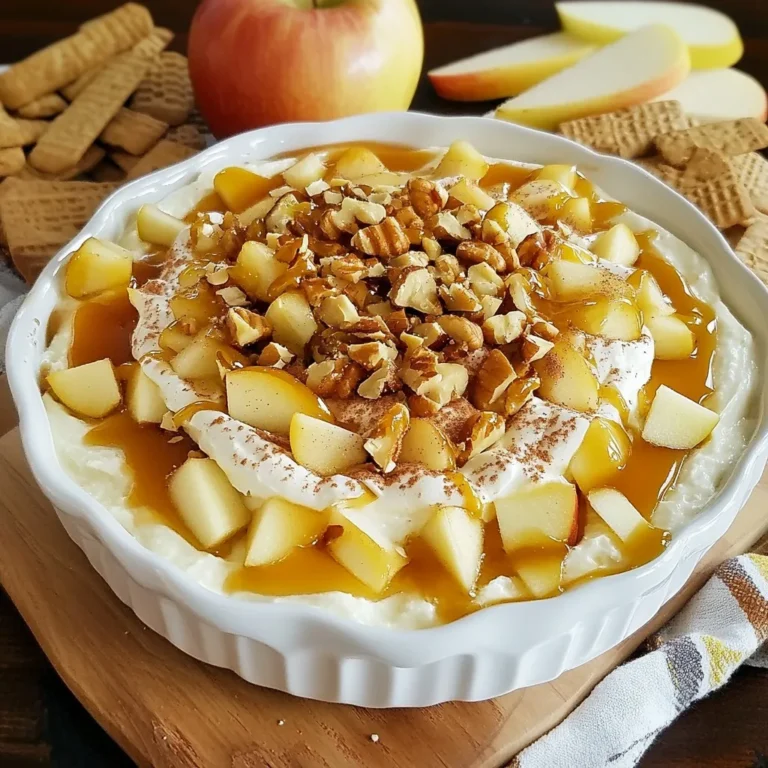 Um diesen leckeren Dip zuzubereiten, brauchst du einige Hauptzutaten. Hier sind sie: - 225 g Frischkäse, weichgemacht - 60 g Puderzucker - 1 Teelöffel Vanilleextrakt - 120 ml Karamellsauce - 1 Apfel, gewürfelt (Granny Smith oder Honeycrisp) - 1/2 Teelöffel Zimt - 30 g gehackte Nüsse (Pekannüsse oder Walnüsse) Diese Zutaten bilden die Basis des Dips. Der Frischkäse sorgt für eine cremige Textur. Der Puderzucker gibt Süße. Vanilleextrakt bringt ein tolles Aroma. Die Karamellsauce macht alles noch schmackhafter. Der Apfel gibt Frische. Zimt fügt Wärme hinzu. Nüsse sorgen für einen knusprigen Biss. Einige Zutaten geben dem Dip einen besonderen Geschmack. Karamellsauce ist hier das Highlight. Sie kann gekauft oder selbst gemacht werden. Sie bietet süße und tiefe Aromen. Zimt ist ein weiterer Star. Er macht den Dip würzig und gemütlich. Die Apfelsorte beeinflusst auch den Geschmack. Granny Smith ist sauer und knackig. Honeycrisp ist süßer und saftig. Wähle, was dir besser gefällt. Falls du keine bestimmten Zutaten hast, gibt es Alternativen. Statt Frischkäse kannst du griechischen Joghurt verwenden. Er ist leichter und hat einen anderen Geschmack. Für den Puderzucker kann Honig oder Agavendicksaft genommen werden. So bleibt der Dip süß, aber mit weniger Zucker. Anstelle von Karamellsauce kannst du Schokoladensauce verwenden, wenn du Schokolade magst. Auch andere Nüsse sind möglich, wie Mandeln oder Haselnüsse. Sei kreativ und passe das Rezept nach deinem Geschmack an! {{ingredient_image_2}} Um die Basis für unseren Dip zu machen, nehme ich 225 g weichen Frischkäse. Ich gebe ihn in eine große Rührschüssel. Mit einem Elektromixer schlage ich den Frischkäse, bis er glatt und cremig ist. Dann füge ich 60 g Puderzucker und 1 Teelöffel Vanilleextrakt hinzu. Ich mixe alles gut, bis die Mischung fluffig ist. Jetzt ist es Zeit für den Apfel! Ich nehme einen Apfel, zum Beispiel einen Granny Smith oder Honeycrisp, und schneide ihn in kleine Würfel. Diese gebe ich vorsichtig in die Frischkäse-Mischung. Zusätzlich streue ich 1/2 Teelöffel Zimt hinein. Ich hebe alles sanft unter, damit die Apfelstücke gleichmäßig verteilt sind. Ich gebe die Frischkäse-Mischung in eine flache Servierplatte. Mit einem Spatel streiche ich die Oberfläche glatt. Dann träufle ich 120 ml Karamellsauce großzügig über die Mischung. Um den Dip noch besser zu machen, streue ich 30 g gehackte Nüsse darauf. Jetzt kann ich ihn sofort mit Apfelscheiben und Graham-Crackern servieren oder kurz in den Kühlschrank stellen. So bleibt er frisch und lecker! Um den perfekten Dip zu erreichen, achte auf die Konsistenz. Der Frischkäse sollte weich und cremig sein. Lass ihn vor der Zubereitung etwas stehen, damit er Raumtemperatur erreicht. Dies hilft beim Mixen. Wenn der Dip zu dick ist, füge einen kleinen Schuss Milch hinzu. Mixe gut, bis die gewünschte Konsistenz erreicht ist. Wenn du es magst, kannst du auch mehr Karamellsauce hinzufügen, um es süßer zu machen. Die Wahl zwischen hausgemachter und gekaufter Karamellsauce hängt von dir ab. Hausgemachte Sauce ist frisch und hat einen tollen Geschmack. Sie ist einfach zu machen. Du brauchst nur Zucker, Butter und Sahne. Gekaufte Karamellsauce ist schnell und praktisch. Sie funktioniert gut, wenn du wenig Zeit hast. Beide Optionen sind lecker und passen gut zu diesem Dip. Die Präsentation macht den Unterschied. Richte den Dip in einer flachen Schüssel an. Streue die gehackten Nüsse gleichmäßig darüber. Das gibt einen schönen Crunch. Arrangiere die Apfelscheiben in einem Kreis um den Dip. Lege die Graham-Cracker in eine kleine Schüssel daneben. Diese Anordnung sieht einladend aus und macht Lust auf mehr. Pro Tipps Wähle den richtigen Apfel: Verwende säuerliche Äpfel wie Granny Smith oder süße wie Honeycrisp, um eine perfekte Balance aus Süße und Säure zu erreichen. Karamellsauce selbst machen: Für einen besonderen Twist kannst du die Karamellsauce selbst zubereiten, indem du Zucker, Wasser und Sahne erhitzt, bis sie goldbraun und sirupartig ist. Frischkäse richtig vorbereiten: Lass den Frischkäse vor der Verwendung auf Zimmertemperatur kommen, damit er sich leichter cremig schlagen lässt und die Konsistenz des Dips verbessert wird. Serviertipps: Stelle sicher, dass du die Apfelscheiben sofort nach dem Schneiden mit etwas Zitronensaft beträufelst, um eine Braunfärbung zu vermeiden und die Frische zu erhalten. {{image_4}} Du kannst den Karamell-Apfel-Cheesecake-Dip noch besser machen. Füge geschmolzene Schokolade hinzu. Dunkle Schokolade passt gut zu den Äpfeln. Diese Kombination bringt eine süße und herbe Note. Du kannst auch Schokoladenstückchen hineinmischen. Das gibt mehr Textur und Geschmack. Geriebene Schokolade als Topping sieht toll aus und schmeckt lecker. Wenn du gesünder essen möchtest, gibt es viele Möglichkeiten. Du kannst den Frischkäse durch griechischen Joghurt ersetzen. Das macht den Dip leichter und cremiger. Verwende Honig anstelle von Puderzucker. So erhältst du eine natürliche Süße. Für den Crunch kannst du Sonnenblumenkerne oder Mandeln nutzen. Diese Optionen sind nährstoffreich und schmackhaft. Der Dip ist perfekt für den Herbst. Füge gemahlene Muskatnuss oder Ingwer hinzu. Diese Gewürze geben einen warmen Geschmack. Du kannst auch getrocknete Cranberries oder Rosinen hinzufügen. Diese Früchte bringen eine süße Note und Farbe. Wenn du Magie für die Feiertage willst, benutze Kürbispüree. Das macht den Dip weihnachtlich und köstlich. Du kannst den Karamell-Apfel-Cheesecake-Dip einfach im Kühlschrank lagern. Verwende einen luftdichten Behälter. So bleibt er frisch. Der Dip hält sich bis zu fünf Tage. Stelle sicher, dass du den Dip gut abdeckst. So vermeidest du, dass er Gerüche von anderen Lebensmitteln aufnimmt. Einfrieren ist eine gute Option, wenn du Reste hast. Fülle den Dip in einen gefriergeeigneten Behälter. Achte darauf, etwas Platz zu lassen, da der Dip beim Gefrieren expandiert. Du kannst ihn bis zu drei Monate im Gefrierfach aufbewahren. Um ihn zu genießen, taue den Dip über Nacht im Kühlschrank auf. Die Haltbarkeit des Dips ist wichtig. Nach fünf Tagen solltest du den Dip prüfen. Wenn er seltsam riecht oder aussieht, entsorge ihn. Du kannst Reste auch in anderen Rezepten verwenden. Misch den Dip in Joghurt oder auf Pfannkuchen. Das gibt eine neue, leckere Note! Ja, du kannst den Dip im Voraus machen. Bereite ihn einfach einen Tag vorher zu. Bewahre ihn in einem luftdichten Behälter im Kühlschrank auf. Vor dem Servieren kannst du die Karamellsauce und die Nüsse hinzufügen. So bleibt der Dip frisch und lecker. Für diesen Dip empfehle ich Äpfel wie Granny Smith oder Honeycrisp. Granny Smith gibt einen süß-sauren Geschmack, der gut zu Karamell passt. Honeycrisp bietet eine süße Note mit knackiger Textur. Beide Sorten sorgen für einen tollen Biss. Um den Dip für mehr Gäste anzupassen, verdopple einfach die Zutaten. Verwende mehr Frischkäse, Karamellsauce und Äpfel. Du kannst auch eine große Schüssel verwenden, um alles schön zu präsentieren. Serviere mehr Apfelscheiben und Graham-Cracker, damit jeder genießen kann. Dieser Artikel hat Ihnen die wichtigsten Zutaten und Schritte für einen Karamell-Apfel-Cheesecake-Dip vorgestellt. Wir haben auch Tipps für die perfekte Konsistenz gegeben und kreative Variationen vorgeschlagen. Denken Sie daran, dass dies ein einfacher und leckerer Dip ist. Er bringt Freude zu jeder Feier. Nutzen Sie die Lagerinformationen, um Ihren Dip frisch zu halten. Schauen Sie sich auch die FAQs an, um Ihre Fragen zu beantworten. Viel Spaß beim Zubereiten und Genießen!