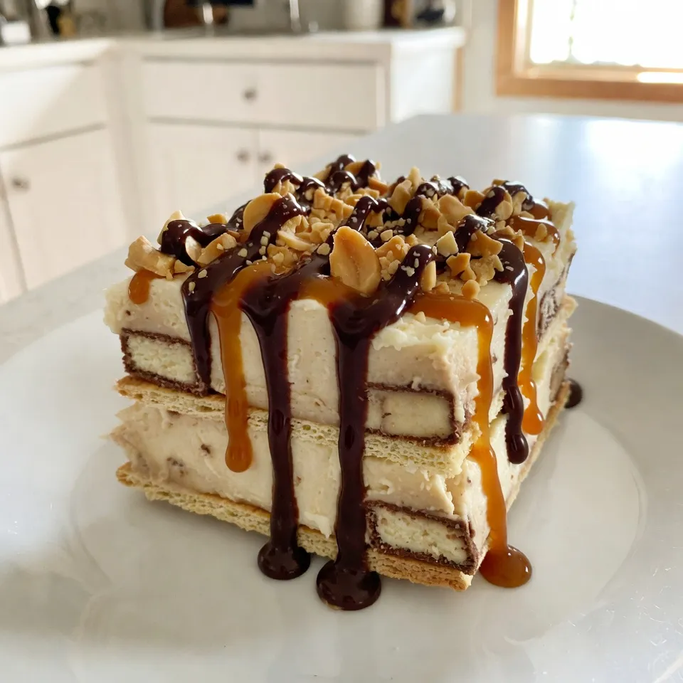 - 2 Tassen schwere Schlagsahne - 1/2 Tasse Puderzucker - 1 Teelöffel Vanilleextrakt - 8 Unzen Frischkäse, weich geworfen - 4 große Snickers-Riegel, gehackt - 1 Packung Honig-Graham-Cracker - 1/2 Tasse Schokoladensauce (plus zusätzlich für das Drizzeln) - 1/2 Tasse Karamellsauce (plus zusätzlich für das Drizzeln) - 1/4 Tasse gehackte Erdnüsse (zum Garnieren) Die Hauptzutaten sind einfach zu finden. Die Schlagsahne bringt die Fluffigkeit, die wir lieben. Frischkäse gibt dem Kuchen die nötige Cremigkeit. Snickers fügen einen tollen Karamell-Geschmack hinzu. Graham-Cracker dienen als Basis und machen den Kuchen stabil. - Zusätzliche Schokoladensauce - Zusätzliche Karamellsauce - Gehackte Erdnüsse Das Topping kann variieren. Ich empfehle, die Schokoladensauce und Karamellsauce zusätzlich zu verwenden. Diese Saucen verleihen dem Kuchen mehr Geschmack und machen ihn noch schöner. Die gehackten Erdnüsse bringen einen knackigen Biss. - Große Rührschüssel - Elektrischer Mixer - Rechteckige Auflaufform oder 9x9 Backform - Spatel oder Löffel Die richtigen Utensilien machen das Kochen einfacher. Ein elektrischer Mixer hilft, die Sahne schnell zu schlagen. Die Auflaufform ist wichtig für die Schichtung des Kuchens. Ein Spatel kann helfen, die Mischung gleichmäßig zu verteilen. {{ingredient_image_2}} Um die Schlagsahne vorzubereiten, nehmen Sie eine große Schüssel. Schlagen Sie die schwere Schlagsahne mit einem elektrischen Mixer. Mischen Sie, bis sich weiche Spitzen bilden. Fügen Sie dann den Puderzucker und Vanilleextrakt hinzu. Schlagen Sie weiter, bis steife Spitzen entstehen. Stellen Sie die Schlagsahne beiseite. In einer zweiten Schüssel nehmen Sie den weichen Frischkäse. Schlagen Sie ihn mit dem Mixer glatt und cremig. Nehmen Sie nun die geschlagene Sahne und heben Sie sie vorsichtig unter. Die Mischung sollte leicht und fluffig sein. Fügen Sie die gehackten Snickers-Riegel hinzu. Rühren Sie gut um, damit sie gleichmäßig verteilt sind. Nehmen Sie eine rechteckige Auflaufform oder eine 9x9 Backform. Beginnen Sie mit einer dünnen Schicht der Sahnemischung am Boden. Legen Sie dann eine Schicht Honig-Graham-Cracker darüber. Brechen Sie die Cracker bei Bedarf. Wiederholen Sie diesen Prozess mit einer weiteren Schicht der Sahnemischung. Beträufeln Sie die Mischung mit Schokoladen- und Karamellsauce. Fahren Sie fort, bis alle Zutaten aufgebraucht sind. Beenden Sie mit einer großzügigen Schicht der Sahnemischung. Decken Sie die Form mit Frischhaltefolie ab. Lassen Sie den Kuchen mindestens 4 Stunden oder über Nacht im Kühlschrank ruhen. Vor dem Servieren garnieren Sie mit zusätzlicher Schokoladen- und Karamellsauce und gehackten Erdnüssen. Um die beste Konsistenz zu erreichen, schlagen Sie die Sahne gut. Verwenden Sie kalte Schlagsahne für bessere Ergebnisse. Achten Sie darauf, dass sich weiche Spitzen bilden, bevor Sie den Puderzucker und Vanille hinzufügen. Schlagen Sie weiter, bis sich steife Spitzen bilden. So bleibt die Füllung leicht und luftig. Vermischen Sie die geschlagene Sahne sanft mit dem Frischkäse. Dies sorgt für eine gleichmäßige und cremige Textur. Für die perfekte Schichtung beginnen Sie mit einer dünnen Schicht der Sahnemischung. Legen Sie dann die Graham-Cracker darauf. Brechen Sie sie bei Bedarf, um sie gut anzupassen. Wiederholen Sie diesen Prozess mit Sahne, Cracker und Saucen. Achten Sie darauf, mit einer Schicht Sahnemischung zu enden. So erhalten Sie einen stabilen Kuchen, der beim Servieren nicht auseinanderfällt. Die Dekoration macht den Kuchen noch verführerischer. Beträufeln Sie den Kuchen vor dem Servieren mit Schokoladen- und Karamellsauce. Streuen Sie gehackte Erdnüsse darauf für einen knusprigen Biss. Nutzen Sie frische Minze oder Schokoladensplitter, um das Aussehen aufzuwerten. Servieren Sie den Kuchen in einer schönen Form, damit er toll aussieht. Solche kleinen Details machen Ihren Snickers Icebox Cake unvergesslich. Pro Tipps Frischkäse richtig vorbereiten: Achte darauf, dass der Frischkäse wirklich weich und zimmerwarm ist, damit er sich gut mit der Schlagsahne vermischen lässt und die Füllung schön cremig wird. Die richtige Kühlzeit: Um die perfekte Konsistenz zu erreichen, lasse den Kuchen idealerweise über Nacht im Kühlschrank ruhen. So können die Graham-Cracker vollständig aufweichen und die Aromen gut miteinander verschmelzen. Variationen ausprobieren: Du kannst andere Schokoladenriegel oder Kekse verwenden, um verschiedene Geschmacksrichtungen zu kreieren. Experimentiere mit deinen Lieblingssüßigkeiten für eine personalisierte Version des Kuchens. Serviertipps: Serviere den Kuchen mit einer zusätzlichen Portion Schokoladen- und Karamellsauce sowie frischen Erdnüssen oder sogar etwas Schlagsahne für ein beeindruckendes Dessert. {{image_4}} Wenn Sie glutenfrei essen, gibt es einfache Alternativen. Verwenden Sie glutenfreie Graham-Cracker. Diese sind oft in Geschäften erhältlich. Achten Sie darauf, dass alle anderen Zutaten auch glutenfrei sind. So bleibt der Kuchen für alle lecker. Snickers sind großartig, aber andere Riegel machen auch Spaß. Probieren Sie Reese's Peanut Butter Cups für einen schokoladigen, cremigen Geschmack. Oder verwenden Sie Twix für eine knusprige Karamellnote. Diese Riegel können den Kuchen spannend machen. Seien Sie kreativ und mischen Sie verschiedene Riegel! Der Snickers Icebox Cake kann viele Geschmäcker annehmen. Fügen Sie Erdbeeren oder Himbeeren zur Sahnemischung hinzu. Dies bringt fruchtige Frische hinein. Eine Schicht von Minzschokolade kann dem Kuchen eine neue Dimension geben. Experimentieren Sie mit verschiedenen Aromen und genießen Sie die Vielfalt. Um den Snickers Icebox Cake gut zu lagern, decken Sie ihn mit Frischhaltefolie ab. So bleibt er frisch und lecker. Stellen Sie ihn dann in den Kühlschrank. Achten Sie darauf, dass er gut verschlossen ist, um Gerüche zu vermeiden. Im Kühlschrank hält der Snickers Icebox Cake etwa 3 bis 4 Tage. Über die Zeit wird der Kuchen noch besser, da die Aromen sich verbinden. Wenn Sie es länger aufbewahren wollen, sollten Sie ihn einfrieren. Um den Kuchen einzufrieren, schneiden Sie ihn in Portionen. Wickeln Sie jede Portion in Frischhaltefolie ein. Danach legen Sie die eingewickelten Stücke in einen Gefrierbeutel. So bleibt der Kuchen für bis zu 2 Monate frisch. Zum Auftauen lassen Sie ihn einfach im Kühlschrank über Nacht. Dann genießen Sie ihn wie frisch! Der Snickers Icebox Cake muss mindestens 4 Stunden im Kühlschrank ruhen. Ich empfehle, ihn über Nacht stehen zu lassen. So werden die Graham-Cracker weich und die Füllung fest. Dies bringt die Aromen besser zur Geltung. Wenn du es eilig hast, probiere es nach 4 Stunden. Aber mehr Zeit macht den Kuchen noch leckerer. Ja, du kannst andere Süßigkeiten verwenden. Probiere zum Beispiel Reese's oder Twix. Diese Süßigkeiten passen gut zu der Sahnemischung. Du kannst auch die Menge der Schokoladen- und Karamellsauce abändern. Sei kreativ! Es macht Spaß, neue Geschmäcker zu entdecken und deinen eigenen Twist zu finden. Ja, dieser Kuchen ist perfekt für besondere Anlässe. Er sieht toll aus und schmeckt fantastisch. Du kannst ihn für Geburtstage, Feiertage oder Partys machen. Viele Leute lieben die Kombination aus Schokolade und Karamell. Es ist ein echter Publikumsliebling! Der Snickers Icebox Cake braucht nur wenige Zutaten und ist leicht zu machen. Wir haben die Hauptzutaten sowie optionales Topping erklärt. Die Schritt-für-Schritt-Anleitung zeigt, wie man die Schlagsahne und die Frischkäsemischung zubereitet. Mit den Tipps haben Sie die perfekte Konsistenz und ansprechende Schichtung. Es gibt viele Variationen, wie glutenfreie Optionen. Sie wissen jetzt auch, wie man den Kuchen lagert und aufbewahrt. Genießen Sie diesen Kuchen bei jeder Gelegenheit!