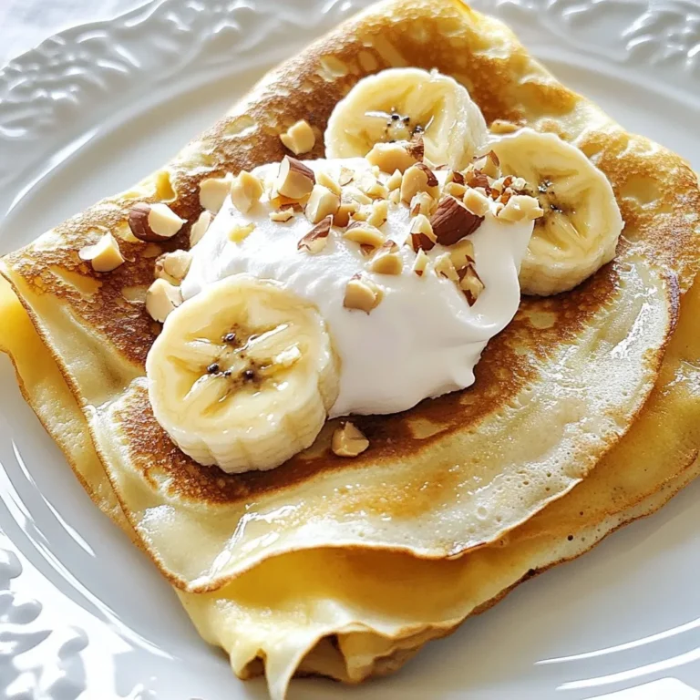 Für die perfekten Bananen-Nutella-Crêpes brauchst du: - 250 g Mehl (allgemeines Backmehl) - 2 große Eier - 300 ml Milch - 30 g geschmolzene Butter - 1 Esslöffel Zucker - 1/2 Teelöffel Vanilleextrakt - 2 reife Bananen, in Scheiben geschnitten - 125 g Nutella Diese Zutaten machen den Teig geschmeidig und lecker. Die Bananen bringen Süße und Frische. Nutella gibt jedem Biss einen schokoladigen Kick. Um deine Crêpes noch besser zu machen, kannst du diese Zutaten hinzufügen: - Schlagsahne (optional, zum Servieren) - Gehackte Haselnüsse (optional, zur Garnitur) Mit Schlagsahne wird alles cremiger. Die Haselnüsse geben einen schönen Crunch. Du kannst kreativ werden und nach deinem Geschmack variieren. Achte beim Mehl auf die Qualität. Frisches Mehl sorgt für einen besseren Teig. Nutella sollte schön geschmeidig sein, damit du es gut verstreichen kannst. Die Bananen sollten reif sein, damit sie süß und aromatisch sind. Verwende frische Eier und Milch für den besten Geschmack. Wenn du Allergien hast, kannst du die Milch auch durch pflanzliche Alternativen ersetzen. {{ingredient_image_2}} Um den perfekten Teig für unsere Bananen-Nutella-Crêpes zu machen, benötige ich zuerst eine große Schüssel. Ich gebe 250 g Mehl, 1 Esslöffel Zucker und eine Prise Salz hinein. Dann forme ich eine Mulde in der Mitte des Mehlgemischs. In einer separaten Schüssel schlage ich 2 große Eier auf und füge 300 ml Milch, 30 g geschmolzene Butter und 1/2 Teelöffel Vanilleextrakt hinzu. Ich verrühre alles gut, bis es schön cremig ist. Langsam gieße ich die flüssigen Zutaten in die Mulde der trockenen Zutaten. Dabei rühre ich mit einem Schneebesen, bis der Teig glatt ist. Jetzt decke ich die Schüssel ab und lasse den Teig 30 Minuten ruhen. Das hilft, die Konsistenz zu verbessern. Ich erhitze eine beschichtete Pfanne auf mittlerer Hitze und fette sie leicht mit Butter ein. Wenn die Pfanne heiß ist, gieße ich etwa 60 ml des Teigs hinein. Ich schwenke die Pfanne, damit der Teig gleichmäßig verteilt wird. Nach etwa 2 Minuten hebe ich die Ränder an. Wenn die Unterseite goldbraun ist, wende ich den Crêpe und brate ihn für eine weitere Minute. Ich wiederhole diesen Schritt mit dem restlichen Teig und stapel die fertigen Crêpes auf einem Teller. Jetzt kommt der beste Teil! Ich nehme einen Crêpe und streiche eine halbe Portion Nutella auf eine Seite. Dann lege ich einige Bananenscheiben darauf. Ich falte den Crêpe einmal und dann zur Hälfte, sodass ein schönes Dreieck entsteht. Ich serviere die Crêpes warm, garniert mit einem Hauch von Schlagsahne und gehackten Haselnüssen, falls gewünscht. So einfach und lecker! Um die besten Crêpes zu machen, beachte diese Tipps: - Teig ruhen lassen: Lass den Teig 30 Minuten ruhen. So wird er glatter. - Die richtige Hitze: Erhitze die Pfanne auf mittlerer Stufe. Zu heiß macht die Crêpes hart. - Gleichmäßiges Ausgießen: Gieße den Teig in die Mitte der Pfanne. Schwenke die Pfanne, um den Teig gleichmäßig zu verteilen. Hier sind häufige Fehler und wie man sie vermeidet: - Klumpiger Teig: Rühre den Teig langsam, um Klumpen zu vermeiden. - Zuviel Fett: Verwende nur wenig Butter zum Einfetten. Zu viel macht die Crêpes fettig. - Crêpes reißen: Lass die Crêpes nicht zu lange in der Pfanne. Wende sie, wenn die Ränder leicht hochkommen. Hier sind einige Ideen, um das Rezept gesünder zu machen: - Vollkornmehl verwenden: Tausche das Weißmehl gegen Vollkornmehl aus. So erhältst du mehr Ballaststoffe. - Zucker reduzieren: Verwende weniger Zucker im Teig. Du kannst auch Honig oder Agavendicksaft nehmen. - Früchte hinzufügen: Füge Beeren oder Äpfel zu den Crêpes hinzu. Sie bringen frische Aromen und Vitamine. Pro Tipps Teig ruhen lassen: Lassen Sie den Crêpeteig 30 Minuten ruhen, um eine bessere Konsistenz und Textur zu erreichen. Pfanne richtig erhitzen: Stellen Sie sicher, dass die Pfanne gut vorgeheizt ist, um gleichmäßige und goldbraune Crêpes zu erhalten. Nutella warm machen: Erwärmen Sie das Nutella leicht, bevor Sie es auf die Crêpes streichen, damit es sich besser verteilen lässt. Optionales Topping: Experimentieren Sie mit verschiedenen Toppings wie frischen Früchten oder Kokosraspeln für zusätzlichen Geschmack und Textur. {{image_4}} Crêpes sind sehr vielseitig. Du kannst sie mit verschiedenen Füllungen ausprobieren. Statt Nutella kannst du Erdnussbutter verwenden. Es schmeckt toll mit Bananen. Eine andere Option ist Marmelade. Erdbeer- oder Himbeermarmelade geben einen fruchtigen Kick. Du kannst auch frische Früchte wie Äpfel und Zimt oder sogar Schokolade und Karamell verwenden. Lass deiner Kreativität freien Lauf! Wenn du vegane Crêpes machen möchtest, ersetze die Eier mit Bananen oder Apfelmus. Du kannst auch pflanzliche Milch nutzen. Für glutenfreie Crêpes nimm einfach glutenfreies Mehl. Das klappt wunderbar und schmeckt ebenso gut. Achte darauf, dass alle Zutaten vegan oder glutenfrei sind, um sicherzugehen. Die Jahreszeiten bringen verschiedene Früchte mit sich. Im Frühling sind Erdbeeren frisch und süß. Im Sommer kannst du Pfirsiche oder Beeren verwenden. Im Herbst schmecken Äpfel und Birnen toll. Im Winter probiere Mandarinen oder Granatäpfel. Passe die Füllungen an die Saison an. So bleibt dein Gericht frisch und spannend! Um die Crêpes frisch zu halten, lege sie in eine luftdichte Box. Du kannst sie auch mit Frischhaltefolie abdecken. Achte darauf, dass sie nicht übereinanderliegen, damit sie nicht kleben. So bleiben sie weich und lecker. Um die Crêpes aufzuwärmen, lege sie in eine Pfanne bei mittlerer Hitze. Du kannst auch die Mikrowelle nutzen. Lege die Crêpes für 10 bis 15 Sekunden hinein. Überprüfe sie regelmäßig, damit sie nicht trocken werden. Crêpes halten sich im Kühlschrank etwa 2 bis 3 Tage. Du kannst sie auch einfrieren. Lege sie in ein Gefrierbeutel und schließe ihn gut. So bleiben sie bis zu 2 Monate frisch. Zum Auftauen lege sie einfach im Kühlschrank über Nacht. Um die besten Crêpes zu machen, ist die richtige Mischung wichtig. Mische das Mehl, Zucker und Salz in einer großen Schüssel. Mache eine Mulde in der Mitte. Schlage die Eier in einer separaten Schüssel und füge Milch, geschmolzene Butter und Vanilleextrakt hinzu. Mische alles gut. Gieße die Mischung langsam in die Mulde und rühre mit einem Schneebesen. So bekommst du einen glatten Teig. Lass den Teig 30 Minuten ruhen. Dadurch wird er noch besser. Ja, du kannst Crêpes im Voraus zubereiten. Bereite den Teig am Vortag zu und stelle ihn in den Kühlschrank. Du kannst auch die gebackenen Crêpes aufbewahren. Lass sie einfach abkühlen und lege sie in eine luftdichte Box. So bleiben sie frisch. Wenn du bereit bist zu essen, kannst du sie einfach aufwärmen. Das macht das Frühstück oder Dessert super einfach. Wenn du Nutella nicht magst oder eine andere Option suchst, gibt es viele Möglichkeiten. Du kannst Erdnussbutter, Mandelbutter oder sogar Honig verwenden. Fruchtige Aufstriche sind auch lecker. Probier Marmelade oder frisch püriertes Obst. Jede dieser Alternativen bringt ihren eigenen Geschmack in die Crêpes. Wähle, was dir am besten gefällt! Zum Schluss haben wir gesehen, wie man leckere Bananen-Nutella-Crêpes zubereitet. Ich habe die Hauptzutaten, die Zubereitung und hilfreiche Tipps geteilt. Du kannst sogar Variationen ausprobieren, um deine Crêpes anzupassen. Lagerungshinweise helfen dir, sie frisch zu halten. Denk daran, das Rezept nach deinem Geschmack zu ändern. So machst du jedes Mal perfekte Crêpes. Viel Spaß beim Kochen und Genießen!