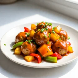 Für die süßsauren Hähnchenfleischbällchen benötigst du: - 450 g gemahlenes Hähnchenfleisch - 120 g Semmelbrösel - 30 g geriebener Parmesan - 1 großes Ei - 2 Knoblauchzehen, fein gehackt - 1 Teelöffel geriebener Ingwer - Salz und Pfeffer nach Geschmack - 60 g gehackte Frühlingszwiebeln - 120 g Ananasstücke (frisch oder aus der Dose) - 30 g gewürfelte Paprika (rot oder gelb) Für die süßsaure Sauce brauchst du: - 100 g Zucker - 120 ml Apfelessig - 60 ml Ketchup - 30 ml Sojasauce - 1 Esslöffel Maisstärke, gemischt mit 2 Esslöffeln Wasser Frische Zutaten machen das Gericht besonders lecker. Achte beim Kauf auf: - Hähnchenfleisch: Es sollte rosa und fest sein. Vermeide Fleisch mit einer grauen Färbung. - Gemüse: Wähle knackige Paprika und frische Frühlingszwiebeln. Sie sollten keine braunen Stellen haben. - Ananas: Wenn du frische Ananas nimmst, achte darauf, dass sie reif ist. Sie sollte süß duften. Wenn du einige Zutaten nicht hast, kannst du sie einfach ersetzen: - Gemahlenes Hähnchen: Verwende gemahlenes Putenfleisch oder sogar Rindfleisch für einen anderen Geschmack. - Semmelbrösel: Paniermehl oder Haferflocken können Semmelbrösel ersetzen. - Parmesan: Jeder andere Hartkäse kann genutzt werden, wie Pecorino oder Grana Padano. - Ananas: Du kannst auch Pfirsiche oder Mangos verwenden, um eine fruchtige Note zu bekommen. Diese Tipps helfen dir, die besten Zutaten für deine süßsauren Hähnchenfleischbällchen auszuwählen und anzupassen. {{ingredient_image_2}} Für die Fleischbällchen mischen Sie zuerst das gemahlene Hähnchenfleisch. Fügen Sie Semmelbrösel, Parmesan, das Ei, gehackten Knoblauch und geriebenen Ingwer hinzu. Würzen Sie die Mischung mit Salz und Pfeffer. Mischen Sie alles gut. Formen Sie nun kleine Bällchen, etwa 2,5 cm groß. Legen Sie die Bällchen auf ein Backblech, das mit Backpapier ausgelegt ist. Erhitzen Sie einen kleinen Topf auf mittlerer Hitze. Geben Sie Zucker, Apfelessig, Ketchup und Sojasauce in den Topf. Rühren Sie die Mischung gut um, bis der Zucker sich auflöst. Lassen Sie die Sauce langsam kochen. Mischen Sie die Maisstärke mit Wasser und fügen Sie diese zur Sauce hinzu. Rühren Sie die Sauce 2-3 Minuten, bis sie dick wird. Nehmen Sie den Topf dann vom Herd. Heizen Sie den Ofen auf 200°C vor. Backen Sie die Fleischbällchen 20-25 Minuten, bis sie goldbraun sind. Nehmen Sie die Bällchen vorsichtig heraus und geben Sie sie in die süßsaure Sauce. Schwenken Sie sie gut, bis sie vollständig bedeckt sind. Erhitzen Sie etwas Öl in einer Pfanne und braten Sie Paprika und Ananas für 2-3 Minuten. Fügen Sie die Fleischbällchen hinzu und erhitzen Sie alles nochmals 2 Minuten. Servieren Sie die Fleischbällchen mit Frühlingszwiebeln obendrauf. Um perfekte Fleischbällchen zu machen, achte auf die Mischung. Verwende frisches Hähnchenfleisch, das gut gewürzt ist. Die Semmelbrösel geben den Bällchen Struktur. Das Ei hilft, die Mischung zusammenzuhalten. Forme die Bällchen gleichmäßig, etwa 2,5 cm im Durchmesser. So garen sie gleichmäßig im Ofen. Ein häufiger Fehler ist, die Mischung zu trocken zu machen. Wenn sie zu bröselig ist, füge etwas Wasser oder mehr Ei hinzu. Achte darauf, die Bällchen nicht zu lange zu backen. Sie sollten goldbraun und saftig bleiben. Überprüfe die Garzeit, um ein Austrocknen zu vermeiden. Für dieses Rezept benötigst du einige einfache Küchenwerkzeuge: - Eine große Schüssel zum Mischen - Ein Backblech mit Backpapier - Einen Esslöffel und einen Teelöffel zum Abmessen - Einen kleinen Topf für die Sauce - Eine Pfanne zum Anbraten der Paprika und Ananas Diese Utensilien machen die Zubereitung einfach und effizient. Pro Tipps Frisch vs. Dosenananas: Verwenden Sie frische Ananas für einen intensiveren Geschmack, während Dosenananas eine zeitsparende Option sind. Fleischbällchen gleichmäßig backen: Achten Sie darauf, die Fleischbällchen gleichmäßig auf dem Backblech zu verteilen, damit sie gleichmäßig garen. Würze nach Geschmack: Passen Sie die Menge von Knoblauch, Ingwer und Pfeffer an, um die Aromen nach Ihrem Geschmack zu intensivieren. Sauce eindicken: Stellen Sie sicher, dass die Maisstärke gut mit Wasser vermischt ist, bevor Sie sie zur Sauce hinzufügen, um Klumpen zu vermeiden. {{image_4}} Du kannst viele verschiedene Fleischsorten für die Fleischbällchen verwenden. Probiere mal Rinderhackfleisch oder Schweinefleisch. Diese Fleischsorten haben unterschiedliche Geschmäcker. Das gibt deinem Gericht eine neue Note. Verwende die gleichen Mengen wie im Rezept. Achte darauf, dass du das Fleisch gut würzt. So bleibt der Geschmack intensiv. Wenn du eine vegetarische Variante möchtest, nutze eine Mischung aus Kichererbsen und Haferflocken. Diese Kombination gibt dir die richtige Konsistenz. Du kannst auch Tofu verwenden, um die Fleischbällchen zu machen. Würze sie gut, damit sie nicht fade schmecken. Füge Gewürze wie Kreuzkümmel oder Paprika hinzu. Diese Geschmäcker passen gut zur süßsauren Sauce. Die süßsaure Sauce ist klassisch, aber du kannst auch andere Saucen testen. Eine Teriyaki-Sauce gibt eine interessante Note. Wenn du es schärfer magst, füge etwas Chili oder Sriracha hinzu. Auch eine Erdnusssoße kann gut passen. Experimentiere mit verschiedenen Kräutern wie Basilikum oder Koriander. Diese Variationen machen die Fleischbällchen noch aufregender. Um die süßsauren Hähnchenfleischbällchen frisch zu halten, lasse sie zuerst abkühlen. Lege sie dann in einen luftdichten Behälter. Du kannst sie auch in Frischhaltefolie einwickeln. So bleiben sie saftig und lecker. Achte darauf, dass der Behälter nicht überfüllt ist. So bleibt die Luft zirkulieren und die Bällchen bleiben frisch. Zum Aufwärmen der Fleischbällchen gibt es einige einfache Methoden. Du kannst sie in der Mikrowelle wärmen. Stelle die Mikrowelle auf mittlere Leistung ein und wärme sie in 30-Sekunden-Intervallen. Alternativ kannst du die Fleischbällchen in einer Pfanne erhitzen. Füge etwas Wasser oder Brühe hinzu, damit sie nicht austrocknen. Erhitze sie bei mittlerer Hitze für 5-7 Minuten. Im Kühlschrank halten sich die Fleischbällchen 3-4 Tage. Achte darauf, sie gut verpackt zu lagern. Im Gefrierschrank bleiben sie bis zu 3 Monate frisch. Friere sie am besten in Portionen ein, damit du sie leicht entnehmen kannst. Vor dem Essen solltest du sie im Kühlschrank über Nacht auftauen. So bleiben sie saftig und schmackhaft. Um die Süße der Sauce zu ändern, kannst du weniger Zucker verwenden. Du kannst auch den Apfelessig erhöhen. Wenn du mehr Süße möchtest, füge mehr Zucker hinzu. Ein guter Tipp ist, die Sauce zu probieren, während du sie kochst. Das hilft dir, den perfekten Geschmack zu finden. Ja, du kannst die Fleischbällchen frittieren. Erhitze etwas Öl in einer Pfanne. Frittiere die Bällchen, bis sie goldbraun sind. Achte darauf, die Temperatur richtig einzustellen. So bleiben sie innen saftig und außen knusprig. Frittieren gibt den Bällchen einen anderen, leckeren Geschmack. Zu süßsauren Hähnchenfleischbällchen passen viele Beilagen gut. Hier sind einige Ideen: - Gedämpfter Reis - Gebratene Nudeln - Frischer Salat - Gedünstetes Gemüse - Reisnudeln Diese Beilagen ergänzen den Geschmack der Bällchen perfekt und machen das Gericht rundum lecker. In diesem Artikel haben wir die wichtigsten Zutaten und deren Auswahl für Fleischbällchen behandelt. Du hast gelernt, wie du die Fleischbällchen Schritt für Schritt zubereitest und mit köstlichen Saucen variierst. Außerdem haben wir Tipps gegeben, um häufige Fehler zu vermeiden und die besten Ergebnisse zu erzielen. Denke daran, dass frische Zutaten den Geschmack verbessern. Experimentiere mit Variationen bei Saucen und Fleischsorten. Mit diesen Tipps bereitest du regelmäßig leckere Fleischbällchen zu!