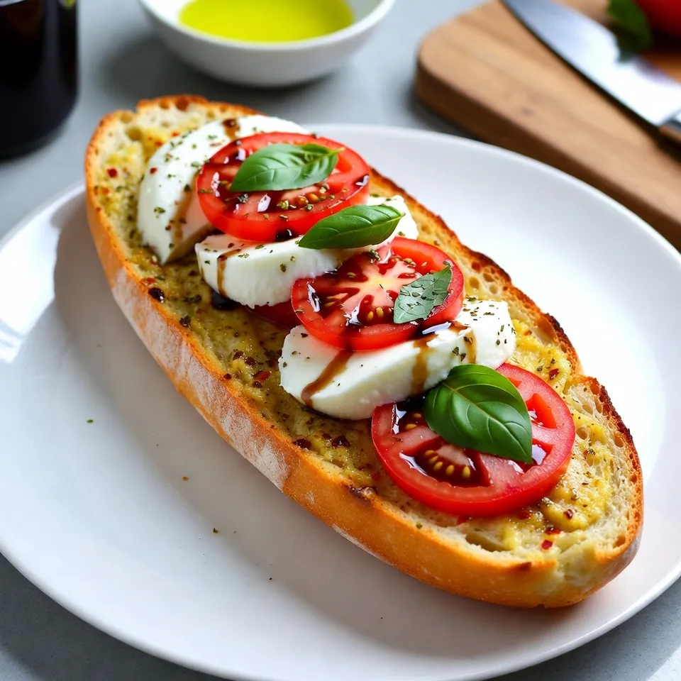 - 1 großes Ciabatta-Brot - 400 g frischer Mozzarella - 2 mittlere Tomaten - 1 Tasse frische Basilikumblätter In diesem Rezept sind frische Zutaten wichtig. Das Ciabatta-Brot gibt eine tolle Basis. Mozzarella bringt einen milden, cremigen Geschmack. Tomaten fügen Frische hinzu, während Basilikum das Aroma verstärkt. - 4 Knoblauchzehen - 80 g ungesalzene Butter - 1 Teelöffel getrockneter Oregano - 1 Teelöffel rote Pfefferflocken (optional) - Salz und Pfeffer nach Geschmack Knoblauch gibt dem Brot einen starken, köstlichen Geschmack. Ungesalzene Butter sorgt für eine reichhaltige Textur. Oregano bringt mediterranes Flair. Rote Pfefferflocken sind optional, aber sie bieten einen tollen Schärfe-Kick. - Balsamico-Glasur für das Drizzeln - Zusätzliche Basilikumblätter zur Garnierung Balsamico-Glasur kann das Gericht verfeinern. Sie bringt süße und saure Noten ins Spiel. Zusätzliche Basilikumblätter dienen als hübsche Garnierung. Sie machen das Brot nicht nur schöner, sondern auch aromatischer. {{ingredient_image_2}} - Heize deinen Ofen auf 200°C vor. - Messe alle Zutaten ab und stelle sie bereit. - Nimm die weiche Butter und die gehackten Knoblauchzehen. - Mische die Butter mit dem Knoblauch in einer Schüssel. - Füge getrockneten Oregano, rote Pfefferflocken, Salz und Pfeffer hinzu. - Rühre alles gut um, bis es gleichmäßig vermischt ist. - Halbiere das Ciabatta-Brot längs in zwei Hälften. - Bestreiche die Schnittflächen großzügig mit der Knoblauch-Butter-Mischung. - Lege die Mozzarella-Scheiben gleichmäßig auf das Brot. - Verteile die Tomatenscheiben über dem Käse. - Füge die frischen Basilikumblätter obenauf hinzu. - Lege das Brot auf ein Backblech und backe es 10 Minuten. - Der Rand sollte leicht knusprig sein. - Nimm das Brot heraus und füge die Balsamico-Glasur hinzu. - Stelle das Brot zurück in den Ofen und backe weitere 8-10 Minuten. - Achte darauf, dass der Käse blubbert und goldbraun ist. - Nach dem Backen schneide das Brot in Stücke und serviere es warm. Um die perfekte Textur zu erreichen, backe dein Brot richtig. Heize den Ofen auf 200°C vor. Schneide das Ciabatta-Brot der Länge nach in zwei Hälften. Bestreiche die Schnittflächen mit der Knoblauch-Butter-Mischung. Backe das Brot für 10 Minuten. Die Ränder sollten leicht knusprig sein. Die richtige Backzeit ist wichtig. So bleibt das Brot innen weich und außen knusprig. Teste verschiedene Käsesorten, um neue Geschmäcker zu entdecken. Du kannst auch Gemüsesorten wie Paprika oder Zucchini hinzufügen. Willst du es schärfer? Nutze verschiedene Pfefferflocken. Probiere geräucherte Paprika oder Chili. Diese kleinen Anpassungen machen viel aus und bringen Vielfalt ins Gericht. Präsentiere dein Knoblauchbrot auf einem Holzbrett. Das sieht schön aus und bringt rustikalen Charme. Garniere das Brot mit frischen Basilikumblättern. Optional kannst du eine kleine Schale mit Balsamico-Glasur dazu stellen. Dips und Saucen ergänzen das Gericht hervorragend. So wird dein Caprese Knoblauchbrot zum echten Hingucker! Pro Tipps Frisches Brot verwenden: Verwende frisches Ciabatta-Brot für das beste Aroma und eine knusprige Textur. Knoblauchgeschmack intensivieren: Lass die Knoblauch-Butter-Mischung einige Minuten ruhen, damit sich die Aromen besser entfalten können. Variationen hinzufügen: Experimentiere mit anderen Käsesorten wie Provolone oder Feta für einen anderen Geschmack. Basilikum frisch halten: Füge die Basilikumblätter erst kurz vor dem Servieren hinzu, um ihre Frische und Farbe zu bewahren. {{image_4}} Du kannst dieses Rezept leicht vegan machen. Verwende einfach pflanzliche Butter anstelle von normaler Butter. Für den Käse, greif zu veganem Käse. Es gibt viele leckere Optionen, die gut schmelzen. So bleibt der Geschmack frisch und cremig. Eine mediterrane Note macht dieses Brot besonders. Füge Oliven oder Artischocken hinzu. Die Kombination mit Tomaten und Mozzarella passt perfekt. Diese Zutaten bringen mehr Geschmack und Farbe. Du kannst auch getrocknete Tomaten verwenden, wenn du magst. Kräuter bringen Frische ins Gericht. Du kannst mehr frische Kräuter hinzufügen, wie Petersilie oder Thymian. Diese Kräuter ergänzen die Aromen der Tomaten und des Käses. Experimentiere mit verschiedenen Kräutern, um deinen eigenen Twist zu finden. Die Möglichkeiten sind endlos! Du kannst übrig gebliebenes Caprese Knoblauchbrot einfach im Kühlschrank aufbewahren. Wickel es in Frischhaltefolie oder lege es in einen luftdichten Behälter. So bleibt das Brot frisch und schmeckt noch gut. Es hält sich etwa 2 bis 3 Tage im Kühlschrank. Wenn du es länger aufbewahren möchtest, solltest du es einfrieren. Das Einfrieren ist eine tolle Möglichkeit, um das Brot für spätere Snacks zu lagern. Lasse das Knoblauchbrot abkühlen, bevor du es einfrierst. Schneide das Brot in Portionen. Lege die Stücke in einen gefrierfesten Beutel oder Behälter. Achte darauf, die Luft herauszudrücken, um Gefrierbrand zu vermeiden. So bleibt das Brot bis zu 3 Monate frisch im Gefrierfach. Wenn du das Knoblauchbrot aufwärmen möchtest, mache es richtig, um die Knusprigkeit zu bewahren. Heize den Ofen auf 180°C vor. Lege das Brot auf ein Backblech und backe es für etwa 5 bis 10 Minuten. So wird das Brot wieder knusprig. Du kannst auch einen Toaster verwenden, aber achte darauf, dass es nicht verbrennt. Vermeide die Mikrowelle, denn sie macht das Brot weich. Du kannst übrig gebliebenes Knoblauchbrot im Kühlschrank für 2 bis 3 Tage aufbewahren. Wickele es gut in Frischhaltefolie ein, um die Frische zu erhalten. Wenn du es länger halten möchtest, friere es einfach ein. So bleibt es bis zu 3 Monate haltbar. Achte darauf, es in Portionen zu schneiden, damit du nur das auftauen kannst, was du wirklich brauchst. Ja, du kannst das Brot im Voraus zubereiten. Mische die Knoblauch-Butter-Mischung und bestreiche das Brot bis zu 2 Stunden vor dem Backen. Wickele es in Folie und lagere es im Kühlschrank. So bleiben die Aromen frisch. Du kannst das Brot auch nach dem Zusammenstellen einfrieren, bevor du es backst. So sparst du Zeit, wenn Gäste kommen. Caprese Knoblauchbrot passt prima zu einem frischen Salat oder einer Tomatensuppe. Du kannst es auch mit einem Glas Rotwein genießen. Ein spritziger Weißwein ergänzt die Aromen sehr gut. Vergiss nicht, auch ein paar Oliven oder ein Antipasti-Tablett dazu zu servieren. So wird das Essen noch leckerer! Das Caprese Knoblauchbrot ist einfach zuzubereiten und voller Geschmack. Wir haben die Hauptzutaten, wie Ciabatta, Mozzarella und frische Tomaten, besprochen. Die Gewürze, wie Knoblauch und Oregano, verleihen dem Brot einen besonderen Kick. Ich habe dir Tipps gegeben, um die perfekte Textur zu erreichen und Variationen zu testen. Denke daran, Reste im Kühlschrank oder tiefgefroren aufzubewahren. Nutze diese Rezepte für ein schnelles, leckeres Gericht. Viel Spaß beim Ausprobieren und Genießen!