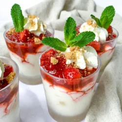 - 1 Tasse frische Erdbeeren, geputzt und in Scheiben geschnitten - 1 Tasse Frischkäse, weich und zimmerwarm - 1 Tasse Schlagsahne Die Hauptzutaten machen unser Erdbeer-Cheesecake-Mousse besonders. Die frischen Erdbeeren bringen eine süße und saftige Note. Frischkäse sorgt für die cremige Textur und den typischen Käsekuchen-Geschmack. Schlagsahne gibt der Mousse die luftige Leichtigkeit, die sie so unwiderstehlich macht. - 2 Esslöffel Kristallzucker (aufgeteilt) - 1/2 Tasse Puderzucker Wir verwenden zwei Arten von Zucker. Kristallzucker bringt die Erdbeeren zum Saften. Der Puderzucker sorgt für eine feine Süße in der Mousse. Diese Süßungsmittel sind wichtig für den perfekten Geschmack. - 1 Teelöffel Vanilleextrakt - 1 Esslöffel Zitronensaft Vanilleextrakt bringt ein warmes Aroma in die Mousse. Zitronensaft fügt einen spritzigen Kick hinzu. Diese Aromen balancieren die Süße und machen das Dessert aufregender. {{ingredient_image_2}} Zuerst bereite die Erdbeeren vor. Nimm eine kleine Schüssel und lege die geschnittenen Erdbeeren hinein. Füge 1 Esslöffel Kristallzucker hinzu. Mische die Erdbeeren sanft. Lass sie für 15 Minuten ruhen. So geben sie ihren Saft ab und werden süßer. Jetzt mach die Cheesecake-Masse. Nimm eine Rührschüssel und lege den weichen Frischkäse hinein. Füge den restlichen 1 Esslöffel Kristallzucker hinzu. Schlage die Mischung mit einem Handmixer, bis sie glatt und cremig ist. Das ist wichtig für die Textur der Mousse. Jetzt kommt die Schlagsahne. Nimm eine separate Schüssel. Schlage die Schlagsahne bei mittlerer Geschwindigkeit. Warte, bis weiche Spitzen entstehen. Füge dann den Puderzucker, den Vanilleextrakt und den Zitronensaft hinzu. Schlage weiter, bis steife Spitzen entstehen. So wird die Mousse luftig. Jetzt kommt der spannende Teil. Hebe die geschlagene Sahne vorsichtig unter die Frischkäse-Mischung. Mische sanft, damit die Luftigkeit bleibt. Füge dann die marinierten Erdbeeren und ihren Saft hinzu. Mische vorsichtig, damit einige Erdbeerstückchen ganz bleiben. Fülle die Mousse in Serviergläser oder Schalen. Stelle sie für mindestens 2 Stunden in den Kühlschrank. So kann die Mousse fest werden. Vor dem Servieren kannst du sie mit frischen Minzblättern und Erdbeerscheiben garnieren. Um die Schlagsahne perfekt zu schlagen, achte auf die Kühlung. Stelle sicher, dass die Schlagsahne und die Schüssel kalt sind. So gelingt dir eine luftige Konsistenz. Beginne mit mittlerer Geschwindigkeit und steigere sie langsam. Schlage die Sahne bis zu weichen Spitzen. Dann füge Puderzucker und Vanilleextrakt hinzu. Achte darauf, nicht zu lange zu schlagen. Sonst wird die Sahne butterartig. Die richtige Konsistenz macht deine Mousse leicht und cremig. Serviergläser sind ideal für die Präsentation deiner Mousse. Klare Gläser zeigen die schönen Schichten von Mousse und Erdbeeren. Fülle die Gläser mit einem Löffel oder benutze einen Spritzbeutel. So erhältst du eine saubere und schöne Portionierung. Die Gläser sollten gleichmäßig gefüllt sein. Stelle sie anschließend für mindestens zwei Stunden in den Kühlschrank. So kann die Mousse fest werden und die Aromen sich verbinden. Die Garnierung macht deine Mousse besonders. Frische Minzblätter bringen Farbe und Frische. Lege sie einfach oben auf die Mousse. Auch Erdbeerscheiben sind eine tolle Idee. Sie sehen schön aus und schmecken lecker. Zerbrich einige Graham-Cracker und streue sie darüber. Das gibt einen tollen Crunch und Cheesecake-Geschmack. Nutze deine Kreativität und dekoriere nach Lust und Laune! Pro Tipps Frische Erdbeeren: Verwende möglichst frische Erdbeeren, um den besten Geschmack zu erzielen. Überreife oder gefrorene Erdbeeren können die Konsistenz und den Geschmack der Mousse beeinträchtigen. Frischkäse richtig vorbereiten: Stelle sicher, dass der Frischkäse zimmerwarm ist, bevor du ihn verwendest. Dies hilft, eine glatte und klumpenfreie Mischung zu erhalten. Die Sahne nicht über schlagen: Achte darauf, die Schlagsahne nur bis zu steifen Spitzen zu schlagen. Übermäßiges Schlagen kann die Luftigkeit und Textur der Mousse beeinträchtigen. Zeit zum Kühlen: Lass die Mousse ausreichend im Kühlschrank ruhen, damit sie die perfekte Konsistenz erreicht. Mindestens zwei Stunden sind ideal, aber über Nacht ist noch besser! {{image_4}} Du kannst die Erdbeeren durch Himbeeren oder Blaubeeren ersetzen. Diese Früchte bringen eine frische Note. Himbeeren sind leicht säuerlich und passen gut. Blaubeeren fügen eine süße Tiefe hinzu. Beide Optionen bieten köstliche Aromen. Experimentiere mit verschiedenen Früchten, um deinen Favoriten zu finden. Es gibt viele Geschmacksrichtungen, die du ausprobieren kannst. Vanilleextrakt ist klassisch, aber auch andere Extrakte sind spannend. Probiere Mandel- oder Kokosnussaroma. Diese Aromen geben der Mousse eine neue Dimension. Du kannst auch einen Spritzer Rum oder Likör hinzufügen. So wird die Mousse noch interessanter. Für eine vegane oder lactosefreie Mousse, ersetze den Frischkäse. Verwende pflanzlichen Frischkäse aus Nüssen oder Soja. Auch die Schlagsahne kannst du durch Kokosnusscreme ersetzen. Diese Alternativen sind lecker und cremig. Achte darauf, dass alle Zutaten pflanzlich sind. So bleibt die Mousse komplett vegan. Die beste Lagerung der Erdbeer-Cheesecake-Mousse ist im Kühlschrank. Die Mousse bleibt frisch und lecker, wenn du sie in einem luftdichten Behälter aufbewahrst. So bewahrst du den Geschmack und die Konsistenz. Stelle sicher, dass die Mousse gut abgedeckt ist, damit sie keine Gerüche von anderen Lebensmitteln aufnimmt. Sie sollte idealerweise bei 4 Grad Celsius gelagert werden. Die Haltbarkeit der Mousse liegt bei etwa 3-4 Tagen im Kühlschrank. Achte darauf, frische Erdbeeren und hochwertigen Frischkäse zu verwenden. Diese Zutaten haben einen großen Einfluss auf die Frische der Mousse. Wenn die Erdbeeren matschig werden oder die Mousse einen seltsamen Geruch hat, ist es Zeit, sie zu entsorgen. Frische ist der Schlüssel zu einem tollen Geschmack. Das Einfrieren der Mousse ist möglich, aber nicht ideal. Wenn du sie einfrierst, verwende einen gefrierfesten Behälter. Fülle die Mousse bis zur Oberkante, um Lufteinschlüsse zu vermeiden. So bleibt die Mousse beim Auftauen in besserer Form. Beim Auftauen stelle die Mousse über Nacht in den Kühlschrank. Vermeide das Auftauen bei Zimmertemperatur, um die Qualität zu erhalten. Nach dem Auftauen kann die Mousse etwas weniger luftig sein, aber der Geschmack bleibt lecker. Die Mousse bleibt frisch, wenn du sie im Kühlschrank lagerst. Sie hält sich bis zu drei Tage. Achte darauf, sie in einem luftdichten Behälter aufzubewahren. So bleibt die Mousse cremig und lecker. Wenn du sie länger aufbewahren möchtest, ist einfrieren nicht ideal. Die Textur verändert sich beim Auftauen. Ja, du kannst die Mousse einen Tag im Voraus zubereiten. Die Vorbereitungszeit beträgt nur 20 Minuten. Nach dem Zubereiten solltest du sie mindestens zwei Stunden kühlen. So hat sie genug Zeit, um fest zu werden. Diese Planung hilft dir, alles stressfrei zu genießen. Ja, du kannst glutenfreie Alternativen verwenden. Statt Graham-Crackern probiere zerbröselte Nüsse oder glutenfreie Kekse. Diese geben der Mousse einen tollen Crunch. Frische Beeren oder Kokosraspel sind auch eine gute Wahl. Sie sorgen für einen fruchtigen und leckeren Geschmack. Diese Mousse ist einfach und lecker. Wir haben frische Erdbeeren, Frischkäse und Sahne verwendet. Aromen wie Vanille und Zitronensaft machen sie besonders. Die Schritt-für-Schritt-Anleitung hilft dir bei der Zubereitung. Vergiss nicht, die Tipps zur perfekten Konsistenz und Präsentation zu beachten. Du kannst auch verschiedene Früchte und Geschmäcker ausprobieren. Diese Mousse bleibt im Kühlschrank frisch und kann sogar eingefroren werden. Probiere es aus und genieße deine eigene Kreation!