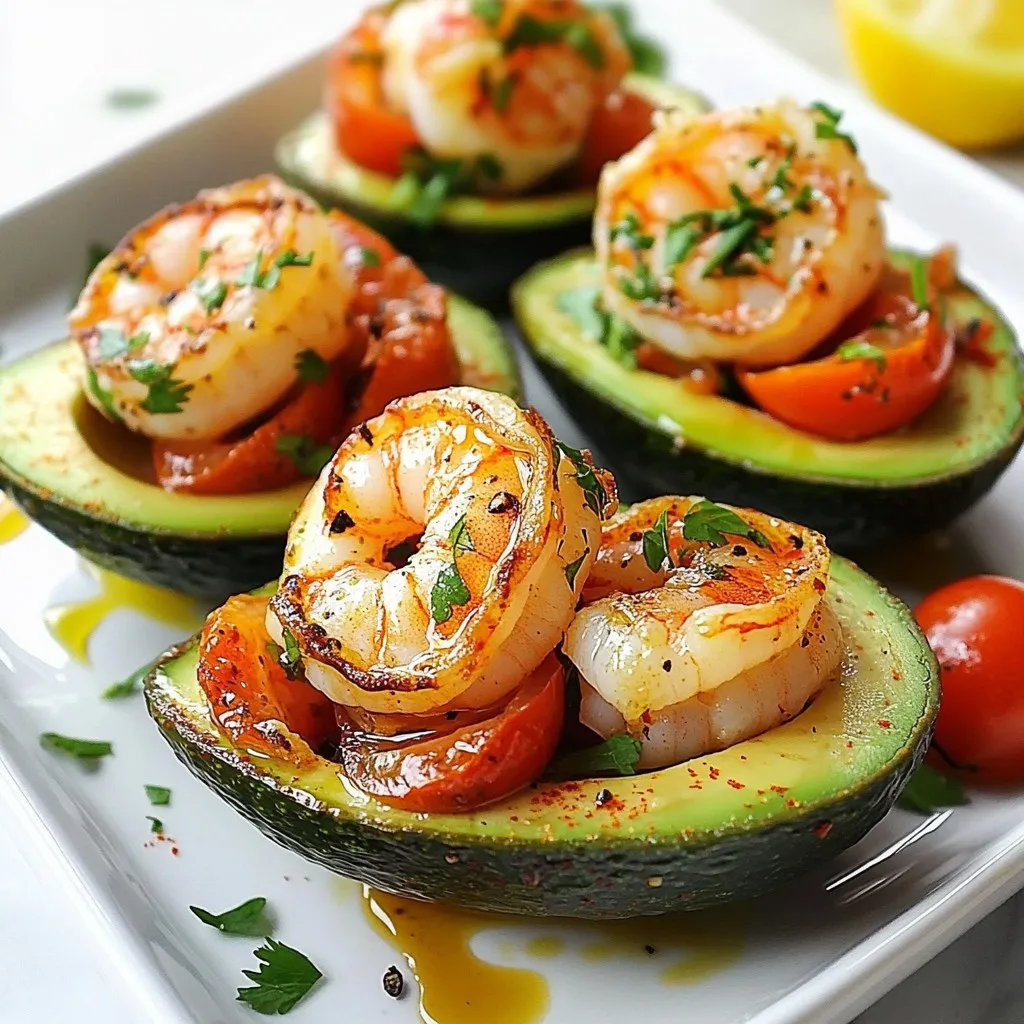 Für die Knoblauch-Garnelen gefüllte Avocados brauchen wir frische und leckere Zutaten. Hier ist die Liste: - 2 reife Avocados - 450 g große Garnelen, geschält und entdarmt - 4 Knoblauchzehen, fein gehackt - 1 Esslöffel Olivenöl - 1 Esslöffel Zitronensaft - 1/2 Teelöffel rote Pfefferflocken - Salz und schwarzer Pfeffer nach Geschmack - 1/4 Tasse Cherrytomaten, geviertelt - 2 Esslöffel frischer Koriander, gehackt - 1/4 Teelöffel Paprika (zur Dekoration) Diese Zutaten geben dem Gericht den frischen und herzhaften Geschmack, den wir lieben. Bei der Auswahl von Garnelen ist frisch immer besser. Frische Garnelen haben einen klaren Geschmack und eine feste Textur. Wenn du keine frischen Garnelen findest, sind gefrorene Garnelen eine gute Wahl. Achte darauf, sie vor der Verwendung gut aufzutauen. Dadurch bleibt die Qualität hoch und der Geschmack bleibt erhalten. Wenn du keine Garnelen magst oder eine andere Option wünschst, kannst du sie durch Hähnchen oder Tofu ersetzen. Diese Zutaten bieten eine ähnliche Textur und nehmen die Aromen gut auf. Du kannst auch andere Kräuter wie Petersilie oder Basilikum verwenden, um einen eigenen Twist zu geben. Für eine schärfere Note füge mehr rote Pfefferflocken hinzu! Dies macht das Gericht noch interessanter. {{ingredient_image_2}} Zuerst bereite ich die Garnelen vor. Ich nehme eine mittelgroße Schüssel und gebe die Garnelen hinein. Ich füge Olivenöl, den gehackten Knoblauch und Zitronensaft hinzu. Dann streue ich die roten Pfefferflocken und etwas Salz und Pfeffer darüber. Ich rühre gut um, damit die Garnelen gleichmäßig bedeckt sind. Jetzt erhitze ich eine Pfanne bei mittlerer Hitze. Wenn die Pfanne heiß ist, gebe ich die gewürzten Garnelen hinein. Ich gare sie zwei bis drei Minuten auf jeder Seite, bis sie rosa werden. Dann nehme ich die Garnelen vom Herd und lasse sie kurz abkühlen. Während die Garnelen abkühlen, halbiere ich die Avocados der Länge nach. Ich entferne die Kerne und nehme etwas Fruchtfleisch heraus, um Platz für die Füllung zu schaffen. Das herausgenommene Avocadofleisch hacke ich grob und mische es mit den Garnelen. Dann füge ich die geviertelten Cherrytomaten und den gehackten Koriander hinzu. Ich rühre sanft um, bis alles gut vermischt ist. Jetzt fülle ich jede Avocadohälfte mit der Garnenenmischung und drücke sie leicht an. Zum Schluss streue ich etwas Paprika über die gefüllten Avocados. Das gibt Farbe und Geschmack. Ich serviere sie sofort oder stelle sie für 15 bis 30 Minuten in den Kühlschrank. So bleiben sie frisch und kühl. Um den Geschmack deiner gefüllten Avocados zu verbessern, kannst du verschiedene Kräuter verwenden. Frischer Schnittlauch oder Dill passen gut zu den Garnelen. Ein Spritzer Limettensaft gibt eine frische Note. Für eine schärfere Variante füge etwas frischen Chili hinzu. Überlege auch, etwas Avocadoöl für mehr Tiefe zu verwenden. Die Garnelen sollten bei mittlerer Hitze gekocht werden. So garen sie gleichmäßig. Achte darauf, dass die Pfanne heiß genug ist, bevor du die Garnelen hinzufügst. Das sorgt für eine schöne Kruste. Wende die Garnelen nur einmal. So bleiben sie saftig und zart. Ein häufiger Fehler ist, die Garnelen zu lange zu kochen. Sie sollten nur rosa und durchscheinend sein. Wenn sie gummiartig werden, sind sie überkocht. Achte auch beim Avocadoschneiden darauf, die Frucht nicht zu zerdrücken. Verwende einen scharfen Löffel, um das Fruchtfleisch sanft zu entfernen. Pro Tipps Frische Garnelen wählen: Achten Sie darauf, frische Garnelen zu verwenden, die fest und glänzend sind, um den besten Geschmack und die beste Textur zu erzielen. Avocados richtig schneiden: Schneiden Sie die Avocado vorsichtig, um das Fruchtfleisch nicht zu zerdrücken. Nutzen Sie einen Löffel, um das Fruchtfleisch sanft herauszulösen. Garnelen nicht übergaren: Achten Sie darauf, die Garnelen nur so lange zu garen, bis sie rosa und durchscheinend sind, um eine zähe Textur zu vermeiden. Für mehr Geschmack marinieren: Lassen Sie die Garnelen vor dem Braten für mindestens 15 Minuten in der Marinade, um den Geschmack zu intensivieren. {{image_4}} Wenn du eine vegetarische Variante der gefüllten Avocados möchtest, gibt es tolle Optionen. Du kannst die Garnelen durch gewürfelten Tofu ersetzen. Tofu nimmt gut Aromen auf und hat eine ähnliche Textur. Du kannst auch Kichererbsen verwenden. Mische sie mit Knoblauch, Zitronensaft und Gewürzen. Das gibt einen tollen Geschmack. Es gibt viele weitere Füllungen, die du ausprobieren kannst. Du kannst zum Beispiel schwarze Bohnen und Mais nutzen. Diese Kombination sorgt für eine gute Textur und Geschmack. Auch gegrilltes Gemüse passt hervorragend. Zucchini, Paprika und Zwiebeln geben Farbe und Frische. Experimentiere mit verschiedenen Zutaten, um deinen eigenen Twist zu finden. Dressing kann das Gericht aufpeppen. Ein einfaches Limetten-Dressing aus Limettensaft, Olivenöl und Honig ist erfrischend. Du kannst auch ein Avocado-Dressing machen. Mixe reife Avocado mit Joghurt und Kräutern. Das gibt eine cremige Note. Für einen scharfen Kick füge etwas Sriracha oder scharfe Soße hinzu. Diese Dressings bringen mehr Geschmack in deine gefüllten Avocados. Gefüllte Avocados sind frisch und lecker. Aber wie bewahrt man sie richtig auf? Am besten deckst du die gefüllten Avocados mit Frischhaltefolie ab. So bleibt die Füllung frisch und die Avocado wird nicht braun. Wenn du sie in einem luftdichten Behälter aufbewahrst, bleibt der Geschmack gut erhalten. Du kannst die Füllung im Voraus zubereiten. Mische die Garnelen, das Avocadofleisch, die Tomaten und den Koriander. Lagere diese Mischung in einem luftdichten Behälter. So hast du eine schnelle Mahlzeit bereit. Du kannst die gefüllten Avocados auch für ein Picknick vorbereiten. Achte nur darauf, die Avocados erst kurz vor dem Servieren zu füllen. Gefüllte Avocados halten sich im Kühlschrank etwa 1 Tag. Die Garnelen bleiben frisch, aber die Avocado kann schnell braun werden. Wenn du die Avocados länger aufbewahren möchtest, empfehle ich, sie nicht zu füllen. Fülle sie erst kurz vor dem Essen. So bleibt alles frisch und lecker. Um den Knoblauchgeschmack zu verstärken, können Sie mehr Knoblauchzehen verwenden. Fügen Sie zwei oder drei zusätzliche Zehen hinzu. Sie können auch den Knoblauch leicht anbraten, bevor Sie ihn mit den Garnelen vermengen. Dies gibt dem Gericht einen intensiveren, gerösteten Geschmack. Achten Sie darauf, den Knoblauch nicht zu verbrennen. Das kann bitter schmecken. Ja, Sie können Garnelen durch andere Meeresfrüchte ersetzen. Tintenfisch, Jakobsmuscheln oder Krabben eignen sich gut. Diese Meeresfrüchte bieten eine andere Textur und Geschmack. Denken Sie daran, die Garzeit anzupassen. Tintenfisch braucht weniger Zeit als Garnelen, während Jakobsmuscheln etwas länger benötigen. Eine Portion gefüllte Avocado hat etwa 300-350 Kalorien. Diese Zahl kann je nach Menge der Garnelen und der verwendeten Zutaten variieren. Avocados sind reich an gesunden Fetten, die gut für das Herz sind. Garnelen sind eine magere Proteinquelle. Zusammen bieten sie eine nahrhafte und leckere Mahlzeit. Gefüllte Avocados sind leicht zuzubereiten und sehr lecker. Wir haben die Hauptzutaten, wie frische oder gefrorene Garnelen, und kreative Alternativen besprochen. Du hast nun eine Schritt-für-Schritt-Anleitung zum Kochen und Servieren. Die Tipps helfen dir, Fehler zu vermeiden und den Geschmack zu verbessern. Variationen bieten viele Möglichkeiten für jeden Geschmack. Denke daran, gefüllte Avocados richtig zu lagern. Jetzt bist du bereit, diese köstliche Speise zu genießen und Freunden zu servieren. Erweitere dein Rezeptrepertoire und überrasche alle mit deinem Können in der Küche!