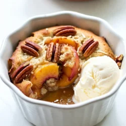 Für dieses Rezept brauchen Sie zwei Dosen geschnittene Pfirsiche in Sirup. Jede Dose sollte 425 Gramm wiegen. Diese Pfirsiche sind süß und saftig. Sie bilden die Basis für unseren leckeren Dump Cake. Vergessen Sie nicht, die Pfirsiche gut abzutropfen, bevor Sie sie verwenden. So bleibt der Kuchen nicht zu feucht. Die gelbe Kuchenmischung ist der Hauptbestandteil. Eine Packung von 432 Gramm reicht völlig aus. Diese Mischung sorgt für die süße und lockere Textur des Kuchens. Sie müssen nichts extra hinzufügen, einfach direkt aus der Packung verwenden. Es macht das Rezept schnell und einfach. Sie können noch einige Zutaten hinzufügen, um den Geschmack zu verbessern. Hier sind einige Optionen: - 240 g ungesalzene Butter, geschmolzen - 1 Teelöffel gemahlener Zimt - 1 Teelöffel Vanilleextrakt - 100 g gehackte Pekannüsse oder Walnüsse (optional) - 100 g geraspelter Kokosnuss (optional) Die Butter sorgt für einen reichhaltigen Geschmack. Zimt und Vanille geben eine warme Note. Nüsse und Kokosnuss fügen zusätzlichen Biss und Geschmack hinzu. Diese Zutaten sind nicht notwendig, aber sie machen Ihren Dump Cake noch besser. {{ingredient_image_2}} Heize deinen Ofen auf 175°C vor. Nimm eine Auflaufform von 23x33 cm und fette sie gut ein. Das hilft, dass der Kuchen nicht kleben bleibt. Ein Sprühfett oder Butter funktioniert gut. Öffne die Dosen mit den Pfirsichen und lasse den Sirup abtropfen. Verteile die Pfirsichscheiben gleichmäßig auf dem Boden der Auflaufform. Träufle dann den Vanilleextrakt über die Pfirsiche. So bekommen sie einen tollen Geschmack. Nimm eine Rührschüssel und mische die gelbe Kuchenmischung mit dem Zimt. Bestreue diese Mischung gleichmäßig über die Pfirsiche. Gieße die geschmolzene Butter gleichmäßig darüber. Es ist nicht nötig, die Mischung zu rühren. Achte darauf, dass der Teig gut befeuchtet ist. Wenn du magst, streue die Pekannüsse oder Walnüsse und die Kokosnuss darüber. Backe das Ganze im Ofen für 45-55 Minuten. Der Kuchen sollte goldbraun und blubbernd sein. Nach dem Backen lasse ihn 10-15 Minuten abkühlen, bevor du ihn servierst. Die Backzeit für Ihren Pfirsich Cobbler Dump Cake liegt bei 45 bis 55 Minuten. Heizen Sie den Ofen auf 175°C vor. Achten Sie darauf, dass die Oberseite goldbraun und blubbernd ist. Wenn Sie einen Holzspieß in die Mitte stecken, sollte er sauber herauskommen. So wissen Sie, dass der Kuchen fertig ist. Ein häufiger Fehler ist, die Butter nicht gleichmäßig über die Kuchenteigmischung zu gießen. Das kann zu trockenen Stellen führen. Achten Sie darauf, die Kuchenteigmischung gut zu befeuchten. Ein weiterer Fehler ist, die Pfirsiche nicht gut abzutropfen. Zu viel Sirup kann das Dessert matschig machen. Sie können den Kuchen mit verschiedenen Nüssen wie Walnüssen oder Pekannüssen verfeinern. Für einen tropischen Kick fügen Sie geraspelte Kokosnuss hinzu. Eine Prise Muskatnuss kann ebenfalls für mehr Wärme sorgen. Experimentieren Sie mit Gewürzen, um Ihren eigenen Twist zu finden! Pro Tipps Frische Pfirsiche verwenden: Wenn Sie die Möglichkeit haben, frische Pfirsiche zu verwenden, tun Sie das! Sie verleihen dem Kuchen eine wunderbare Textur und einen intensiveren Geschmack. Kuchenmischung variieren: Experimentieren Sie mit verschiedenen Geschmacksrichtungen von Kuchenmischungen, wie z.B. Schokoladen- oder Mandelgeschmack, um dem Dump Cake eine einzigartige Note zu verleihen. Vorbereitung im Voraus: Sie können die Pfirsiche und die Kuchenmischung im Voraus vorbereiten und erst kurz vor dem Backen zusammenstellen, um Zeit zu sparen. Optimaler Servierzeitpunkt: Servieren Sie den Kuchen warm, um die Aromen zu intensivieren, und achten Sie darauf, ihn mit einer Kugel Eis oder einem Klecks Schlagsahne zu garnieren. {{image_4}} Um Reste der Pfirsich-Cobbler-Dump-Cake zu lagern, lassen Sie ihn zuerst abkühlen. Schneiden Sie dann das Dessert in Portionen. Verwenden Sie luftdichte Behälter oder Frischhaltefolie, um die Stücke zu bedecken. So bleiben die Aromen frisch und die Feuchtigkeit erhalten. Lagern Sie die Reste im Kühlschrank. Im Kühlschrank bleibt der Pfirsich-Cobbler-Dump-Cake etwa 3 bis 4 Tage frisch. Achten Sie darauf, die Reste gut abzudecken. Dies verhindert, dass der Kuchen austrocknet oder Gerüche von anderen Lebensmitteln aufnimmt. Wenn Sie ihn länger aufbewahren möchten, sollten Sie ihn einfrieren. Um den Kuchen einzufrieren, schneiden Sie ihn in Portionen. Wickeln Sie jede Portion gut in Frischhaltefolie ein und legen Sie sie in einen Gefrierbehälter. So bleibt der Geschmack erhalten. Sie können den Kuchen bis zu 2 Monate im Gefrierfach aufbewahren. Zum Servieren lassen Sie ihn einfach über Nacht im Kühlschrank auftauen. Erwärmen Sie die Stücke dann im Ofen oder in der Mikrowelle für einen warmen Genuss. Du kannst dieses Rezept einfach anpassen. Statt Pfirsichen kannst du auch andere Früchte verwenden. Probiere Äpfel, Birnen oder sogar Beeren. Jede Frucht bringt ihren eigenen Geschmack mit. Achte darauf, dass die Früchte gut abgetropft sind. So wird dein Dump Cake schön saftig. Wenn du glutenfrei essen möchtest, gibt es Lösungen. Nutze eine glutenfreie Kuchenmischung. Achte darauf, dass alle anderen Zutaten auch glutenfrei sind. So kannst du den gleichen leckeren Geschmack genießen, ohne auf etwas verzichten zu müssen. Hast du Allergien? Kein Problem! Lass die Nüsse einfach weg, wenn du allergisch bist. Du kannst auch die Kokosnuss weglassen. Für Menschen mit Laktoseintoleranz gibt es laktosefreie Butter. Es gibt immer Wege, das Rezept anzupassen, damit es für jeden passt. Ja, du kannst die Kuchenmischung ersetzen. Verwende eine selbstgemachte Mischung aus Mehl, Zucker, Backpulver und Salz. Mische 200 g Mehl mit 150 g Zucker, 2 Teelöffel Backpulver und ½ Teelöffel Salz. Diese Mischung gibt dir die gleiche süße und Textur. Ja, frische Pfirsiche sind eine tolle Idee! Schneide etwa 6-8 frische Pfirsiche in Scheiben. Stelle sicher, dass sie reif sind, damit sie süß sind. Du kannst die Pfirsiche mit etwas Zucker und Zimt mischen, um den Geschmack zu verstärken. Serviere den Pfirsich Cobbler Dump Cake warm. Ein großer Löffel Eis oder Schlagsahne obenauf macht es noch besser. Du kannst auch ein paar Pfirsichscheiben und ein wenig Zimt für das Aussehen hinzufügen. Es sieht toll aus und schmeckt hervorragend! In diesem Blogbeitrag haben wir über das Rezept für Pfirsich Cobbler Dump Cake gesprochen. Wir haben die Zutaten, die Schritt-für-Schritt-Anleitung und nützliche Tipps besprochen. Auch die Aufbewahrung und Variationen wurden behandelt. Denke daran, dass das Experimentieren mit verschiedenen Früchten einen tollen Geschmack hinzufügen kann. Halte dir die Tipps im Kopf, um häufige Fehler zu vermeiden. Viel Spaß beim Backen und Genießen!