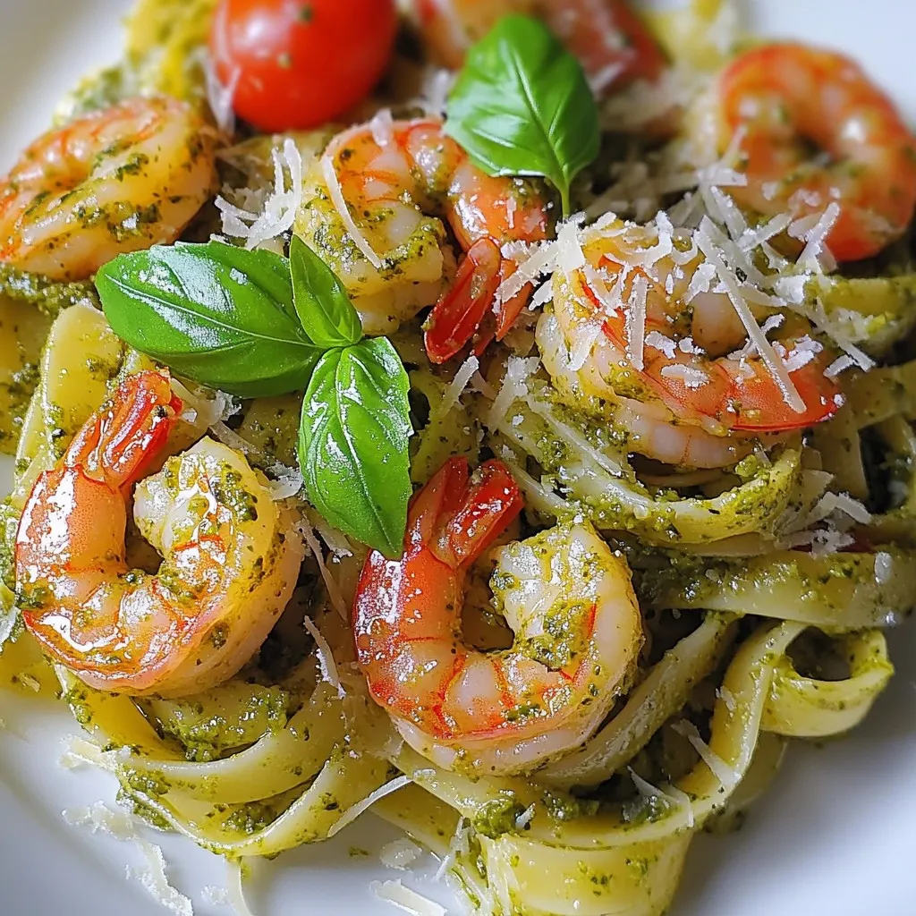 Um Pesto Shrimp Pasta zuzubereiten, benötigst du folgende Zutaten: - 230 g Linguine oder Spaghetti - 450 g große Garnelen, geschält und entdarmt - 240 g frisches Basilikumpesto - 240 g Kirschtomaten, halbiert - 2 Knoblauchzehen, fein gehackt - 3 Esslöffel Olivenöl - 1/4 Teelöffel rote Paprikaflocken (optional) - Salz und Pfeffer nach Geschmack - Geriebener Parmesan zum Servieren - Frische Basilikumblätter zur Dekoration Jede Zutat bringt ihren eigenen Geschmack mit. Die Linguine oder Spaghetti bilden die perfekte Basis. Die großen Garnelen sind zart und saftig, und das frische Basilikumpesto gibt dem Gericht einen starken, aromatischen Kick. Die Kirschtomaten sorgen für Frische und Süße, während der Knoblauch und das Olivenöl für eine herzliche Note sorgen. Die roten Paprikaflocken geben etwas Würze; du kannst sie je nach deinem Geschmack hinzufügen. Salz und Pfeffer sind wichtig, um alle Aromen zu betonen. Vergiss nicht den geriebenen Parmesan, der das Gericht perfekt abrundet, und die frischen Basilikumblätter, die das Auge erfreuen. Diese Zutaten machen Pesto Shrimp Pasta einfach und schmackhaft. {{ingredient_image_2}} Bringe einen großen Topf mit gesalzenem Wasser zum Kochen. Füge die Linguine hinzu und koche sie laut Anleitung. Das ist einfach und schnell. Vergiss nicht, 240 ml des Nudelwassers aufzuheben, bevor du die Pasta abgießt. Das Nudelwasser hilft später, die Sauce cremiger zu machen. Erhitze 3 Esslöffel Olivenöl in einer großen Pfanne bei mittlerer Hitze. Gib den fein gehackten Knoblauch dazu. Brate ihn etwa 30 Sekunden lang an. Der Knoblauch verleiht dem Gericht einen tollen Geschmack. Erhöhe die Hitze auf mittelhoch. Gib die großen Garnelen in die Pfanne. Würze sie mit Salz, Pfeffer und optional roten Paprikaflocken. Brate die Garnelen für 2-3 Minuten auf jeder Seite. Sie sind fertig, wenn sie rosa und undurchsichtig sind. Füge die halbierten Kirschtomaten in die Pfanne hinzu. Lasse sie etwa 2 Minuten mitgaren, bis sie etwas weich sind. Jetzt ist es Zeit, das frische Basilikumpesto einzurühren. Mische alles gut, damit sich die Aromen verbinden. Gib die gekochte Linguine in die Pfanne mit der Garnelen- und Pesto-Mischung. Ist die Pasta zu trocken? Füge nach Bedarf etwas von dem reservierten Nudelwasser hinzu. Rühre alles gut um, bis die Pasta schön mit der Sauce bedeckt ist. Nehme die Pfanne vom Herd. Richte die Pasta sofort auf Tellern an. Garniere das Gericht mit geriebenem Parmesan und frischen Basilikumblättern. So sieht es nicht nur gut aus, sondern schmeckt auch fantastisch! Um die perfekten Garnelen zu kochen, achte auf die Garzeit. Garne die Garnelen 2-3 Minuten auf jeder Seite. Sie sollten rosa und undurchsichtig sein. Hohe Hitze hilft, die Garnelen schnell zu garen. Für das Marinieren, verwende eine Mischung aus Olivenöl, Zitronensaft, Salz und Pfeffer. Lass die Garnelen mindestens 15 Minuten marinieren. So bekommen sie mehr Geschmack. Es gibt viele Möglichkeiten, die Sauce zu variieren. Du kannst frisches Basilikumpesto selber machen oder ein gutes gekauftes verwenden. Wenn du Zeit hast, ist selbstgemacht besser. Füge weitere Zutaten wie Pinienkerne, Parmesan oder eine Prise Chili hinzu. Diese machen das Gericht noch interessanter. Probiere auch unterschiedliche Kräuter wie Petersilie oder Rucola. Serviere die Pasta mit frischem Baguette oder einem einfachen grünen Salat. Ein spritziger Weißwein passt gut dazu. Alternativ schmeckt ein kaltes Mineralwasser mit Zitrone erfrischend. Denke daran, die Pasta warm zu servieren und mit frischem Basilikum zu garnieren. Pro Tipps Frische Zutaten verwenden: Verwende frisches Basilikumpesto und frische Kirschtomaten für den besten Geschmack. Nudelwasser aufbewahren: Das Nudelwasser hilft, die Sauce cremiger zu machen und sorgt dafür, dass die Pasta gut am Gericht haftet. Garnelen nicht überkochen: Achte darauf, die Garnelen nicht zu lange zu garen, damit sie zart und saftig bleiben. Variationen ausprobieren: Füge zusätzliches Gemüse wie Spinat oder Zucchini hinzu, um das Gericht noch nährstoffreicher zu gestalten. {{image_4}} Wenn du Garnelen nicht magst, kannst du sie ersetzen. Zucchini oder Brokkoli passen gut in das Gericht. Schneide die Zucchini in dünne Scheiben. Dünste sie kurz an, bis sie zart sind. Brokkoli kannst du in kleine Röschen schneiden und ebenfalls anbraten. Diese Optionen geben deinem Gericht einen frischen Geschmack. Möchtest du etwas mehr Würze? Füge Chili oder scharfe Soße hinzu. Du kannst frische Chilis fein hacken und mit den Garnelen anbraten. Alternativ kannst du auch scharfe Soßen nach dem Kochen unterrühren. Das bringt eine tolle Schärfe in deine Pasta. Du musst nicht bei Linguine oder Spaghetti bleiben. Probiere andere Pasta-Formen aus! Fusilli oder Penne sind ebenfalls lecker. Diese Formen halten die Soße gut fest. So bekommst du jeden Bissen voller Geschmack. - Kühlschranklagerung: Bewahre die Reste in einem luftdichten Behälter auf. Die Pasta bleibt frisch für 2 bis 3 Tage. Vor dem Schließen des Behälters lasse sie etwas abkühlen. - Gefrieroptionen: Für eine längere Lagerung kannst du die Pasta auch einfrieren. Verwende einen gefrierfesten Behälter oder einen Gefrierbeutel. Sie bleibt bis zu 2 Monate gut. Denke daran, die Garnelen und die Sauce getrennt zu lagern, um die beste Qualität zu erhalten. - Tipps für den besten Geschmack: Erhitze die Reste langsam in einer Pfanne bei niedriger Hitze. Füge etwas Olivenöl oder Brühe hinzu, um die Pasta feucht zu halten. Rühre regelmäßig um, damit sie gleichmäßig warm wird. Du kannst die Gerichte auch in der Mikrowelle aufwärmen. Decke den Behälter mit einem feuchten Papiertuch ab, um das Austrocknen zu vermeiden. - Tipps zur Frische: Achte darauf, die Pasta sofort nach dem Kochen zu kühlen, wenn du sie nicht gleich isst. Wenn du Veränderungen im Geruch oder der Farbe bemerkst, schmeiß sie weg. So bleibst du auf der sicheren Seite. Pesto Shrimp Pasta hat etwa 450 Kalorien pro Portion. Diese Zahl kann je nach Zutaten variieren. Die Garnelen liefern Protein, während das Pesto gesunde Fette bietet. Du kannst die Kalorienzahl senken, indem du weniger Öl oder Parmesan verwendest. Ja, du kannst Pesto Shrimp Pasta im Voraus zubereiten. Koche die Pasta und die Garnelen getrennt. Lasse sie abkühlen und bewahre sie im Kühlschrank auf. Mische sie erst kurz vor dem Servieren. So bleibt die Pasta frisch und die Garnelen zart. Selbstgemachtes Basilikumpesto ist einfach! Hier ist ein schnelles Rezept: 1. Zutaten: - 2 Tassen frisches Basilikum - 1/2 Tasse Olivenöl - 1/2 Tasse geriebener Parmesan - 1/3 Tasse Pinienkerne - 2 Knoblauchzehen - Salz und Pfeffer nach Geschmack 2. Anleitung: - Gib alle Zutaten in einen Mixer. - Mixe alles, bis die Mischung glatt ist. - Schmecke das Pesto ab und füge nach Bedarf Salz und Pfeffer hinzu. So hast du schnell ein tolles Pesto für dein Gericht! Diese Anleitung zeigt Ihnen, wie Sie leckere Pesto Shrimp Pasta zubereiten können. Zuerst haben wir die Zutaten behandelt, darunter frische Garnelen und hausgemachtes Pesto. Dann folgte eine Schritt-für-Schritt-Anleitung, um die Pasta perfekt zu kochen und die Garnelen zuzubereiten. Ich habe auch Tipps bereitgestellt, um die besten Ergebnisse zu erzielen. Variationen bieten kreative Wege, das Rezept zu ändern. Denken Sie daran, die Reste richtig zu lagern, um nichts zu verschwenden. Genießen Sie Ihr Gericht und lassen Sie das Essen sprechen!