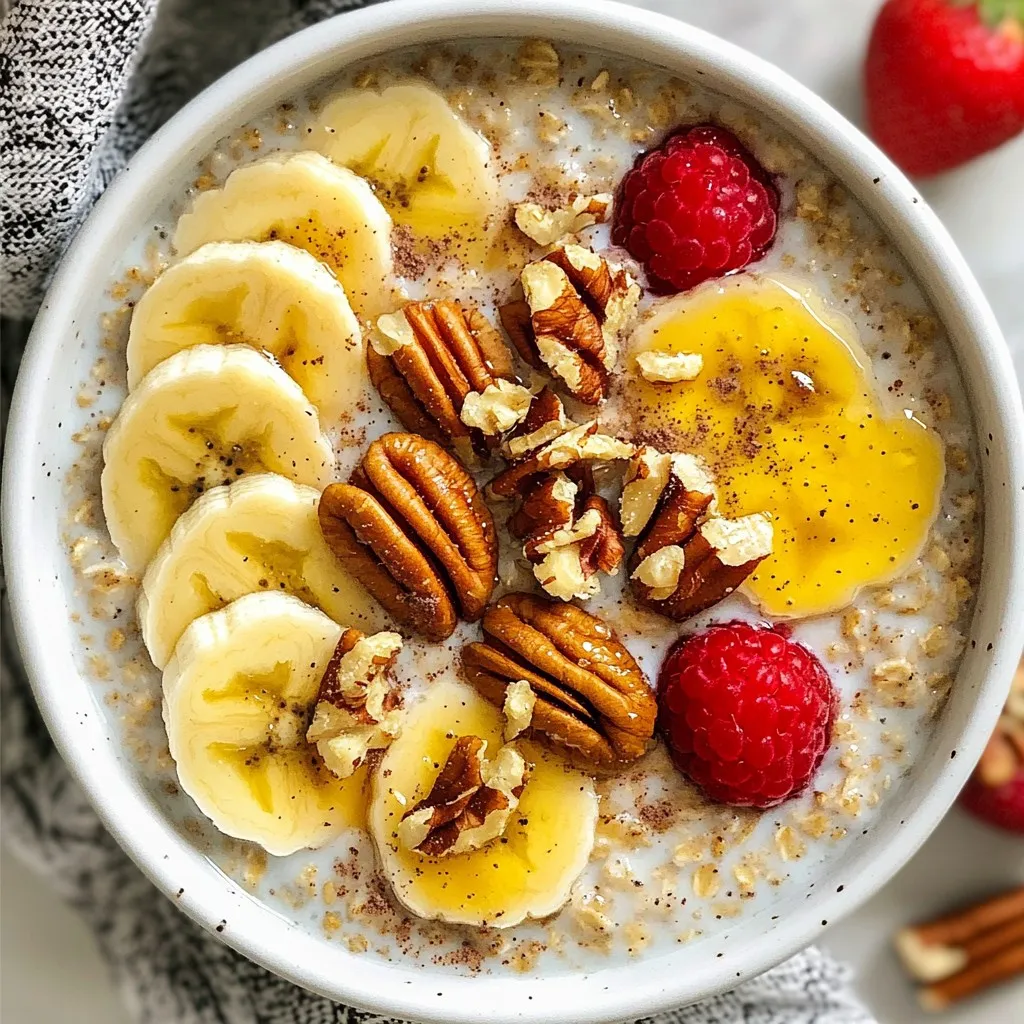 - 1 Tasse zarte Haferflocken - 2 Tassen Mandelmilch oder Milch nach Wahl - 2 Esslöffel Ahornsirup Die Hauptzutaten sind einfach und gesund. Zarte Haferflocken sind der Grundbaustein. Sie sind reich an Ballaststoffen und halten lange satt. Mandelmilch ist eine tolle, leichte Option. Sie gibt dem Gericht einen nussigen Geschmack. Ahornsirup bringt die süße Note, die wir lieben. - 1/4 Tasse grob gehackte Pekannüsse - 1/2 Teelöffel Vanilleextrakt - 1/2 Teelöffel gemahlener Zimt - Eine Prise Salz - Frisches Obst zum Garnieren Die Extras machen die Haferflocken besonders. Pekannüsse bringen einen tollen Crunch und gesunde Fette. Vanilleextrakt sorgt für ein angenehmes Aroma. Zimt kannst du nicht ignorieren! Er gibt Wärme und Tiefe. Eine Prise Salz hebt die Aromen hervor. Frisches Obst ist der perfekte Abschluss. Du kannst Bananen oder Beeren verwenden, um Farbe und Geschmack zu bringen. {{ingredient_image_2}} Zuerst nimmst du eine mittelgroße Schüssel oder ein Einmachglas. Gib die Haferflocken und die Mandelmilch hinein. Rühre gut um, bis alle Haferflocken in der Milch sind. Dann kommt der Ahornsirup dazu. Füge auch den Vanilleextrakt, den Zimt und eine Prise Salz hinzu. Rühre kräftig, bis alles gut vermischt ist. Jetzt ist es Zeit für die Pekannüsse. Hebe die grob gehackten Nüsse vorsichtig unter die Mischung. Behalte ein paar Nüsse für später. Danach deckst du die Schüssel oder das Glas ab. Stelle es über Nacht in den Kühlschrank oder mindestens für vier Stunden. Am Morgen rührst du die Haferflocken gründlich um. Wenn sie zu dick sind, füge mehr Mandelmilch hinzu. Serviere die Haferflocken in Schalen. Garniere sie mit den restlichen Pekannüssen und frischem Obst. Du kannst auch einen Schuss Ahornsirup darauf geben. Ein Zweig Minze macht das Gericht noch schöner! Um die perfekte Textur für Ihre Haferflocken zu erreichen, können Sie etwas Flüssigkeit hinzufügen. Die Mischung sollte cremig, aber nicht zu dick sein. Wenn die Haferflocken am Morgen zu fest sind, fügen Sie einfach mehr Mandelmilch hinzu. Rühren Sie gut um. So erhalten Sie die gewünschte Konsistenz. Sie können die Haferflocken im Voraus zubereiten. Stellen Sie sicher, dass Sie sie in einem luftdichten Behälter aufbewahren. So bleiben sie frisch. Probieren Sie auch verschiedene Zutaten aus. Fügen Sie andere Nüsse oder Früchte hinzu. Dies gibt Ihnen viele Geschmäcker und macht das Gericht interessant. Pro Tipps Haferflocken-Variationen: Experimentieren Sie mit verschiedenen Haferflockenarten, wie groben oder über Nacht eingeweichten. Jede Sorte hat ihren eigenen Geschmack und ihre eigene Textur. Milchalternativen: Nutzen Sie verschiedene pflanzliche Milchsorten wie Kokos- oder Hafermilch, um neue Aromen zu entdecken und auf unterschiedliche diätetische Bedürfnisse einzugehen. Zusätzliche Toppings: Fügen Sie verschiedene Nüsse, Samen oder Trockenfrüchte hinzu, um den Nährstoffgehalt zu erhöhen und das Gericht noch schmackhafter zu machen. Vorbereitung im Voraus: Bereiten Sie mehrere Portionen auf einmal vor und lagern Sie sie im Kühlschrank, um ein schnelles Frühstück für die gesamte Woche zu haben. {{image_4}} Du kannst die Pekannüsse durch andere Nüsse ersetzen. Walnüsse oder Mandeln sind tolle Optionen. Diese Nüsse bringen verschiedene Geschmäcker. Du kannst auch Chiasamen oder Leinsamen hinzufügen. Diese Samen sind reich an Nährstoffen. Sie machen dein Frühstück noch gesünder und leckerer. Wenn du keinen Ahornsirup magst, probiere Honig oder Agavendicksaft. Diese Süßungsmittel sind ebenfalls köstlich. Du kannst auch Zuckerersatzstoffe wie Stevia verwenden. Diese Optionen helfen, den Zuckergehalt zu senken und die Kalorien zu reduzieren. Saisonales Obst macht dein Gericht frisch und bunt. Äpfel und Birnen passen gut in die Mischung. Du kannst auch Beeren wie Himbeeren oder Erdbeeren verwenden. Diese Früchte bringen Süße und Farbe. Kombiniere verschiedene Früchte, um deinen eigenen Geschmack zu finden. Die Übernacht-Haferflocken halten sich im Kühlschrank bis zu fünf Tage. Sie bleiben frisch, wenn Sie sie gut abdecken. Verwenden Sie einen Deckel oder Frischhaltefolie. Um Klumpenbildung zu vermeiden, rühren Sie die Mischung vor dem Servieren gut um. Wenn die Haferflocken zu dick sind, fügen Sie etwas mehr Mandelmilch hinzu. Einfrieren ist eine tolle Option, wenn Sie mehr Portionen zubereiten wollen. Teilen Sie die Haferflocken in Portionen auf und füllen Sie sie in luftdichte Behälter. Sie können sie bis zu drei Monate im Gefrierfach aufbewahren. Zum Auftauen stellen Sie die Behälter einfach in den Kühlschrank. Lassen Sie sie über Nacht auftauen. Wenn sie thawed sind, rühren Sie sie gut um und fügen Sie nach Bedarf etwas Mandelmilch hinzu. Genießen Sie sie mit frischem Obst oder Nüssen. Übernacht-Haferflocken halten sich gut im Kühlschrank. Sie sind bis zu fünf Tage frisch. Lagern Sie sie in einem luftdichten Behälter. So bleiben sie länger haltbar. Achten Sie darauf, dass keine Flüssigkeit oben schwimmt. Wenn sie ungewohnt riechen, entsorgen Sie sie besser. Ja, Sie können verschiedene Milcharten nutzen! Mandelmilch ist beliebt, aber auch Hafermilch oder Sojamilch gehen gut. Wenn Sie keine Milch mögen, probieren Sie Kokosmilch. Jede Milch hat ihren eigenen Geschmack. Das gibt den Haferflocken eine persönliche Note. Ja, Overnight Oats sind sehr gesund! Sie sind reich an Ballaststoffen, die gut für die Verdauung sind. Hafer enthält auch viele Vitamine und Mineralien. Pekannüsse liefern gesunde Fette und Proteine. Diese Mischung hält Sie lange satt. Kombinieren Sie sie mit frischem Obst für zusätzliche Nährstoffe. Zusammenfassend haben wir einfache und nahrhafte Übernacht-Haferflocken besprochen. Wir haben die Hauptzutaten und verschiedene Variationen vorgestellt. Außerdem gab es Tipps zur Zubereitung und zur richtigen Lagerung. Denke daran, dass du mit Zutaten kreativ sein kannst. Ob mit Obst oder Nüssen, Vielfalt macht es spannend. Diese Haferflocken sind nicht nur gesund, sondern auch leicht vorzubereiten. So startest du gut in den Tag!
