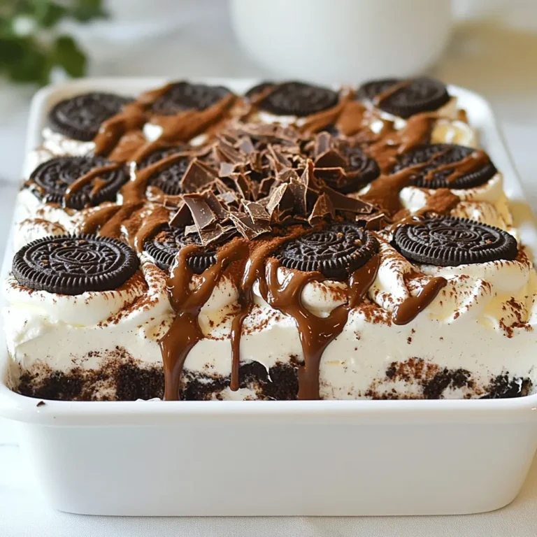 Für den Mocha Oreo Icebox Cake brauchst du folgende Zutaten: - 2 Tassen Schlagsahne - 1 Tasse Puderzucker - 1 Teelöffel Vanilleextrakt - 1 Esslöffel Instantkaffee-Granulat - 2 Tassen gekühlter, gebrühter Kaffee - 24 Oreo-Kekse - 1/2 Tasse Schokoladensirup - 1/4 Tasse Kakao-Pulver - Optional: Schokoladenraspel und zerkrümelte Oreos zur Dekoration Falls du eine Zutat nicht hast, hier sind einige Alternativen: - Statt Schlagsahne kannst du Kokoscreme verwenden. - Verwende braunen Zucker anstelle von Puderzucker für einen reicheren Geschmack. - Instantkaffee-Granulat kann durch normalen Kaffee ersetzt werden, aber nutze weniger Flüssigkeit. - Für einen glutenfreien Kuchen nimm glutenfreie Oreo-Kekse. Die Qualität der Zutaten macht einen großen Unterschied. Nutze frische Schlagsahne für einen cremigen Geschmack. Hochwertiger Kaffee bringt mehr Aroma in den Kuchen. Achte darauf, dass die Oreo-Kekse frisch sind. Wenn du die Zutaten gut auswählst, wird dein Mocha Oreo Icebox Cake noch besser. {{ingredient_image_2}} Um die Schlagsahne vorzubereiten, nehme eine große Schüssel. Gib die Schlagsahne, den Puderzucker, Vanilleextrakt und das Instantkaffee-Granulat hinein. Mit einem Handmixer oder einer Küchenmaschine schlage die Mischung auf. Achte darauf, dass sich weiche Spitzen bilden. Dies dauert nur ein paar Minuten. Die Sahne wird fluffig und lecker. Jetzt bereite den Kaffee vor. Fülle den gebrühten Kaffee in eine flache Schüssel. Lass ihn bei Raumtemperatur abkühlen. Dieser Kaffee ist wichtig für die Oreos. Tauche jeden Keks kurz in den Kaffee. Halte den Keks nur etwa eine Sekunde pro Seite im Kaffee. So bleibt er fest, aber weich genug für den Kuchen. Lege die getauchten Kekse in eine 20 cm x 20 cm große Auflaufform. Beginne mit dem Schichten. Lege etwa sechs Oreos in die Form. Verteile dann eine gleichmäßige Schicht der geschlagenen Sahne über die Kekse. Übergieße die Sahneschicht mit einem Esslöffel Schokoladensirup und streue etwas Kakao-Pulver darüber. Wiederhole diesen Prozess mit weiteren Oreos und Sahne. Schließe mit einer Schicht Sahne ab. Decke die Form mit Frischhaltefolie ab und stelle sie für mindestens 4 Stunden in den Kühlschrank. Über Nacht ist besser, damit sich die Aromen gut verbinden. Ein häufiger Fehler ist, die Oreos zu lange in den Kaffee zu tauchen. Wenn sie zu weich werden, brechen sie. Tauche jeden Keks nur kurz ein. Eine Sekunde pro Seite reicht. Das sorgt für die perfekte Mischung aus knusprig und weich. Ein weiterer Fehler ist das Übermixen der Sahne. Wenn du das tust, wird die Sahne butterartig und schwer. Mixe nur bis sich weiche Spitzen bilden. Das gibt der Sahne die schöne, luftige Konsistenz. Um die Sahne perfekt zuzubereiten, stelle sicher, dass alle Zutaten kalt sind. Kalte Schlagsahne schlägt besser auf. Verwende eine große Schüssel, damit du genug Platz hast, um die Sahne gut zu mixen. Beginne mit niedriger Geschwindigkeit und erhöhe sie langsam. Das hilft, die Luft gleichmäßig zu verteilen. Wenn du die richtige Konsistenz erreicht hast, bleibt die Sahne fest, ohne klumpig zu sein. Die Kühlung ist ein wichtiger Schritt. Lass den Kuchen mindestens 4 Stunden im Kühlschrank. Besser ist es, ihn über Nacht kühlen zu lassen. So ziehen die Aromen richtig durch, und die Oreos werden schön weich. Achte darauf, den Kuchen gut abzudecken. Das verhindert, dass er Gerüche aus dem Kühlschrank aufnimmt. Vor dem Servieren kannst du ihn dekorieren. Schokoladenraspel und zerkrümelte Oreos sorgen für das gewisse Extra. Pro Tipps Kekse nicht zu lange eintauchen: Tauche die Oreos nur kurz in den Kaffee, damit sie nicht zu matschig werden. Ein schneller Eintauchprozess bewahrt die Struktur der Kekse. Variante mit verschiedenen Keks-Sorten: Experimentiere mit anderen Keks-Sorten, wie zum Beispiel Chocolate Chip oder Peanut Butter, um neue Geschmackskombinationen zu entdecken. Schichten gleichmäßig verteilen: Achte darauf, die geschlagene Sahne gleichmäßig über die Keksschichten zu verteilen, um eine harmonische Struktur und Geschmack zu gewährleisten. Über Nacht kühlen: Lass den Eiskuchen über Nacht im Kühlschrank ruhen. So können sich die Aromen besser entfalten und die Kekse weich werden, was zu einer cremigen Textur führt. {{image_4}} Wenn du nach Abwechslung suchst, probiere andere Kekse aus. Schokoladenkekse bringen einen ähnlichen Geschmack. Du kannst auch Karamellkekse verwenden, um eine süße Note hinzuzufügen. Für einen knusprigen Biss sind Butterkekse eine tolle Wahl. Diese Optionen geben deinem Mocha Oreo Icebox Cake einen neuen Twist. Du kannst den Geschmack leicht anpassen. Füge einen Hauch von Zimt oder Muskatnuss zur Sahne hinzu. Das bringt eine angenehme Würze. Für eine fruchtige Note, probiere Banane oder Erdbeeren zwischen den Schichten. Diese Kombinationen machen deinen Kuchen noch interessanter. Sei kreativ und finde deinen eigenen Lieblingsgeschmack. Für eine vegane Version, ersetze die Schlagsahne durch Kokoscreme oder eine pflanzliche Sahne. Achte darauf, dass der Kaffee ebenfalls vegan ist. Für glutenfreie Optionen wähle glutenfreie Kekse. Diese Anpassungen machen das Rezept für alle zugänglich. So kann jeder diesen köstlichen Kuchen genießen, ohne Einschränkungen. Um den Mocha Oreo Icebox Cake frisch zu halten, decke ihn mit Frischhaltefolie ab. Verwende einen gut schließenden Behälter, falls du keinen Platz im Kühlschrank hast. Achte darauf, dass der Kuchen nicht mit anderen Lebensmitteln in Berührung kommt. So bleibt der Geschmack rein. - Halte den Kuchen immer kühl. Bei Zimmertemperatur hält er nicht lange. - Vermeide es, den Kuchen oft zu öffnen. Jedes Mal gelangt Luft hinein. - Wenn du eine Schicht Frischhaltefolie direkt auf die Sahne legst, schützt es vor dem Austrocknen. - Der Kuchen bleibt bis zu 4 Tage frisch, wenn du ihn richtig lagerst. Falls du Reste hast, kannst du sie kreativ nutzen. - Zerbrösele den Kuchen und verwandle ihn in einen leckeren Dessert-Trifle. - Füge die Reste zu einem Milchshake hinzu. Es wird lecker und schokoladig. - Du kannst auch kleine Stücke als Topping für Eis verwenden. Das gibt deinem Eis eine besondere Note. Mit diesen Tipps bleibt dein Mocha Oreo Icebox Cake ein Genuss für alle! Der Mocha Oreo Icebox Cake muss mindestens 4 Stunden gekühlt werden. Am besten lässt du ihn über Nacht im Kühlschrank. So werden die Oreos weich und die Aromen verbinden sich gut. Ja, du kannst den Kuchen am Vortag zubereiten. Das gibt ihm Zeit, um gut durchzuziehen. Es ist sogar besser, da die Geschmäcker so intensiver werden. Für die Garnierung passen Schokoladenraspel und zerkrümelte Oreos hervorragend. Diese verleihen dem Kuchen eine schöne Optik und zusätzlichen Geschmack. Du kannst auch etwas Kakao-Pulver darüber streuen, um das Dessert abzurunden. In diesem Artikel habe ich die wichtigsten Zutaten für den Mocha Oreo Icebox Cake erklärt. Ich habe auch gezeigt, wie man diese Zutaten richtig vorbereitet und verwendet. Tipps helfen, häufige Fehler zu vermeiden und die perfekte Konsistenz zu erreichen. Variationen und Lagerung geben euch außerdem viele Ideen, wie ihr den Kuchen anpassen könnt. Denkt daran, das Rezept ist einfach und macht Spaß. Mit ein wenig Übung könnt ihr schnell tolle Ergebnisse erzielen. Viel Spaß beim Backen!