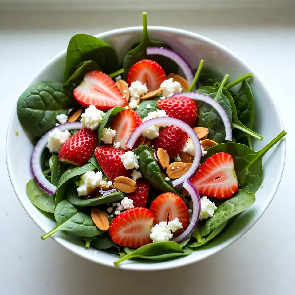 Für einen köstlichen Erdbeer-Spinat-Salat benötigst du folgende Hauptzutaten: - 4 Tassen frische Spinatblätter, gewaschen und getrocknet - 2 Tassen Erdbeeren, entkelcht und in Scheiben geschnitten - 1/2 Tasse zerbröckelter Feta-Käse - 1/4 Tasse geschnittene Mandeln, geröstet - 1/4 rote Zwiebel, dünn geschnitten Diese Zutaten bilden die Basis für einen frischen und nahrhaften Salat. Der Spinat bringt eine zarte Textur, während die Erdbeeren süß und saftig sind. Feta-Käse fügt einen salzigen Geschmack hinzu, und die Mandeln sorgen für einen knusprigen Biss. Die roten Zwiebeln geben dem Salat einen leichten Schärfe-Kick. Wenn du etwas Abwechslung suchst, kannst du einige Zutaten leicht austauschen: - Anstelle von Feta kannst du Ziegenkäse verwenden. - Walnüsse oder Pecannüsse ersetzen die Mandeln gut. - Probiere auch Avocado für eine cremige Note. - Für mehr Süße füge ein paar getrocknete Cranberries hinzu. Diese Alternativen bringen neue Geschmäcker und Texturen in den Salat. Experimentiere mit verschiedenen Kombinationen, um deinen perfekten Geschmack zu finden. Jede Zutat hat ihre eigenen Vorteile: - Spinat: Reich an Eisen und Vitaminen. Stärkt das Immunsystem. - Erdbeeren: Voller Antioxidantien. Gut für die Haut und das Herz. - Feta-Käse: Bietet Proteine und Kalzium. Unterstützt den Knochenbau. - Mandeln: Eine Quelle von gesunden Fetten. Gut für das Herz. - Rote Zwiebel: Enthält Antioxidantien. Fördert die Gesundheit der Zellen. Diese Zutaten machen deinen Salat nicht nur lecker, sondern auch sehr gesund. Du kannst also mit gutem Gewissen genießen! {{ingredient_image_2}} Um die Vinaigrette zu machen, nehmen Sie eine kleine Schüssel. Fügen Sie 1/4 Tasse Balsamico-Essig hinzu. Geben Sie 2 Esslöffel Honig dazu. Fügen Sie 2 Esslöffel Olivenöl hinzu. Streuen Sie etwas Salz und Pfeffer nach Geschmack hinein. Jetzt verquirlen Sie alles gut mit einem kleinen Schneebesen. Die Vinaigrette sollte gut vermischt und glatt sein. Probieren Sie sie, und passen Sie die Gewürze nach Ihrem Geschmack an. Eine gute Vinaigrette macht den Salat besonders. In einer großen Schüssel geben Sie zuerst 4 Tassen frische Spinatblätter. Stellen Sie sicher, dass die Blätter gewaschen und getrocknet sind. Danach fügen Sie 2 Tassen geschnittene Erdbeeren hinzu. Die Erdbeeren bringen eine süße Note in den Salat. Jetzt streuen Sie 1/2 Tasse zerbröckelten Feta-Käse darüber. Der Feta sorgt für einen salzigen Kontrast. Fügen Sie 1/4 Tasse geröstete, geschnittene Mandeln hinzu. Diese bringen einen tollen Crunch. Zum Schluss kommen 1/4 rote Zwiebel, dünn geschnitten, dazu. Mischen Sie alles sanft, damit die Zutaten nicht zerdrückt werden. Jetzt ist es Zeit, alles zusammenzubringen. Gießen Sie die Vinaigrette gleichmäßig über den Salat. Mischen Sie alles vorsichtig, sodass jede Zutat gut umhüllt ist. Lassen Sie den Salat für etwa 5 Minuten ruhen. So können sich die Aromen entfalten. Servieren Sie den Salat dann auf individuellen Tellern oder in einer großen Schüssel. Sie können den Salat nach Wunsch mit extra Mandeln oder Feta garnieren. Genießen Sie diesen frischen und nahrhaften Salat! Um eine leckere Vinaigrette zu machen, fange mit einer kleinen Schüssel an. Mische 1/4 Tasse Balsamico-Essig, 2 Esslöffel Honig und 2 Esslöffel Olivenöl. Rühre die Zutaten gut um. Füge Salz und Pfeffer nach Geschmack hinzu. Probiere die Vinaigrette und passe die Gewürze an. Eine gute Vinaigrette hebt die Aromen des Salats hervor. Frische Zutaten sind der Schlüssel zu einem tollen Salat. Wähle Spinat mit lebhaften grünen Blättern. Die Erdbeeren sollten rot und saftig sein. Vermeide matschige oder braune Stellen. Lagere den Spinat in einem luftdichten Behälter im Kühlschrank. Halte die Erdbeeren kühl und trocken. So bleiben sie länger frisch und lecker. Ein häufiger Fehler ist, die Vinaigrette zu früh hinzuzufügen. Das kann den Salat weich machen. Mische die Vinaigrette erst kurz vor dem Servieren unter. Achte auch darauf, die Zutaten nicht zu grob zu schneiden. Kleinere Stücke vermischen sich besser. Vermeide es, die Vinaigrette zu salzig zu machen. Zu viel Salz kann die anderen Geschmäcker überdecken. Pro Tipps Frische Zutaten verwenden: Für den besten Geschmack sollten Sie frischen Spinat und frische Erdbeeren verwenden. Sie sorgen für eine knackige Textur und lebendige Aromen. Vinaigrette im Voraus zubereiten: Bereiten Sie die Vinaigrette etwa eine Stunde vor dem Servieren zu. So können sich die Aromen besser entfalten. Variationen ausprobieren: Fügen Sie andere Früchte wie Himbeeren oder Mandarinen hinzu, um den Salat abwechslungsreicher zu gestalten. Servieren bei Zimmertemperatur: Lassen Sie den Salat vor dem Servieren kurz stehen, damit die Aromen besser miteinander harmonieren und der Salat nicht zu kalt ist. {{image_4}} Erdbeer-Spinat-Salat ist sehr anpassbar. Hier sind einige meiner liebsten Toppings: - Walnüsse: Diese geben einen tollen Crunch. - Käse: Feta ist klasse, aber auch Ziegenkäse passt gut. - Avocado: Sie macht den Salat cremig und nahrhaft. - Kürbiskerne: Sie sind knackig und voller Nährstoffe. Du kannst auch frische Kräuter wie Minze oder Basilikum hinzufügen. Diese bringen einen neuen Geschmack in den Salat. Wenn du vegan oder glutenfrei bist, gibt es viele Möglichkeiten. Anstelle von Feta kannst du einen veganen Käse verwenden. Für die Vinaigrette nutze Agavendicksaft statt Honig. Die anderen Zutaten sind meist schon glutenfrei. Achte darauf, glutenfreie Mandeln zu wählen, wenn du deine Nüsse kaufst. Der Erdbeer-Spinat-Salat ist das ganze Jahr über lecker. Im Frühling kannst du frische Erbsen hinzufügen. Im Sommer sind Himbeeren eine tolle Option. Im Herbst probiere geröstete Süßkartoffeln und Granatapfelkerne. Im Winter ist es schön, die Erdbeeren durch Äpfel oder Birnen zu ersetzen. So bleibt der Salat immer frisch und spannend. Um den Erdbeer-Spinat-Salat frisch zu halten, lagere ihn in einem luftdichten Behälter. Vermeide, den Salat zu quetschen. Das schützt die zarten Spinatblätter und Erdbeeren. Halte die Vinaigrette separat, bis du servierst. So bleibt alles knackig und frisch. Du kannst die Zutaten im Voraus schneiden. Bewahre die Erdbeeren und den Spinat getrennt auf. Die Zwiebeln und Mandeln können ebenfalls früh vorbereitet werden. Mische alles erst kurz vor dem Servieren. So bleibt der Salat frisch und lecker. - Spinatblätter: 3-5 Tage im Kühlschrank. - Erdbeeren: 3-7 Tage, je nach Reife. - Feta-Käse: 5-7 Tage, nach dem Öffnen. - Mandeln: 2-3 Wochen, wenn sie trocken gelagert werden. - Rote Zwiebel: 1-2 Wochen, kühl und dunkel. Jede Zutat hat ihre eigene Haltbarkeit. Achte darauf, alles frisch zu halten, um den besten Geschmack zu genießen. Der Erdbeer-Spinat-Salat hält sich bis zu drei Tage im Kühlschrank. Achte darauf, ihn in einem luftdichten Behälter aufzubewahren. Das verhindert, dass der Salat matschig wird. Nach drei Tagen schmeckt er nicht mehr frisch und die Textur verändert sich. Es ist am besten, den Salat frisch zu genießen. Ja, du kannst den Salat im Voraus zubereiten, aber es gibt einen Trick. Bereite die Zutaten getrennt vor. Mische die Vinaigrette und die Salatzutaten erst kurz vor dem Servieren. So bleiben die Erdbeeren und der Spinat knackig und frisch. Wenn du alles zusammenmischst, wird der Salat schnell weich. Spinat ist reich an Vitaminen. Er enthält Vitamin K, das gut für die Knochen ist. Außerdem hat er viel Eisen, das wichtig für den Körper ist. Erdbeeren sind voll mit Antioxidantien. Sie helfen, die Zellen zu schützen und den Körper gesund zu halten. Beide Zutaten machen diesen Salat nicht nur lecker, sondern auch nahrhaft. Der Erdbeer-Spinat-Salat ist ein einfacher und gesunder Genuss. Wir haben die besten Zutaten, die Zubereitung und wertvolle Tipps behandelt. Du kannst die Vinaigrette perfekt machen und den Salat frisch halten. Es gibt viele Variationen, um den Salat spannend zu gestalten. Lagere ihn richtig, um die Frische zu bewahren. Nutze die FAQs für weitere Fragen. Dieser Salat ist nicht nur lecker, sondern auch nahrhaft. Probiere die Tipps aus und genieße jeden Bissen!