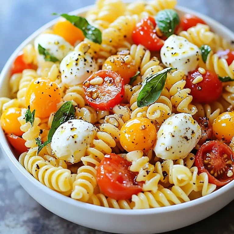 Die Hauptzutaten machen diesen Salat frisch und lecker. Hier sind sie: - 225 g Fusilli oder Penne Pasta - 240 ml Kirschtomaten, halbiert - 240 ml frische Mozzarellakugeln (Bocconcini) - 120 ml frische Basilikumblätter, zerrissen Diese Zutaten sind wichtig für den Geschmack. Die Pasta gibt dir die Basis. Die Kirschtomaten bringen Süße. Mozzarella sorgt für Cremigkeit und Basilikum fügt Frische hinzu. Für das Dressing benötigst du auch einige Gewürze und Öle. Dazu gehören: - 60 ml natives Olivenöl extra - 30 ml Balsamico-Essig - 1 Knoblauchzehe, fein gehackt - Salz und Pfeffer nach Geschmack Das Olivenöl gibt dem Salat einen reichhaltigen Geschmack. Balsamico-Essig bringt Säure und Tiefe. Knoblauch sorgt für einen pikanten Kick. Salz und Pfeffer runden alles ab. Ein tolles zusätzliches Topping sind Pinienkerne. Du brauchst: - 60 ml Pinienkerne, geröstet Diese nussigen Kerne fügen einen knackigen Texturkontrast hinzu. Röste sie in einer Pfanne, um ihren vollen Geschmack zu entfalten. Sie sind nicht notwendig, aber sehr empfehlenswert. {{ingredient_image_2}} Koche die Pasta in einem großen Topf mit gesalzenem Wasser. Bring das Wasser zum Kochen. Füge die Fusilli oder Penne hinzu. Koche sie, bis sie al dente sind. Das dauert etwa 8 bis 10 Minuten. Gieße die Pasta ab und spüle sie unter kaltem Wasser. So stoppst du den Kochprozess. Lass die Pasta beiseite, damit sie abkühlen kann. Nimm eine kleine Schüssel für das Dressing. Gib das native Olivenöl, den Balsamico-Essig und den fein gehackten Knoblauch hinein. Füge Salz und Pfeffer hinzu. Verquirle alles gut. Du willst, dass die Zutaten sich gut vermischen. Das Dressing bringt tollen Geschmack in den Salat. In einer großen Schüssel kommen nun die abgekühlte Pasta, die halbierten Kirschtomaten, die Mozzarellakugeln und die zerrissenen Basilikumblätter. Das sieht schon lecker aus! Gieße das Dressing gleichmäßig darüber. Hebe alles vorsichtig an, damit die Zutaten gut bedeckt sind. Wenn du Pinienkerne verwenden möchtest, ist jetzt der richtige Zeitpunkt. Röste sie in einer trockenen Pfanne bei mittlerer Hitze. Das dauert etwa 3 bis 4 Minuten. Rühre die Pinienkerne häufig um, damit sie nicht anbrennen. Wenn sie goldbraun sind, nimm die Pfanne vom Herd. Lass sie abkühlen und streue sie über den Salat. Lass den Pasta-Salat mindestens 20 Minuten im Kühlschrank. Das hilft, die Aromen gut zu verbinden. So schmeckt der Salat noch besser. Wenn du ihn servierst, kannst du auch frische Basilikumblätter als Garnitur verwenden. Ein Hauch Balsamico-Reduktion macht das Ganze noch eleganter. Die Kochzeit ist wichtig. Für Fusilli oder Penne koche die Pasta etwa 8 bis 10 Minuten. Probiere sie, bevor du sie abgießt. Sie sollte al dente sein. Das bedeutet, sie bleibt fest, aber nicht hart. Nach dem Kochen spüle die Pasta mit kaltem Wasser. So stoppst du den Kochprozess und verhinderst ein Verkleben. Das Dressing macht den Salat besonders. Du kannst die Basis aus Olivenöl und Balsamico-Essig ändern. Probiere Zitronensaft für eine frische Note. Für mehr Geschmack füge Senf oder Honig hinzu. Ein bisschen italienische Kräuter wie Oregano oder Thymian passen auch gut. Mische einfach, bis es dir schmeckt. Um den Salat frisch zu halten, lagere ihn in einem luftdichten Behälter. Stelle sicher, dass du ihn im Kühlschrank aufbewahrst. So bleibt er bis zu drei Tage gut. Wenn du ihn länger aufbewahren möchtest, lasse das Dressing getrennt. Mische es erst kurz vor dem Servieren. So bleibt alles knackig und frisch. Pro Tipps Perfekte Pasta: Um die perfekte Konsistenz zu erreichen, koche die Pasta immer al dente. So bleibt sie beim Mischen mit den anderen Zutaten knackig. Basilikum frisch halten: Um den frischen Geschmack des Basilikums zu bewahren, füge die zerrissenen Blätter erst kurz vor dem Servieren hinzu. Variationen ausprobieren: Experimentiere mit verschiedenen Käsesorten wie Feta oder Ricotta, um dem Salat eine neue Geschmacksrichtung zu verleihen. Dressing anpassen: Je nach Vorliebe kannst du das Verhältnis von Olivenöl und Balsamico-Essig anpassen, um die Säure und den Geschmack des Dressings zu variieren. {{image_4}} Um einen veganen Caprese Pasta Salad zu machen, ersetze den Käse. Statt Mozzarella kannst du Avocado oder Cashew-Creme nehmen. Diese Optionen geben eine cremige Textur. Du kannst auch Hefeflocken hinzufügen. Sie verleihen einen käsigen Geschmack. Verwende frische Kräuter, um den Salat noch lebendiger zu machen. Um mehr Nährstoffe hinzuzufügen, kannst du Proteine einfügen. Kichererbsen sind eine gute Wahl. Sie passen gut zum Salat und machen ihn sättigender. Gegrilltes Hähnchen oder Tofu sind ebenfalls beliebt. Diese Zutaten machen den Salat nahrhafter und leckerer. Saisonale Zutaten bringen frische Aromen. Im Sommer kannst du frische Erbsen oder Zucchini hinzufügen. Im Herbst sind geröstete Kürbisstücke eine tolle Ergänzung. Mit verschiedenen Farben und Texturen sieht der Salat nicht nur gut aus, sondern schmeckt auch besser. Experimentiere mit verschiedenen Zutaten, um deinen perfekten Salat zu finden. Du kannst den Caprese Pasta Salad einfach im Kühlschrank lagern. Nutze einen luftdichten Behälter. So bleibt er frisch. Der Salat sollte innerhalb von drei Tagen gegessen werden. Stelle sicher, dass er gut abgedeckt ist. So vermeidest du, dass er Gerüche von anderen Lebensmitteln aufnimmt. Das Einfrieren des Caprese Pasta Salats ist nicht empfehlenswert. Die frischen Zutaten wie Tomaten und Mozzarella verlieren ihre Textur. Wenn du Reste hast, lagere sie lieber im Kühlschrank. Wenn du den Salat nicht sofort essen kannst, bereite nur so viel wie nötig vor. Der Salat bleibt frisch für etwa drei Tage im Kühlschrank. Achte darauf, ihn gut zu verpacken. Überprüfe immer den Geruch und das Aussehen, bevor du ihn isst. Wenn der Salat seltsam riecht oder die Farbe sich ändert, wirf ihn weg. So bleibst du gesund und genießt die Aromen. Du kannst den Caprese Pasta Salad bis zu zwei Tage im Voraus zubereiten. Das gibt den Aromen Zeit, sich zu verbinden. Lagere ihn in einem luftdichten Behälter im Kühlschrank. Achte darauf, das Dressing erst kurz vor dem Servieren hinzuzufügen. So bleibt die Pasta schön frisch und knackig. Ja, du kannst andere Käsesorten verwenden. Feta oder Ricotta sind tolle Alternativen. Du könntest sogar ein Stück Parmesan hinzufügen. Die Wahl des Käses kann den Geschmack des Salats ganz verändern. Probiere verschiedene Sorten aus, um deine perfekte Mischung zu finden. Wenn du glutenfreie Pasta verwendest, wird der Salat glutenfrei. Es gibt viele gute Optionen aus Reis oder Quinoa. Achte immer auf die Zutatenliste, um sicherzustellen, dass sie keine Gluten enthalten. So kannst du den Salat auch für glutenfreie Freunde genießen. Du kannst den Salat nach deinem Geschmack anpassen. Füge mehr Gemüse wie Gurken oder Paprika hinzu. Auch Oliven oder getrocknete Tomaten passen gut. Wenn du etwas Protein möchtest, sind Hühnchen oder Kichererbsen eine gute Wahl. Sei kreativ und finde deine Lieblingskombination! Der Caprese Pasta Salad ist einfach und lecker. Du hast die Hauptzutaten, Gewürze und die tollen optionalen Pinienkerne kennengelernt. Ich habe dir gezeigt, wie du die Pasta kochen, das Dressing zubereiten und alles anrichten kannst. Außerdem hast du Tipps erhalten, um den Salat frisch zu halten und Variationen auszuprobieren. Denk daran, mit den Zutaten zu spielen und deinen Salat nach deinem Geschmack anzupassen. Mit der richtigen Lagerung bleibt der Salat frisch. Viel Spaß beim Ausprobieren!