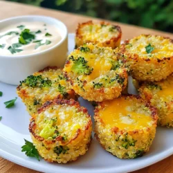- 1 Tasse gekochter Quinoa - 1 ½ Tassen frische Brokkoliröschen, fein gehackt - 1 Tasse geriebener Cheddar-Käse Diese Hauptzutaten bilden die Basis für die Broccoli Cheddar Quinoa Bites. Gekochter Quinoa sorgt für eine nahrhafte Struktur. Frische Brokkoliröschen bringen Farbe und Vitamine. Der geriebene Cheddar-Käse gibt Geschmack und Cremigkeit. - 2 große Eier - ½ Tasse Semmelbrösel (vorzugsweise Vollkorn) - ¼ Tasse geriebener Parmesan Die Eier helfen, die Mischung zu binden. Semmelbrösel geben der Mischung einen schönen Crunch. Parmesan fügt eine salzige Tiefe hinzu, die das Gericht aufwertet. - 1 Knoblauchzehe, fein gewürfelt - ½ Teelöffel Zwiebelpulver - ½ Teelöffel geräuchertes Paprikapulver Knoblauch bringt einen tollen Geschmack. Zwiebelpulver verstärkt das Aroma. Geräuchertes Paprikapulver gibt eine leichte Rauchnote, die die Bites besonders lecker macht. Jede Zutat hat ihren eigenen Platz in diesem Rezept. Die Kombination sorgt für einen gesunden Snack, der einfach zuzubereiten ist. {{ingredient_image_2}} Heize deinen Ofen auf 190 °C vor. Bereite ein Backblech mit Backpapier vor. Sprühe das Papier leicht mit Olivenöl ein. In einer großen Rührschüssel kombiniere den gekochten Quinoa, die fein gehackten Brokkoliröschen und den geriebenen Cheddar-Käse. Diese Mischung ist die Basis für deine Bites. In einer separaten Schüssel verquirle die Eier. Füge den gewürfelten Knoblauch, Zwiebelpulver und geräuchertes Paprikapulver hinzu. Mische alles gut, bis die Masse homogen ist. Gieße die Eimischung in die Quinoa- und Brokkoli-Schüssel. Füge die Semmelbrösel und den Parmesan hinzu. Mische alles gründlich. Die Mischung sollte feucht, aber fest sein. Forme mit deinen Händen kleine Bällchen oder Patties aus der Mischung. Die Größe sollte etwa einem Golfball entsprechen. Lege die Bällchen auf das vorbereitete Backblech. Sprühe die Oberseite leicht mit Olivenöl ein. Das gibt dir ein knuspriges Finish. Backe die Bites im vorgeheizten Ofen für 20-25 Minuten. Sie sind fertig, wenn sie goldbraun und fest sind. Lass sie kurz abkühlen, bevor du sie servierst. - Feuchtigkeit sicherstellen: Die Mischung muss feucht, aber nicht nass sein. Wenn sie zu trocken ist, fügen Sie etwas Wasser oder zusätzliches Ei hinzu. Ein bisschen Flüssigkeit sorgt für ein besseres Backergebnis. - So verwenden Sie Semmelbrösel optimal: Verwenden Sie Vollkornsemmelbrösel für mehr Geschmack. Diese helfen, die Struktur zu festigen. Mischen Sie sie gut, damit sie gleichmäßig verteilt sind. - Servieren mit Dips: Dips machen die Quinoa-Bites noch besser. Probieren Sie einen joghurtbasierten Ranch-Dip oder eine scharfe Sriracha-Mayonnaise. Diese Kombination bringt mehr Geschmack und macht den Snack spannender. - Garnierungen für das Auge: Frische Petersilie oder Schnittlauch sind tolle Garnituren. Sie verleihen Farbe und Frische. Eine schöne Präsentation macht das Essen einladender. - Frittieren vs. Backen: Frittieren gibt eine knusprige Textur, aber Backen ist gesünder. Wenn Sie die Bites frittieren, verwenden Sie viel weniger Öl. Backen ist fettärmer, was für viele besser ist. - Verwendung von Air Fryer: Ein Air Fryer gibt Ihnen das Beste aus beiden Welten. Sie bekommen knusprige Bites mit weniger Öl. Stellen Sie die Temperatur auf 190 °C ein und backen Sie sie 15-20 Minuten lang. Pro Tipps Brokkoli vorbereiten: Dämpfen Sie den Brokkoli leicht, bevor Sie ihn hacken, um die Farbe und den Nährstoffgehalt zu erhalten. Quinoa kochen: Fügen Sie beim Kochen von Quinoa einen Schuss Gemüsebrühe hinzu, um zusätzlichen Geschmack zu erzielen. Variation der Käsesorten: Experimentieren Sie mit verschiedenen Käsesorten wie Gouda oder Mozzarella für unterschiedliche Geschmacksrichtungen. Vegane Option: Ersetzen Sie die Eier durch einen Leinsamen-Ei-Ersatz (1 Esslöffel gemahlene Leinsamen + 2,5 Esslöffel Wasser) für eine vegane Version der Bites. {{image_4}} Du kannst die Broccoli Cheddar Quinoa Bites mit anderem Gemüse aufpeppen. Zucchini, Karotten oder Spinat passen gut. Sie machen die Bites bunt und lecker. Kombiniere verschiedene Käsesorten, um den Geschmack zu variieren. Feta oder Gouda bringen neue Aromen. Sei kreativ und entdecke, was dir schmeckt! Wenn du glutenfrei bist, verwende glutenfreie Semmelbrösel. Diese sorgen für die gleiche tolle Konsistenz. Du kannst auch eine vegane Version machen. Ersetze die Eier mit Leinsamen oder Apfelmus. Dadurch bleiben die Bites zusammen und du hast eine leckere, pflanzliche Option. Frische Kräuter wie Petersilie oder Schnittlauch geben den Bites einen frischen Geschmack. Diese Kräuter passen gut zu Brokkoli. Experimentiere mit scharfen Aromen, wie Chili oder Cayennepfeffer. So erhältst du einen spannenden Kick. Du kannst auch etwas Zitronenschale hinzufügen, um die Aromen zu heben. - Kühlschrank: Wie lange halten sie? Die Broccoli Cheddar Quinoa Bites halten sich im Kühlschrank bis zu vier Tage. Lagern Sie sie in einem luftdichten Behälter. So bleiben sie frisch und lecker. - Portionierung für die Aufbewahrung Teilen Sie die Bites in Portionen auf. So können Sie sie einfach entnehmen, wenn der Hunger kommt. Kleinere Portionen sind praktisch für Snacks oder Mahlzeiten. - Beste Methoden zum Wiedererwärmen Der Ofen ist die beste Wahl, um die Bites wieder warm zu machen. Heizen Sie ihn auf 180 °C vor. Legen Sie die Bites auf ein Backblech und backen Sie sie etwa 10 Minuten. - Tipps für das Beibehalten der Knusprigkeit Decken Sie die Bites beim Aufwärmen nicht ab. So bleibt die Außenseite schön knusprig. Ein Sprühstoß Olivenöl hilft ebenfalls, die Knusprigkeit zu erhalten. - Schritt-für-Schritt-Anleitung zum Einfrieren Lassen Sie die Quinoa Bites vollständig abkühlen. Legen Sie sie dann auf ein Backblech und frieren Sie sie für zwei Stunden ein. Danach können Sie sie in einen Gefrierbeutel umfüllen. - Auftaumethoden Zum Auftauen legen Sie die gefrorenen Bites einfach in den Kühlschrank. Lassen Sie sie über Nacht auftauen. Alternativ können Sie sie direkt im Ofen aufwärmen, ohne sie vorher aufzutauen. Die Quinoa-Bites sind im Kühlschrank etwa fünf Tage haltbar. Lagern Sie sie in einem luftdichten Behälter. Im Gefrierschrank bleiben sie bis zu drei Monate frisch. Achten Sie darauf, sie gut einzufrieren, um Gefrierbrand zu vermeiden. Ja, Sie können die Quinoa-Bites leicht anpassen. Fügen Sie anderes Gemüse wie Karotten oder Spinat hinzu. Experimentieren Sie mit verschiedenen Käsesorten wie Feta oder Gouda. Sie können auch Gewürze ändern, um neue Geschmäcker zu entdecken. Versuchen Sie, frische Kräuter wie Petersilie oder Basilikum zu verwenden. Ja, diese Bites sind gesund! Sie enthalten viel Protein durch Quinoa und Eier. Brokkoli liefert Vitamine und Mineralstoffe. Cheddar-Käse bringt Geschmack und Kalzium. Die Bites sind auch ballaststoffreich dank Vollkorn-Semmelbröseln. Die Quinoa-Bites sind einfach und lecker zu machen. Du benötigst frische Zutaten wie Quinoa, Brokkoli und Käse. Die Schritt-für-Schritt-Anleitung hilft dir, nichts zu vergessen. Denke daran, mit Kräutern und Gewürzen zu experimentieren, um den Geschmack zu variieren. Lagere die Bites richtig, damit sie lange frisch bleiben. Diese kleinen Snacks sind nicht nur gesund, sie schmecken auch großartig. Probiere sie aus und entdecke die Möglichkeiten!