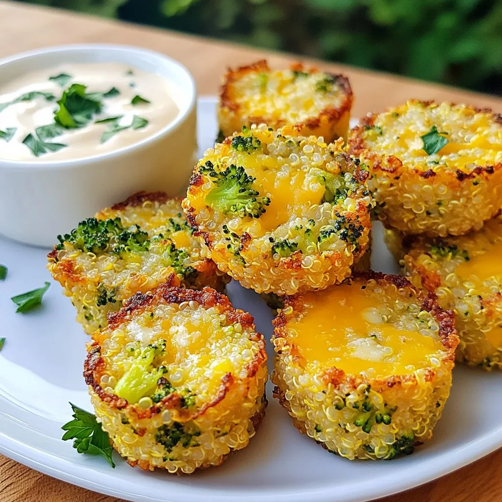 - 1 Tasse gekochter Quinoa - 1 ½ Tassen frische Brokkoliröschen, fein gehackt - 1 Tasse geriebener Cheddar-Käse Diese Hauptzutaten bilden die Basis für die Broccoli Cheddar Quinoa Bites. Gekochter Quinoa sorgt für eine nahrhafte Struktur. Frische Brokkoliröschen bringen Farbe und Vitamine. Der geriebene Cheddar-Käse gibt Geschmack und Cremigkeit. - 2 große Eier - ½ Tasse Semmelbrösel (vorzugsweise Vollkorn) - ¼ Tasse geriebener Parmesan Die Eier helfen, die Mischung zu binden. Semmelbrösel geben der Mischung einen schönen Crunch. Parmesan fügt eine salzige Tiefe hinzu, die das Gericht aufwertet. - 1 Knoblauchzehe, fein gewürfelt - ½ Teelöffel Zwiebelpulver - ½ Teelöffel geräuchertes Paprikapulver Knoblauch bringt einen tollen Geschmack. Zwiebelpulver verstärkt das Aroma. Geräuchertes Paprikapulver gibt eine leichte Rauchnote, die die Bites besonders lecker macht. Jede Zutat hat ihren eigenen Platz in diesem Rezept. Die Kombination sorgt für einen gesunden Snack, der einfach zuzubereiten ist. {{ingredient_image_2}} Heize deinen Ofen auf 190 °C vor. Bereite ein Backblech mit Backpapier vor. Sprühe das Papier leicht mit Olivenöl ein. In einer großen Rührschüssel kombiniere den gekochten Quinoa, die fein gehackten Brokkoliröschen und den geriebenen Cheddar-Käse. Diese Mischung ist die Basis für deine Bites. In einer separaten Schüssel verquirle die Eier. Füge den gewürfelten Knoblauch, Zwiebelpulver und geräuchertes Paprikapulver hinzu. Mische alles gut, bis die Masse homogen ist. Gieße die Eimischung in die Quinoa- und Brokkoli-Schüssel. Füge die Semmelbrösel und den Parmesan hinzu. Mische alles gründlich. Die Mischung sollte feucht, aber fest sein. Forme mit deinen Händen kleine Bällchen oder Patties aus der Mischung. Die Größe sollte etwa einem Golfball entsprechen. Lege die Bällchen auf das vorbereitete Backblech. Sprühe die Oberseite leicht mit Olivenöl ein. Das gibt dir ein knuspriges Finish. Backe die Bites im vorgeheizten Ofen für 20-25 Minuten. Sie sind fertig, wenn sie goldbraun und fest sind. Lass sie kurz abkühlen, bevor du sie servierst. - Feuchtigkeit sicherstellen: Die Mischung muss feucht, aber nicht nass sein. Wenn sie zu trocken ist, fügen Sie etwas Wasser oder zusätzliches Ei hinzu. Ein bisschen Flüssigkeit sorgt für ein besseres Backergebnis. - So verwenden Sie Semmelbrösel optimal: Verwenden Sie Vollkornsemmelbrösel für mehr Geschmack. Diese helfen, die Struktur zu festigen. Mischen Sie sie gut, damit sie gleichmäßig verteilt sind. - Servieren mit Dips: Dips machen die Quinoa-Bites noch besser. Probieren Sie einen joghurtbasierten Ranch-Dip oder eine scharfe Sriracha-Mayonnaise. Diese Kombination bringt mehr Geschmack und macht den Snack spannender. - Garnierungen für das Auge: Frische Petersilie oder Schnittlauch sind tolle Garnituren. Sie verleihen Farbe und Frische. Eine schöne Präsentation macht das Essen einladender. - Frittieren vs. Backen: Frittieren gibt eine knusprige Textur, aber Backen ist gesünder. Wenn Sie die Bites frittieren, verwenden Sie viel weniger Öl. Backen ist fettärmer, was für viele besser ist. - Verwendung von Air Fryer: Ein Air Fryer gibt Ihnen das Beste aus beiden Welten. Sie bekommen knusprige Bites mit weniger Öl. Stellen Sie die Temperatur auf 190 °C ein und backen Sie sie 15-20 Minuten lang. Pro Tipps Brokkoli vorbereiten: Dämpfen Sie den Brokkoli leicht, bevor Sie ihn hacken, um die Farbe und den Nährstoffgehalt zu erhalten. Quinoa kochen: Fügen Sie beim Kochen von Quinoa einen Schuss Gemüsebrühe hinzu, um zusätzlichen Geschmack zu erzielen. Variation der Käsesorten: Experimentieren Sie mit verschiedenen Käsesorten wie Gouda oder Mozzarella für unterschiedliche Geschmacksrichtungen. Vegane Option: Ersetzen Sie die Eier durch einen Leinsamen-Ei-Ersatz (1 Esslöffel gemahlene Leinsamen + 2,5 Esslöffel Wasser) für eine vegane Version der Bites. {{image_4}} Du kannst die Broccoli Cheddar Quinoa Bites mit anderem Gemüse aufpeppen. Zucchini, Karotten oder Spinat passen gut. Sie machen die Bites bunt und lecker. Kombiniere verschiedene Käsesorten, um den Geschmack zu variieren. Feta oder Gouda bringen neue Aromen. Sei kreativ und entdecke, was dir schmeckt! Wenn du glutenfrei bist, verwende glutenfreie Semmelbrösel. Diese sorgen für die gleiche tolle Konsistenz. Du kannst auch eine vegane Version machen. Ersetze die Eier mit Leinsamen oder Apfelmus. Dadurch bleiben die Bites zusammen und du hast eine leckere, pflanzliche Option. Frische Kräuter wie Petersilie oder Schnittlauch geben den Bites einen frischen Geschmack. Diese Kräuter passen gut zu Brokkoli. Experimentiere mit scharfen Aromen, wie Chili oder Cayennepfeffer. So erhältst du einen spannenden Kick. Du kannst auch etwas Zitronenschale hinzufügen, um die Aromen zu heben. - Kühlschrank: Wie lange halten sie? Die Broccoli Cheddar Quinoa Bites halten sich im Kühlschrank bis zu vier Tage. Lagern Sie sie in einem luftdichten Behälter. So bleiben sie frisch und lecker. - Portionierung für die Aufbewahrung Teilen Sie die Bites in Portionen auf. So können Sie sie einfach entnehmen, wenn der Hunger kommt. Kleinere Portionen sind praktisch für Snacks oder Mahlzeiten. - Beste Methoden zum Wiedererwärmen Der Ofen ist die beste Wahl, um die Bites wieder warm zu machen. Heizen Sie ihn auf 180 °C vor. Legen Sie die Bites auf ein Backblech und backen Sie sie etwa 10 Minuten. - Tipps für das Beibehalten der Knusprigkeit Decken Sie die Bites beim Aufwärmen nicht ab. So bleibt die Außenseite schön knusprig. Ein Sprühstoß Olivenöl hilft ebenfalls, die Knusprigkeit zu erhalten. - Schritt-für-Schritt-Anleitung zum Einfrieren Lassen Sie die Quinoa Bites vollständig abkühlen. Legen Sie sie dann auf ein Backblech und frieren Sie sie für zwei Stunden ein. Danach können Sie sie in einen Gefrierbeutel umfüllen. - Auftaumethoden Zum Auftauen legen Sie die gefrorenen Bites einfach in den Kühlschrank. Lassen Sie sie über Nacht auftauen. Alternativ können Sie sie direkt im Ofen aufwärmen, ohne sie vorher aufzutauen. Die Quinoa-Bites sind im Kühlschrank etwa fünf Tage haltbar. Lagern Sie sie in einem luftdichten Behälter. Im Gefrierschrank bleiben sie bis zu drei Monate frisch. Achten Sie darauf, sie gut einzufrieren, um Gefrierbrand zu vermeiden. Ja, Sie können die Quinoa-Bites leicht anpassen. Fügen Sie anderes Gemüse wie Karotten oder Spinat hinzu. Experimentieren Sie mit verschiedenen Käsesorten wie Feta oder Gouda. Sie können auch Gewürze ändern, um neue Geschmäcker zu entdecken. Versuchen Sie, frische Kräuter wie Petersilie oder Basilikum zu verwenden. Ja, diese Bites sind gesund! Sie enthalten viel Protein durch Quinoa und Eier. Brokkoli liefert Vitamine und Mineralstoffe. Cheddar-Käse bringt Geschmack und Kalzium. Die Bites sind auch ballaststoffreich dank Vollkorn-Semmelbröseln. Die Quinoa-Bites sind einfach und lecker zu machen. Du benötigst frische Zutaten wie Quinoa, Brokkoli und Käse. Die Schritt-für-Schritt-Anleitung hilft dir, nichts zu vergessen. Denke daran, mit Kräutern und Gewürzen zu experimentieren, um den Geschmack zu variieren. Lagere die Bites richtig, damit sie lange frisch bleiben. Diese kleinen Snacks sind nicht nur gesund, sie schmecken auch großartig. Probiere sie aus und entdecke die Möglichkeiten!