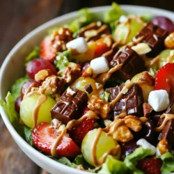 - 4 Tassen frischer grüner Blattsalat, grob gehackt - 3 große Snickers-Riegel, in mundgerechte Stücke geschnitten - 1 Tasse Trauben, halbiert - 1 Tasse Erdbeeren, in Scheiben geschnitten - 1 Tasse Mini-Marshmallows Ich liebe es, mit frischem grünen Blattsalat zu starten. Er bringt einen knackigen Biss und eine schöne Farbe. Die Snickers-Riegel fügen eine süße, schokoladige Note hinzu. Ich schneide die Riegel in kleine Stücke, damit jeder Bissen von diesem Genuss profitiert. Trauben und Erdbeeren sind fruchtige Ergänzungen, die den Salat auflockern. Die halbierten Trauben und die Erdbeeren geben Frische und einen Hauch von Säure. Mini-Marshmallows sind der Spaßfaktor in diesem Salat. Sie sorgen für eine weiche Textur und eine süße Überraschung. - 1 Tasse Schlagsahne (wie Cool Whip) - ½ Tasse cremige Erdnussbutter - ¼ Tasse Puderzucker - 1 Esslöffel Zitronensaft Das Dressing macht diesen Salat besonders. Ich verwende Schlagsahne, weil sie leicht und fluffig ist. Cremige Erdnussbutter bringt einen nussigen Geschmack, der gut zu den Süßigkeiten passt. Puderzucker sorgt für die nötige Süße. Ein Spritzer Zitronensaft hilft, die Aromen zu heben und macht das Dressing frisch. Alle Zutaten zusammen ergeben eine leckere, cremige Mischung, die perfekt zu den frischen Zutaten passt. {{ingredient_image_2}} Um deinen Snickers Salat zu machen, beginne mit der Vorbereitung. Nimm eine große Schüssel. Füge den grob gehackten Blattsalat hinzu. Dann kommen die Snickers-Stücke, die halbierten Trauben und die geschnittenen Erdbeeren dazu. Vergiss die Mini-Marshmallows nicht! Mische alles vorsichtig. Du willst, dass sich die Zutaten gut verteilen, aber nicht zerdrücken. Jetzt ist es Zeit für das Dressing. Nimm eine separate Schüssel. Dort gib die Schlagsahne, die cremige Erdnussbutter, den Puderzucker und den Zitronensaft hinein. Nutze einen Schneebesen oder einen Handmixer. Mische alles, bis die Mischung glatt und cremig ist. Gieße das Dressing gleichmäßig über die Salatmischung. Hebe es vorsichtig unter, sodass der Salat gut mit dem Dressing überzogen wird. Probiere den Salat und passe die Süße an. Wenn du es süßer magst, füge mehr Puderzucker hinzu. Beachte die Vorbereitungszeit von 15 Minuten und die Kühlzeit von 30 Minuten. Das Kühlen hilft, die Aromen zu entfalten. Wenn du bereit bist zu servieren, rühre den Salat vorsichtig um. Für die Präsentation kannst du den Salat in einer großen Schüssel anrichten oder in einzelnen Schalen servieren. Garniere ihn mit einer Prise gehackter Nüsse oder zusätzlichen Snickers-Stücken. Ein Schuss Schokoladensirup macht das Ganze noch verlockender. Um die perfekte Süße für deinen Snickers Salat zu finden, kannst du den Puderzucker anpassen. Fange mit ¼ Tasse Puderzucker an. Probiere den Salat nach dem Mischen. Wenn du mehr Süße möchtest, füge einfach mehr Puderzucker hinzu. Zusätzlich kannst du mit Zitronensaft verfeinern. Ein Esslöffel bringt einen frischen Geschmack. Der Zitronensaft hilft, die Süße auszugleichen. Das macht den Salat noch leckerer. Die Präsentation ist wichtig. Garnitur mit gehackten Nüssen sorgt für Crunch. Du kannst auch zusätzliche Snickers-Stücke oben drauflegen. Das sieht toll aus und schmeckt gut. Verwende Schokoladensirup für einen verlockenden Look. Gieße etwas Sirup über den Salat kurz vor dem Servieren. Das macht den Salat noch ansprechender. Pro Tipps Frische Zutaten verwenden: Achten Sie darauf, frischen Blattsalat und reife Früchte zu wählen, um den besten Geschmack zu erzielen. Variieren Sie die Früchte: Fühlen Sie sich frei, andere Früchte wie Äpfel oder Bananen hinzuzufügen, um den Salat nach Ihrem Geschmack zu gestalten. Für mehr Crunch sorgen: Fügen Sie gehackte Nüsse oder knusprige Karamellstücke hinzu, um dem Salat eine zusätzliche Textur zu verleihen. Kühlen vor dem Servieren: Lassen Sie den Salat mindestens 30 Minuten im Kühlschrank, damit sich die Aromen gut verbinden. {{image_4}} Möchtest du etwas Neues? Nutze andere Schokoladenriegel! Mars oder Twix sind großartige Alternativen. Sie bringen andere Geschmäcker und Texturen in den Salat. Für vegane oder glutenfreie Optionen kannst du Schokoladenriegel ohne Milchprodukte wählen. Viele Marken bieten glutenfreie Varianten an. So bleibt der Salat für alle genießbar. Füge mehr Früchte hinzu! Banane oder Ananas sind lecker im Salat. Sie geben Frische und Süße. Nüsse sind auch eine tolle Idee. Walnüsse oder Mandeln bringen Crunch. Diese Textur macht den Salat spannender. Du kannst auch Karamellstückchen hinzufügen. Das gibt extra Süße und Spaß! Um den Snickers Salat frisch zu halten, bewahre ihn in einem luftdichten Behälter auf. Stelle sicher, dass er gut verschlossen ist. Diese Methode verhindert, dass der Salat matschig wird. Du kannst ihn bis zu zwei Tage im Kühlschrank aufbewahren. Das Dressing ist ebenfalls wichtig. Bewahre es in einem separaten Behälter auf. So bleibt der Salat knackig. Du kannst das Dressing bis zu einer Woche aufbewahren. Achte darauf, es vor der Verwendung gut zu schütteln oder umzurühren. Die empfohlene Verbrauchszeit für den Salat liegt bei zwei Tagen. Nach dieser Zeit könnte der Salat weich werden. Wenn du ihn länger aufbewahrst, kann der Geschmack leiden. Im Kühlschrank bleibt der Snickers Salat bis zu zwei Tage frisch. Das Dressing hält sich gut in einem geschlossenen Behälter. Es bleibt bis zu einer Woche genießbar. Achte darauf, die Zutaten gut zu trennen, um die beste Qualität zu sichern. Um einen Snickers Salat vegan zu machen, müssen wir einige Zutaten ändern. Anstelle von Schlagsahne können wir eine pflanzliche Sahne benutzen. Kokosnusscreme oder Sojasahne sind gute Alternativen. Sie geben den gleichen cremigen Geschmack. Snickers selbst sind nicht vegan, aber es gibt ähnliche Riegel. Achte auf Riegel aus dunkler Schokolade oder Nuss-Alternativen. Diese Optionen sind oft vegan und lecker. Ja, du kannst viele Alternativen für das Dressing nutzen. Wenn du keine Schlagsahne hast, probiere griechischen Joghurt oder Quark. Diese Optionen machen deinen Salat ebenfalls cremig, aber mit weniger Zucker. Du kannst auch eine Mischung aus pflanzlicher Joghurt und etwas Zucker verwenden. Das gibt einen tollen Geschmack und bleibt leicht. Der Snickers Salat hat einige gesunde Zutaten, aber auch viele Kalorien. Der Blattsalat und die Früchte bringen Vitamine und Ballaststoffe. Snickers-Riegel und Zucker sorgen für Süße, sind aber kalorienreich. Um den Salat gesünder zu machen, reduziere den Puderzucker. Du kannst auch weniger Snickers nehmen und mehr Obst hinzufügen. So bleibt der Genuss, aber mit weniger Kalorien. Der Snickers Salat ist eine köstliche Mischung aus frischem Blattgrün, süßen Früchten und knusprigen Schokoladenriegeln. Die Zubereitung ist einfach und macht Spaß. Denken Sie daran, das Dressing genau abzustimmen. Fügen Sie nach Belieben Früchte oder Nüsse hinzu, um den Salat zu variieren. Beachten Sie die Lagerungstipps, um Ihren Salat frisch zu halten. Insgesamt ist der Snickers Salat ein toller Genuss für besondere Anlässe. Probieren Sie es aus und überraschen Sie Ihre Gäste!