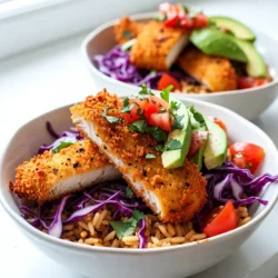 Für köstliche Baja Fisch Taco Schalen brauchst du frische und einfache Zutaten. Hier ist, was du benötigst: - 450 g weiße Fischfilets (z.B. Kabeljau oder Tilapia) - 1 Tasse Weizenmehl - 2 große Eier, verquirlt - 1 Tasse Paniermehl (Panko für extra Knusprigkeit) - 2 Tassen gekochter Reis (weiß oder braun) Die Wahl des Fisches ist wichtig. Kabeljau hat einen milden Geschmack und eine zarte Textur. Tilapia ist eine weitere gute Option. Die Gewürze geben deinem Fisch den richtigen Kick. Hier sind die wichtigsten: - 1 Esslöffel Chilipulver - 1 Teelöffel Kreuzkümmel - 1 Teelöffel Knoblauchpulver - 1 Teelöffel Salz - 1/2 Teelöffel schwarzer Pfeffer Diese Gewürze sorgen für Geschmack und Aroma. Du kannst die Mengen anpassen, um es nach deinem Geschmack zu machen. Für die Garnierung und den bunten Look sind frische Zutaten wichtig: - 1 Tasse fein gehobelter roter Kohl - 1 Tasse gewürfelte Tomaten - 1/2 Tasse frisch gehackter Koriander - 1 Avocado, in Scheiben geschnitten - 1/4 Tasse Limettensaft - Sauerrahm oder eine Joghurt-Soße, zum Beträufeln Diese frischen Zutaten bringen Farbe und Frische in deine Schalen. Der Koriander und der Limettensaft geben den letzten Schliff. {{ingredient_image_2}} Zuerst spüle die Fischfilets unter kaltem Wasser ab. Tupfe die Filets trocken. Schneide sie in Streifen von etwa 2,5 cm. So werden sie knusprig und lecker. Bereite drei Schalen vor. In der ersten Schale mische Weizenmehl, Chilipulver, Kreuzkümmel, Knoblauchpulver, Salz und Pfeffer. In der zweiten Schale gib die verquirlten Eier. Die dritte Schale füllst du mit Paniermehl. Diese Station hilft beim Panieren. Tauche jeden Fischstreifen zuerst in die Mehlmischung. Dann in die Eier, und schließlich in das Paniermehl. Lege die panierten Streifen auf einen Teller. Erhitze Pflanzenöl in einer Pfanne bei mittlerer Hitze. Frittiere die Fischstreifen in Chargen für 3-4 Minuten pro Seite. Sie sollten goldbraun sein. Lege den Fisch auf Küchenpapier, um das überschüssige Öl abzutropfen. Beginne in jeder Schale mit einer Basis aus gekochtem Reis. Füge die frittierten Fischstreifen hinzu. Schichte darauf den gehobelten Kohl, die gewürfelten Tomaten, den Koriander und die Avocadoscheiben. So sieht es bunt und einladend aus. Beträufle die Schalen großzügig mit frischem Limettensaft. Füge einen Klecks Sauerrahm oder eine Joghurt-Soße hinzu. Das gibt den Schalen eine cremige Note. Um den besten frittierten Fisch zu machen, achte auf die Temperatur des Öls. Das Öl sollte heiß sein, aber nicht rauchen. Wenn das Öl zu kalt ist, wird der Fisch fettig. Zu heißes Öl verbrennt die Panade schnell. Verwende eine Fritteuse oder eine tiefe Pfanne. Frittiere den Fisch in kleinen Mengen. So bleibt die Temperatur konstant. Rühre den Fisch nicht zu oft um, damit die Panade nicht abblättert. Bereite die Zutaten im Voraus vor. Du kannst den Fisch am Vortag marinieren. Schneide das Gemüse und die Avocado kurz vor dem Servieren. So bleibt alles frisch. Du kannst auch die Panade im Voraus machen. Lagere sie in einer Schüssel, bis du bereit bist zu frittieren. Wenn du Reste hast, bewahre den frittierten Fisch in einem luftdichten Behälter auf. Präsentiere deine Schalen bunt und einladend. Beginne mit einer Basis aus Reis. Schichte dann den Fisch, den Kohl und die Tomaten darauf. Ergänze das Ganze mit Avocadoscheiben und frischem Koriander. Ein Spritzer Limettensaft bringt Frische. Garnierst du die Schalen mit Limettenscheiben, sieht es toll aus. Du kannst auch zusätzliche Korianderblätter hinzufügen. So wird dein Gericht noch ansprechender. Pro Tipps Fischwahl: Wählen Sie frische, hochwertige Fischfilets für den besten Geschmack und die beste Textur. Paniermethoden: Verwenden Sie Panko-Paniermehl für eine extra knusprige Textur, die perfekt zu frittiertem Fisch passt. Garnierung: Fügen Sie frische Korianderblätter und Limettenscheiben hinzu, um Farbe und Frische zu betonen. Serviertipps: Servieren Sie die Schalen sofort, um die besten Aromen und Texturen zu genießen. {{image_4}} Wenn Sie einen anderen Fisch verwenden möchten, probieren Sie Lachs oder Forelle. Diese Fische haben einen tollen Geschmack und sind einfach zu verarbeiten. Sie können auch gefrorenen Fisch verwenden, wenn frischer nicht verfügbar ist. Achten Sie darauf, die Filets gut abzutrocknen. So bleibt der Teig besser haften und der Fisch wird knusprig. Für eine vegetarische Option können Sie Tofu oder Tempeh verwenden. Schneiden Sie den Tofu in Würfel und marinieren Sie ihn in Limettensaft und Gewürzen. Danach braten Sie ihn knusprig an. Für eine vegane Version können Sie auch Kichererbsen oder Blumenkohl verwenden. Marinieren Sie die Kichererbsen und braten Sie sie in einer Pfanne. Der Blumenkohl kann im Ofen geröstet werden. So bringen Sie Geschmack und Textur in Ihre Schalen. Die Beilagen sind ein wichtiger Teil der Baja Fisch Taco Schalen. Sie können verschiedene Gemüse verwenden. Probieren Sie grüne Paprika oder Radieschen für zusätzlichen Crunch. Für etwas Schärfe können Sie Jalapeños hinzufügen. Wenn Sie es süßer mögen, fügen Sie Mango oder Ananas hinzu. Diese Früchte bringen eine frische Note und passen gut zu den Fischgeschmäckern. Nutzen Sie auch verschiedene Saucen, um Ihre Schalen zu verfeinern. Eine würzige Salsa oder eine Avocado-Creme kann den Gerichten das gewisse Etwas geben. Um die Baja Fisch Taco Schalen frisch zu halten, lagern Sie die Zutaten separat. Bewahren Sie den frittierten Fisch in einem luftdichten Behälter auf. Stellen Sie sicher, dass der Fisch vollständig abgekühlt ist, bevor Sie ihn einpacken. Den Reis und die frischen Zutaten, wie Kohl und Avocado, sollten Sie ebenfalls getrennt aufbewahren. So bleibt alles frisch und lecker. Wenn Sie Reste haben, erwärmen Sie den Fisch vorsichtig. Nutzen Sie eine Pfanne bei mittlerer Hitze. Fügen Sie etwas Öl hinzu, um den Fisch wieder knusprig zu machen. Vermeiden Sie die Mikrowelle, da der Fisch dadurch zäh werden kann. Den Reis können Sie in der Mikrowelle aufwärmen. Fügen Sie etwas Wasser hinzu, um ihn feucht zu halten. Im Kühlschrank halten die Reste etwa 2-3 Tage. Stellen Sie sicher, dass alles gut verpackt ist. Für längere Aufbewahrung können Sie den Fisch einfrieren. Er bleibt bis zu einem Monat frisch im Gefrierfach. Lassen Sie den Fisch vor dem Essen langsam im Kühlschrank auftauen. So bleibt der Geschmack erhalten. Um die Taco Schalen glutenfrei zu machen, ersetzen Sie das Weizenmehl. Nutzen Sie einfach Mandelmehl oder Kichererbsenmehl. Diese Mehle sind glutenfrei und bieten einen tollen Geschmack. Achten Sie auch auf das Paniermehl. Verwenden Sie glutenfreies Panko-Paniermehl für die Knusprigkeit. Ja, Sie können die Fischstücke im Ofen backen. Heizen Sie den Ofen auf 200 Grad Celsius vor. Legen Sie die panierten Fischstreifen auf ein Backblech. Sprühen Sie etwas Pflanzenöl darüber, um sie knusprig zu machen. Backen Sie die Fischstücke etwa 15 bis 20 Minuten, bis sie goldbraun sind. Dies ist eine gesunde Alternative zum Frittieren. Wenn Sie keinen Sauerrahm verwenden möchten, probieren Sie griechischen Joghurt. Er hat eine ähnliche Konsistenz und ist oft gesünder. Ein einfaches Avocado-Dressing ist auch lecker. Mischen Sie zerdrückte Avocado mit etwas Limettensaft. Das gibt Ihrer Bowl einen frischen Touch. Zu den Baja Fisch Taco Schalen passen viele Beilagen. Servieren Sie schwarze Bohnen für Proteine. Ein einfacher grüner Salat ist leicht und erfrischend. Guacamole ist ein Hit und ergänzt den Fisch gut. Auch Chips sind eine tolle Knabberei dazu. Die Baja Fisch Taco Schalen sind eine tolle Mischung aus frischen Zutaten und knusprigem Fisch. In diesem Beitrag haben wir die wichtigsten Zutaten, die Zubereitung und nützliche Tipps behandelt. Ob du sie mit verschiedenen Fischsorten oder als vegane Variante ausprobierst, die Möglichkeiten sind endlos. Denke daran, dass die Lagerung und Präsentation einen großen Unterschied machen. Mit diesen Schritten und Ideen wirst du perfekte Taco Schalen zaubern, die alle begeistern! Jetzt kannst du gleich loslegen und deine Freunde überraschen.