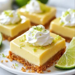 Um die perfekten Key Lime Pie Riegel zu machen, brauchst du folgende Zutaten: - 1 ½ Tassen Graham-Cracker-Brösel - ⅓ Tasse geschmolzene ungesalzene Butter - ¼ Tasse Kristallzucker - 2 Dosen (je 400 g) gesüßte Kondensmilch - ¾ Tasse Key-Limetten-Saft (frisch gepresst, wenn möglich) - 4 große Eigelb - Abrieb von 2 Limetten - Eine Prise Salz - Schlagsahne zur Dekoration (optional) - Limettenscheiben und -abrieb zur Garnierung (optional) Diese Zutaten geben dir den frischen und spritzigen Geschmack, den du liebst. Wähle frische Limetten für den besten Saft. Frischer Saft hat mehr Geschmack. Achte darauf, dass die Kondensmilch süß ist. Das macht deine Füllung cremig und süß. Verwende ungesalzene Butter für die Kruste. So bleibt der Geschmack ausgewogen. Wenn du die Kruste knusprig magst, backe sie leicht vor. Um deine Key Lime Pie Riegel noch besser zu machen, kannst du einige Extras hinzufügen: - Schlagsahne oben drauf gibt eine schöne Textur. - Limettenscheiben bringen eine frische Note. - Ein bisschen Limettenabrieb sieht hübsch aus. Diese kleinen Details machen einen großen Unterschied. Sie machen deine Riegel noch einladender! {{ingredient_image_2}} Zuerst heizen Sie Ihren Ofen auf 175°C vor. Dies ist wichtig, um die Kruste gleichmäßig zu backen. Während der Ofen heizt, können Sie die anderen Schritte vorbereiten. So sparen Sie Zeit. Nehmen Sie eine mittelgroße Schüssel. Fügen Sie 1 ½ Tassen Graham-Cracker-Brösel, ⅓ Tasse geschmolzene ungesalzene Butter und ¼ Tasse Kristallzucker hinzu. Rühren Sie alles gut um. Die Mischung sollte eine feuchte Sandkonsistenz haben. Drücken Sie die Mischung gleichmäßig in den Boden einer 20x20 cm großen Auflaufform. Nutzen Sie die Rückseite eines Messbechers, um eine glatte Schicht zu schaffen. Backen Sie die Kruste für etwa 10 Minuten. Sie sollte leicht goldbraun sein. Lassen Sie sie dann kurz abkühlen. In einer Rührschüssel kombinieren Sie zwei Dosen gesüßte Kondensmilch, ¾ Tasse frisch gepressten Key-Limetten-Saft, 4 große Eigelb, den Abrieb von 2 Limetten und eine Prise Salz. Rühren Sie alles gründlich, bis die Mischung glatt ist. Gießen Sie die Key-Lime-Mischung gleichmäßig über die abgekühlte Kruste. Stellen Sie das Gericht zurück in den Ofen. Backen Sie es für 15-20 Minuten. Die Füllung sollte fest sein, aber in der Mitte leicht wackeln. Lassen Sie die Riegel zuerst auf Raumtemperatur abkühlen. Danach stellen Sie sie für mindestens 3 Stunden in den Kühlschrank. So werden die Riegel fest und kühl. Wenn Sie bereit sind, schneiden Sie große Riegel. Toppen Sie sie nach Wunsch mit Schlagsahne und garnieren Sie sie mit Limettenscheiben. Um die perfekte Textur für Ihre Key Lime Pie Riegel zu erreichen, ist die Kruste wichtig. Verwenden Sie frische Graham-Cracker-Brösel. Mischen Sie die Brösel gut mit der geschmolzenen Butter und dem Zucker. Drücken Sie die Mischung fest in die Form. Dies gibt der Kruste Stabilität. Die Füllung braucht auch die richtige Balance. Verwenden Sie frisch gepressten Key-Limetten-Saft. Der Saft sorgt für einen klaren, frischen Geschmack. Die Eigelbe geben der Füllung eine schöne, cremige Textur. Ein häufiger Fehler ist, die Kruste nicht genug zu drücken. Dadurch wird sie brüchig. Achten Sie darauf, die Mischung gleichmäßig und fest in die Form zu drücken. Ein weiterer Fehler ist, die Füllung zu lange zu backen. Wenn die Füllung zu fest ist, schmeckt sie nicht gut. Backen Sie sie, bis die Mitte leicht wackelt. Lassen Sie die Riegel dann gut abkühlen. Verwenden Sie eine 20x20 cm große Auflaufform für die Riegel. Ein Messbecher hilft, die Kruste glatt zu drücken. Ein Schneebesen ist nützlich, um die Füllung gut zu vermengen. Ein Kühlregal ist ideal, um die Riegel abzukühlen. So bleibt die Textur perfekt. Nutzen Sie ein scharfes Messer, um die Riegel gleichmäßig zu schneiden. Pro Tipps Frische Limetten verwenden: Verwenden Sie frischen Key-Limettensaft für ein intensiveres Aroma und einen frischeren Geschmack. Riegel gut kühlen: Lassen Sie die Riegel nach dem Backen mindestens 3 Stunden im Kühlschrank, damit sie die perfekte Textur erreichen. Kruste knuspriger machen: Fügen Sie etwas feinen Kokosnussraspel zu der Graham-Cracker-Kruste hinzu, um einen zusätzlichen Geschmack und eine knusprigere Textur zu erzielen. Limettenabrieb optimal nutzen: Verwenden Sie den Abrieb von frischen Limetten nicht nur für die Füllung, sondern auch zur Dekoration für eine ansprechende Präsentation. {{image_4}} Wenn du eine glutenfreie Option suchst, gibt es einfache Alternativen. Nutze glutenfreie Kekse anstelle von Graham-Crackern. Du kannst auch Mandelmehl oder Kokosnussmehl verwenden. Mische das Mehl mit geschmolzener Butter und Zucker. Drücke die Mischung in die Form, wie bei der normalen Kruste. So bleibt der Geschmack lecker und die Textur knusprig. Key Lime Pie Riegel sind vielseitig. Du kannst mit verschiedenen Zitrusfrüchten experimentieren. Versuche, Blutorangen- oder Zitronensaft zu verwenden. Das bringt frische Aromen und neue Farben. Für einen tropischen Touch, füge Kokosraspeln zur Füllung hinzu. Ein Hauch von Vanilleextrakt kann auch den Geschmack vertiefen. Für besondere Anlässe kannst du die Riegel noch festlicher gestalten. Füge eine Schicht Schokolade auf die Füllung hinzu. Die Mischung aus Schokolade und Limette ist ein Hit. Du kannst auch die Riegel in kleine Quadrate schneiden und sie auf einem Buffet servieren. Toppe sie mit frischen Beeren oder essbaren Blüten für eine schöne Präsentation. Um die Key Lime Pie Riegel richtig zu lagern, benutze einen luftdichten Behälter. Achte darauf, dass die Riegel vollständig abgekühlt sind, bevor du sie lagerst. Lege ein Stück Backpapier zwischen die Riegel, um ein Kleben zu verhindern. So bleiben sie frisch und lecker. Die Riegel halten sich im Kühlschrank bis zu einer Woche. Du kannst sie auch einfrieren, wenn du sie länger aufbewahren möchtest. Schneide die Riegel zuerst in Portionen. Wickel jede Portion in Frischhaltefolie und lege sie dann in einen luftdichten Behälter. So bleiben sie bis zu drei Monate frisch. Wenn du die Riegel aus dem Kühlschrank nimmst, lasse sie kurz bei Raumtemperatur stehen. So verbessern sich der Geschmack und die Textur. Du kannst die Riegel mit Schlagsahne und Limettenscheiben garnieren. Das sieht toll aus und schmeckt noch besser. Sie können die Key Lime Pie Riegel bis zu einer Woche im Kühlschrank aufbewahren. Lagern Sie sie in einem luftdichten Behälter. So bleiben sie frisch und lecker. Wenn Sie sie länger aufbewahren möchten, können Sie sie auch einfrieren. Wickeln Sie die Riegel gut ein, um Gefrierbrand zu vermeiden. Im Gefrierfach halten sie bis zu drei Monate. Ja, frischer Limettensaft macht die Riegel noch besser! Er sorgt für einen kräftigen Geschmack. Achten Sie darauf, die Limetten gut auszupressen. Ein guter Trick ist, die Limetten vor dem Pressen leicht zu rollen. So erhalten Sie mehr Saft. Frischer Saft bringt mehr Frische in das Rezept. Wählen Sie gesüßte Kondensmilch ohne Zusatzstoffe. Diese sorgt für die beste Süße und Textur. Achten Sie auf die Zutatenliste. Je kürzer, desto besser. Marken mit einem hohen Milchanteil sind oft die besten. Die besten Beilagen sind Schlagsahne und Limettenscheiben. Schlagsahne macht die Riegel cremig und süß. Limettenscheiben bringen Farbe und Frische. Auch frische Beeren passen gut dazu. Sie fügen einen schönen Kontrast hinzu. Probieren Sie auch Minzblätter als Dekoration. Sie sehen toll aus und schmecken frisch. Ich habe die besten Tipps für Key Lime Pie Riegel mit dir geteilt. Du hast die Hauptzutaten kennengelernt, wie man die perfekte Kruste zubereitet und was beim Backen der Füllung wichtig ist. Zudem weißt du jetzt, wie du die Riegel aufbewahrst und welche Variationen du ausprobieren kannst. Achte darauf, die häufigsten Fehler zu vermeiden, um ein tolles Ergebnis zu erzielen. Nun liegst es an dir, die Rezepte auszuprobieren und zu genießen!