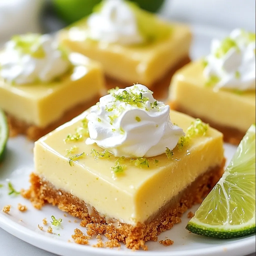 Um die perfekten Key Lime Pie Riegel zu machen, brauchst du folgende Zutaten: - 1 ½ Tassen Graham-Cracker-Brösel - ⅓ Tasse geschmolzene ungesalzene Butter - ¼ Tasse Kristallzucker - 2 Dosen (je 400 g) gesüßte Kondensmilch - ¾ Tasse Key-Limetten-Saft (frisch gepresst, wenn möglich) - 4 große Eigelb - Abrieb von 2 Limetten - Eine Prise Salz - Schlagsahne zur Dekoration (optional) - Limettenscheiben und -abrieb zur Garnierung (optional) Diese Zutaten geben dir den frischen und spritzigen Geschmack, den du liebst. Wähle frische Limetten für den besten Saft. Frischer Saft hat mehr Geschmack. Achte darauf, dass die Kondensmilch süß ist. Das macht deine Füllung cremig und süß. Verwende ungesalzene Butter für die Kruste. So bleibt der Geschmack ausgewogen. Wenn du die Kruste knusprig magst, backe sie leicht vor. Um deine Key Lime Pie Riegel noch besser zu machen, kannst du einige Extras hinzufügen: - Schlagsahne oben drauf gibt eine schöne Textur. - Limettenscheiben bringen eine frische Note. - Ein bisschen Limettenabrieb sieht hübsch aus. Diese kleinen Details machen einen großen Unterschied. Sie machen deine Riegel noch einladender! {{ingredient_image_2}} Zuerst heizen Sie Ihren Ofen auf 175°C vor. Dies ist wichtig, um die Kruste gleichmäßig zu backen. Während der Ofen heizt, können Sie die anderen Schritte vorbereiten. So sparen Sie Zeit. Nehmen Sie eine mittelgroße Schüssel. Fügen Sie 1 ½ Tassen Graham-Cracker-Brösel, ⅓ Tasse geschmolzene ungesalzene Butter und ¼ Tasse Kristallzucker hinzu. Rühren Sie alles gut um. Die Mischung sollte eine feuchte Sandkonsistenz haben. Drücken Sie die Mischung gleichmäßig in den Boden einer 20x20 cm großen Auflaufform. Nutzen Sie die Rückseite eines Messbechers, um eine glatte Schicht zu schaffen. Backen Sie die Kruste für etwa 10 Minuten. Sie sollte leicht goldbraun sein. Lassen Sie sie dann kurz abkühlen. In einer Rührschüssel kombinieren Sie zwei Dosen gesüßte Kondensmilch, ¾ Tasse frisch gepressten Key-Limetten-Saft, 4 große Eigelb, den Abrieb von 2 Limetten und eine Prise Salz. Rühren Sie alles gründlich, bis die Mischung glatt ist. Gießen Sie die Key-Lime-Mischung gleichmäßig über die abgekühlte Kruste. Stellen Sie das Gericht zurück in den Ofen. Backen Sie es für 15-20 Minuten. Die Füllung sollte fest sein, aber in der Mitte leicht wackeln. Lassen Sie die Riegel zuerst auf Raumtemperatur abkühlen. Danach stellen Sie sie für mindestens 3 Stunden in den Kühlschrank. So werden die Riegel fest und kühl. Wenn Sie bereit sind, schneiden Sie große Riegel. Toppen Sie sie nach Wunsch mit Schlagsahne und garnieren Sie sie mit Limettenscheiben. Um die perfekte Textur für Ihre Key Lime Pie Riegel zu erreichen, ist die Kruste wichtig. Verwenden Sie frische Graham-Cracker-Brösel. Mischen Sie die Brösel gut mit der geschmolzenen Butter und dem Zucker. Drücken Sie die Mischung fest in die Form. Dies gibt der Kruste Stabilität. Die Füllung braucht auch die richtige Balance. Verwenden Sie frisch gepressten Key-Limetten-Saft. Der Saft sorgt für einen klaren, frischen Geschmack. Die Eigelbe geben der Füllung eine schöne, cremige Textur. Ein häufiger Fehler ist, die Kruste nicht genug zu drücken. Dadurch wird sie brüchig. Achten Sie darauf, die Mischung gleichmäßig und fest in die Form zu drücken. Ein weiterer Fehler ist, die Füllung zu lange zu backen. Wenn die Füllung zu fest ist, schmeckt sie nicht gut. Backen Sie sie, bis die Mitte leicht wackelt. Lassen Sie die Riegel dann gut abkühlen. Verwenden Sie eine 20x20 cm große Auflaufform für die Riegel. Ein Messbecher hilft, die Kruste glatt zu drücken. Ein Schneebesen ist nützlich, um die Füllung gut zu vermengen. Ein Kühlregal ist ideal, um die Riegel abzukühlen. So bleibt die Textur perfekt. Nutzen Sie ein scharfes Messer, um die Riegel gleichmäßig zu schneiden. Pro Tipps Frische Limetten verwenden: Verwenden Sie frischen Key-Limettensaft für ein intensiveres Aroma und einen frischeren Geschmack. Riegel gut kühlen: Lassen Sie die Riegel nach dem Backen mindestens 3 Stunden im Kühlschrank, damit sie die perfekte Textur erreichen. Kruste knuspriger machen: Fügen Sie etwas feinen Kokosnussraspel zu der Graham-Cracker-Kruste hinzu, um einen zusätzlichen Geschmack und eine knusprigere Textur zu erzielen. Limettenabrieb optimal nutzen: Verwenden Sie den Abrieb von frischen Limetten nicht nur für die Füllung, sondern auch zur Dekoration für eine ansprechende Präsentation. {{image_4}} Wenn du eine glutenfreie Option suchst, gibt es einfache Alternativen. Nutze glutenfreie Kekse anstelle von Graham-Crackern. Du kannst auch Mandelmehl oder Kokosnussmehl verwenden. Mische das Mehl mit geschmolzener Butter und Zucker. Drücke die Mischung in die Form, wie bei der normalen Kruste. So bleibt der Geschmack lecker und die Textur knusprig. Key Lime Pie Riegel sind vielseitig. Du kannst mit verschiedenen Zitrusfrüchten experimentieren. Versuche, Blutorangen- oder Zitronensaft zu verwenden. Das bringt frische Aromen und neue Farben. Für einen tropischen Touch, füge Kokosraspeln zur Füllung hinzu. Ein Hauch von Vanilleextrakt kann auch den Geschmack vertiefen. Für besondere Anlässe kannst du die Riegel noch festlicher gestalten. Füge eine Schicht Schokolade auf die Füllung hinzu. Die Mischung aus Schokolade und Limette ist ein Hit. Du kannst auch die Riegel in kleine Quadrate schneiden und sie auf einem Buffet servieren. Toppe sie mit frischen Beeren oder essbaren Blüten für eine schöne Präsentation. Um die Key Lime Pie Riegel richtig zu lagern, benutze einen luftdichten Behälter. Achte darauf, dass die Riegel vollständig abgekühlt sind, bevor du sie lagerst. Lege ein Stück Backpapier zwischen die Riegel, um ein Kleben zu verhindern. So bleiben sie frisch und lecker. Die Riegel halten sich im Kühlschrank bis zu einer Woche. Du kannst sie auch einfrieren, wenn du sie länger aufbewahren möchtest. Schneide die Riegel zuerst in Portionen. Wickel jede Portion in Frischhaltefolie und lege sie dann in einen luftdichten Behälter. So bleiben sie bis zu drei Monate frisch. Wenn du die Riegel aus dem Kühlschrank nimmst, lasse sie kurz bei Raumtemperatur stehen. So verbessern sich der Geschmack und die Textur. Du kannst die Riegel mit Schlagsahne und Limettenscheiben garnieren. Das sieht toll aus und schmeckt noch besser. Sie können die Key Lime Pie Riegel bis zu einer Woche im Kühlschrank aufbewahren. Lagern Sie sie in einem luftdichten Behälter. So bleiben sie frisch und lecker. Wenn Sie sie länger aufbewahren möchten, können Sie sie auch einfrieren. Wickeln Sie die Riegel gut ein, um Gefrierbrand zu vermeiden. Im Gefrierfach halten sie bis zu drei Monate. Ja, frischer Limettensaft macht die Riegel noch besser! Er sorgt für einen kräftigen Geschmack. Achten Sie darauf, die Limetten gut auszupressen. Ein guter Trick ist, die Limetten vor dem Pressen leicht zu rollen. So erhalten Sie mehr Saft. Frischer Saft bringt mehr Frische in das Rezept. Wählen Sie gesüßte Kondensmilch ohne Zusatzstoffe. Diese sorgt für die beste Süße und Textur. Achten Sie auf die Zutatenliste. Je kürzer, desto besser. Marken mit einem hohen Milchanteil sind oft die besten. Die besten Beilagen sind Schlagsahne und Limettenscheiben. Schlagsahne macht die Riegel cremig und süß. Limettenscheiben bringen Farbe und Frische. Auch frische Beeren passen gut dazu. Sie fügen einen schönen Kontrast hinzu. Probieren Sie auch Minzblätter als Dekoration. Sie sehen toll aus und schmecken frisch. Ich habe die besten Tipps für Key Lime Pie Riegel mit dir geteilt. Du hast die Hauptzutaten kennengelernt, wie man die perfekte Kruste zubereitet und was beim Backen der Füllung wichtig ist. Zudem weißt du jetzt, wie du die Riegel aufbewahrst und welche Variationen du ausprobieren kannst. Achte darauf, die häufigsten Fehler zu vermeiden, um ein tolles Ergebnis zu erzielen. Nun liegst es an dir, die Rezepte auszuprobieren und zu genießen!