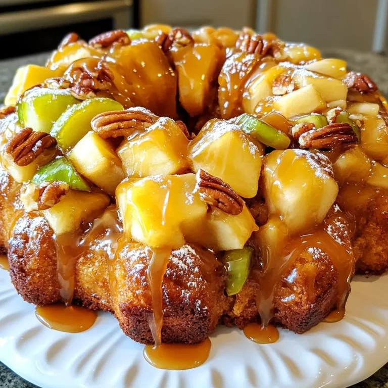 Für das köstliche Caramel Apple Monkey Bread benötigst du: - 2 Dosen Kühlschrank-Teig für Brötchen (je 450 g) - 3 mittelgroße Äpfel (Granny Smith oder Honeycrisp), geschält und gewürfelt - 250 g brauner Zucker, gepackt - 100 g weißer Zucker - 1 Esslöffel gemahlener Zimt - 120 g ungesalzene Butter, geschmolzen - 240 ml Karamellsauce (fertig gekauft oder selbstgemacht) - 75 g gehackte Pekannüsse (optional) - 1 Teelöffel Vanilleextrakt Die Wahl der Äpfel ist wichtig. Granny Smith sind sauer und knackig. Honeycrisp sind süß und saftig. Beide Sorten passen perfekt in dieses Rezept. Achte darauf, dass die Äpfel frisch sind. Drücke leicht auf die Schale. Sie sollte fest und glatt sein. Vermeide Äpfel mit Druckstellen oder braunen Flecken. Diese Äpfel beeinträchtigen den Geschmack. Wenn du spezielle Diäten befolgst, gibt es Alternativen. Für eine glutenfreie Version benutze glutenfreien Brötchenteig. Veganer können ungesalzene Margarine anstelle von Butter verwenden. Statt Karamellsauce kannst du Ahornsirup verwenden. Achte darauf, dass alle Zutaten deinen Diätanforderungen entsprechen. So bleibt das Rezept lecker und passend für jeden. {{ingredient_image_2}} Heize deinen Ofen auf 175°C vor. Fette eine 25 cm große Bundt-Form gut ein. Das sorgt dafür, dass das Monkey Bread beim Backen nicht kleben bleibt. Nimm eine mittelgroße Schüssel. Vermenge darin den weißen Zucker mit dem gemahlenen Zimt. Rühre gut um, bis sich die beiden Zutaten gut verbinden. Stelle die Mischung dann beiseite. Sie wird später für den Geschmack wichtig. Beginne, die Brötchenstücke vorzubereiten. Schneide jedes Stück in vier Teile. Wälze die Stücke in der Zimt-Zucker-Mischung, bis sie vollständig bedeckt sind. Nimm eine separate Schüssel und füge die gewürfelten Äpfel hinzu. Mische die Äpfel mit der Hälfte der geschmolzenen Butter. Jetzt ist es Zeit, alles in die Bundt-Form zu schichten. Lege die Hälfte der beschichteten Brötchenstücke auf den Boden der Form. Streue die Hälfte der gewürfelten Äpfel darüber. Wenn du Pekannüsse verwendest, füge auch die Hälfte davon hinzu. Träufle ein Drittel der Karamellsauce über die Schicht. Wiederhole diesen Vorgang mit den restlichen Zutaten. Gieße die restliche geschmolzene Butter über die gesamte Bundt-Form. Jetzt ist dein Monkey Bread bereit für den Ofen! Backe es für 30-35 Minuten. Die Oberseite sollte goldbraun sein. Lass das Monkey Bread nach dem Backen etwa 10 Minuten abkühlen. Drehe dann die Form vorsichtig um und lasse das Brot auf einen Serviersteller gleiten. Vor dem Servieren kannst du das warme Monkey Bread mit der restlichen Karamellsauce beträufeln. Serviere es warm für das beste Erlebnis! Beim Backen von Caramel Apple Monkey Bread können einige Fehler auftreten. Ein häufiger Fehler ist, die Brötchenstücke nicht gleichmäßig zu wälzen. Dies kann dazu führen, dass einige Teile keinen Zimtgeschmack haben. Wälzen Sie die Stücke gut, bis sie vollständig bedeckt sind. Ein weiterer Fehler ist, die Bundt-Form nicht gut genug einzufetten. Wenn das Brot kleben bleibt, wird es schwer, es herauszubekommen. Verwenden Sie ausreichend Butter oder Öl, um die Form zu fetten. Stellen Sie sicher, dass Ihr Ofen die richtige Temperatur hat. Ein zu heißer Ofen kann das Brot außen verbrennen, während es innen roh bleibt. Nutzen Sie ein Ofenthermometer, um die Temperatur zu überprüfen. Für die beste Karamellsauce sollten Sie die Butter und den Zucker langsam erhitzen. Rühren Sie die Mischung ständig, um ein Anbrennen zu vermeiden. Achten Sie darauf, die Sauce nicht zu lange zu kochen. Sie sollte schön flüssig sein, wenn Sie sie verwenden. Wenn Sie fertige Karamellsauce nutzen, wählen Sie eine hochwertige Marke. Achten Sie auf Geschmack und Konsistenz. Eine dicke Sauce kann beim Backen klumpig werden. Für eine besondere Note fügen Sie einen Spritzer Vanilleextrakt hinzu, wenn die Sauce abkühlt. Das bringt zusätzlichen Geschmack. Das Rezept lässt sich leicht anpassen. Sie können verschiedene Äpfel verwenden, wie Fuji oder Gala, für andere Aromen. Wenn Sie Nüsse lieben, probieren Sie Walnüsse oder Mandeln. Für eine schokoladige Variante fügen Sie Schokoladenstückchen zwischen den Schichten hinzu. Das gibt dem Brot eine süße Überraschung. Wenn Sie eine glutenfreie Option wünschen, nutzen Sie glutenfreien Brötchenteig. Achten Sie darauf, die anderen Zutaten ebenfalls glutenfrei zu wählen. Diese einfachen Änderungen machen Ihr Monkey Bread einzigartig und lecker. Pro Tipps Äpfel wählen: Für das beste Ergebnis verwenden Sie saftige Äpfel wie Granny Smith oder Honeycrisp, da sie einen schönen Kontrast zur Süße des Karamells bieten. Butter richtig schmelzen: Achten Sie darauf, die Butter langsam zu schmelzen, um ein Anbrennen zu vermeiden. Mikrowelle oder Herd bei niedriger Hitze sind ideal. Karamellsauce anpassen: Wenn Sie etwas mehr Geschmack wünschen, fügen Sie der Karamellsauce eine Prise Meersalz hinzu, um die Süße auszugleichen. Servieren: Servieren Sie das Monkey Bread warm, um die köstliche, klebrige Textur zu genießen. Ein Hauch von Puderzucker oder Vanilleeis macht es besonders! {{image_4}} Wenn du Nüsse magst, füge Pekannüsse oder Walnüsse hinzu. Diese Nüsse bringen einen tollen Crunch. Röste sie leicht in der Pfanne für mehr Geschmack. Du kannst auch Mandeln verwenden, wenn du eine andere Note willst. Achte darauf, die Nüsse gleichmäßig zwischen den Schichten zu verteilen. So bekommst du in jedem Bissen etwas Knuspriges. Du kannst die Äpfel durch andere Früchte ersetzen. Birnen sind eine süße Option. Sie fügen eine weiche Textur hinzu. Auch frische Pfirsiche oder Beeren passen gut. Schneide die Früchte klein, damit sie gut backen. Mische auch ein paar getrocknete Früchte wie Rosinen oder Cranberries für zusätzliche Süße. Das gibt dem Monkey Bread eine neue, fruchtige Note. Wenn du vegan kochen willst, ersetze die Butter durch pflanzliche Margarine. Nutze auch eine vegane Karamellsauce. Für die glutenfreie Version wähle glutenfreien Brötchenteig. Achte darauf, dass alle Zutaten glutenfrei sind. Diese Anpassungen machen das Rezept für viele Menschen zugänglich. So kann jeder das leckere Monkey Bread genießen. Wenn Sie Monkey Bread übrig haben, lagern Sie es in einem luftdichten Behälter. Dies hält das Brot frisch. Wenn Sie keinen Behälter haben, wickeln Sie es fest in Frischhaltefolie. Stellen Sie sicher, dass es kühl und dunkel bleibt. So bleibt der köstliche Karamellgeschmack erhalten. Um das Monkey Bread aufzuwärmen, verwenden Sie einen Ofen oder eine Mikrowelle. Für den Ofen, heizen Sie ihn auf 160°C vor. Legen Sie das Brot in eine Auflaufform. Bedecken Sie es mit Alufolie, um es feucht zu halten. Erwärmen Sie es für etwa 10-15 Minuten. In der Mikrowelle, stellen Sie es für 30 Sekunden auf hohe Stufe. Überprüfen Sie die Temperatur und wiederholen Sie dies bei Bedarf. Das Monkey Bread hält sich im Kühlschrank etwa 3-4 Tage. Wenn Sie es länger aufbewahren möchten, frieren Sie es ein. Wickeln Sie das Monkey Bread gut in Frischhaltefolie und dann in Alufolie. So bleibt es für bis zu 3 Monate frisch. Zum Auftauen, lassen Sie es einfach über Nacht im Kühlschrank. Danach können Sie es wie gewohnt aufwärmen. Das Backen von Caramel Apple Monkey Bread dauert etwa 30 bis 35 Minuten. Heize deinen Ofen auf 175°C vor. Du willst das Monkey Bread goldbraun und durchgebacken haben. Am besten überprüfst du es nach 30 Minuten. Ein Zahnstocher sollte sauber herauskommen, wenn das Brot bereit ist. Ja, du kannst frische Äpfel verwenden. Ich empfehle Granny Smith oder Honeycrisp. Diese Äpfel geben einen tollen Geschmack. Du musst sie einfach schälen und würfeln. Frische Äpfel bringen mehr Textur und Frische in das Rezept. Sie sind auch gesünder als Dosenäpfel. Um sicherzustellen, dass dein Monkey Bread feucht bleibt, verwende genug geschmolzene Butter. Gieße die Butter gleichmäßig über die Schichten. Auch die Karamellsauce hilft, das Brot saftig zu halten. Lass es nach dem Backen nicht zu lange im Ofen. Überprüfe die Backzeit gut, damit es nicht austrocknet. Dieses Rezept für Caramel Apple Monkey Bread hat viele leckere Möglichkeiten. Wir haben die besten Zutaten und Tipps zur Zubereitung besprochen. Du kannst das Rezept anpassen, um verschiedenen Diäten gerecht zu werden. Achte auf die Lagerung und das Wiederaufwärmen deines Monkey Breads. Experimentiere mit Variationen wie Nüssen oder anderen Früchten. Karamellsauce und die richtige Zubereitung machen den Unterschied. Nutze diese Tipps, um dein Monkey Bread perfekt zu machen und Freude am Backen zu haben.