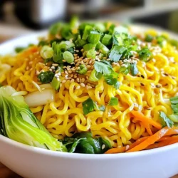 Für deine würzigen Knoblauch-Ramen-Nudeln benötigst du einige wichtige Zutaten. Diese Zutaten sorgen für den Geschmack. Hier ist die Liste: - 2 Packungen Instant-Ramen-Nudeln (Gewürzpäckchen entsorgen) - 4 Tassen Gemüsebrühe - 3 Esslöffel Sojasauce - 2 Esslöffel Sesamöl - 6 Knoblauchzehen, fein gehackt - 1 Esslöffel frischer Ingwer, fein gehackt - 1 Esslöffel Chilipaste (nach gewünschtem Schärfegrad anpassen) Diese Zutaten bilden die Basis deiner leckeren Ramen-Nudeln. Gemüse bringt Farbe und Nährstoffe in dein Gericht. Ich verwende: - 1 Tasse Pak Choi, grob gehackt - 1 Karotte, in Julienne geschnitten - 4 Frühlingszwiebeln, in Ringe geschnitten Pak Choi gibt einen leichten Crunch. Die Karotte sorgt für Süße. Frühlingszwiebeln fügen Frische hinzu. Sie ergänzen die würzige Brühe perfekt. Garnierungen machen das Gericht ansprechend. Sie haben auch Geschmack. Hier sind die Garnierungen: - 1 Esslöffel Sesamkörner - Frische Korianderblätter Sesamkörner fügen einen nussigen Geschmack hinzu. Sie sind auch knusprig. Koriander gibt eine frische Note. Diese Garnierungen sind nicht nur schön, sondern verbessern den Geschmack der Ramen-Nudeln. {{ingredient_image_2}} Um die Brühe zuzubereiten, beginne mit dem Erhitzen des Sesamöls. Nimm einen großen Topf und stelle ihn bei mittlerer Hitze auf. Füge den fein gehackten Knoblauch und Ingwer hinzu. Brate sie für 1-2 Minuten an, bis sie duften. Das bringt viel Geschmack. Gieße nun die Gemüsebrühe in den Topf. Lass sie köcheln. Rühre die Sojasauce und Chilipaste ein. Die Chilipaste kannst du nach deinem Geschmack anpassen. Lasse die Aromen für etwa 5 Minuten verschmelzen. Das macht die Brühe würzig und reichhaltig. Jetzt ist es Zeit für das Gemüse. Während die Brühe köchelt, koche die Ramen-Nudeln. Nimm einen separaten Topf und folge den Anweisungen auf der Packung. Wenn die Nudeln fertig sind, gieße sie ab und stelle sie beiseite. Es ist wichtig, die Nudeln nicht zu lange zu kochen. Sie sollen bissfest bleiben. Füge den grob gehackten Pak Choi und die Julienne-Karotte in die Brühe. Koche das Gemüse für weitere 3-4 Minuten. Es sollte zart, aber knackig sein. Wenn das Gemüse fertig ist, nimm den Topf vom Herd. Gib die gekochten Ramen-Nudeln in den Topf. Schwenke sie vorsichtig, damit sie sich mit der würzigen Brühe umhüllen. Serviere die Nudeln heiß. Garniere jede Schüssel mit geschnittenen Frühlingszwiebeln, Sesamkörnern und frischen Korianderblättern. Optional kannst du eine Limettenscheibe hinzufügen. Das verstärkt die Aromen und macht das Gericht noch frischer. Die Brühe ist das Herz deiner Ramen. Beginne mit frischer Gemüsebrühe. Sie gibt den Nudeln viel Geschmack. Erhitze das Sesamöl in einem großen Topf. Füge dann den Knoblauch und den Ingwer hinzu. Achte darauf, dass sie nicht anbrennen. Ein sanftes Braten bringt die Aromen hervor. Gieße nun die Brühe hinein und lass sie köcheln. Rühre die Sojasauce und die Chilipaste ein. Lasse alles für etwa fünf Minuten köcheln. So vermischen sich die Aromen gut. Die Brühe sollte reichhaltig und würzig sein. Jeder hat einen anderen Geschmack. Das ist auch bei Schärfe so. Du kannst die Schärfe einfach anpassen. Beginne mit einem Esslöffel Chilipaste. Probiere die Brühe und füge mehr hinzu, wenn du willst. Auch frische Chilis sind eine gute Wahl. Sie geben der Brühe eine zusätzliche Schärfe und Frische. Wenn du es lieber mild magst, lasse die Chilipaste einfach weg. Du kannst die Brühe auch mit ein wenig Limettensaft aufpeppen. Ein gutes Gericht sieht auch gut aus. Serviere die Ramen in tiefen Schalen. Das macht das Essen einladend. Garniere die Nudeln mit geschnittenen Frühlingszwiebeln und Sesamkörnern. Frische Korianderblätter bringen Farbe und Geschmack. Eine Limettenscheibe auf der Seite ist ein toller Blickfang. Du kannst die Limette auch leicht ausdrücken. So verstärkst du die Aromen der Brühe. Denke daran, dass die Augen mitessen! Pro Tipps Frische Zutaten verwenden: Verwende frisches Gemüse wie Pak Choi und Karotten, um den Geschmack und die Nährstoffe zu maximieren. Chilipaste anpassen: Passe die Menge der Chilipaste je nach gewünschtem Schärfegrad an, um die perfekte Schärfe für deinen Geschmack zu erreichen. Brühe köcheln lassen: Lasse die Brühe mindestens 5 Minuten köcheln, damit sich die Aromen gut entfalten können und eine reichhaltige Basis entsteht. Garnierungen nicht vergessen: Garniture wie Frühlingszwiebeln, Sesamkörner und frische Korianderblätter verleihen dem Gericht nicht nur Farbe, sondern auch zusätzlichen Geschmack. {{image_4}} Du kannst deinem Gericht mehr Eiweiß geben. Probiere gekochte Eier oder Tofu. Ein weichgekochtes Ei passt perfekt dazu. Tofu nimmt den Geschmack der Brühe auf. Brate den Tofu vorher an, um ihn knusprig zu machen. Hähnchenbrust oder Garnelen sind weitere Optionen. Diese Zutaten sind leicht zu finden und einfach zuzubereiten. Für eine vegane Version kannst du Seitan oder Tempeh verwenden. Beide sind tolle Proteinquellen. Du kannst die Brühe auch mit Kokosmilch verfeinern. Das gibt einen neuen Geschmack. Achte darauf, dass die Sojasauce ohne Fischsoße ist. So bleiben deine Nudeln rein pflanzlich und lecker. Du kannst das Gemüse in deinem Rezept leicht ändern. Brokkoli oder Zucchini sind gute Alternativen. Sie fügen Farbe und Nährstoffe hinzu. Auch Paprika passt gut. Schneide das Gemüse klein, damit es schnell gar wird. Experimentiere mit dem, was du magst oder gerade zu Hause hast. So bleibt das Gericht stets frisch und spannend. Um die Ramen-Nudeln frisch zu halten, lagere sie in einem luftdichten Behälter. Du kannst sie auch in die Originalverpackung zurücklegen, aber stelle sicher, dass diese gut verschlossen ist. Vermeide Feuchtigkeit, da dies die Nudeln weich macht. Die besten Behälter sind Glas- oder Kunststoffbehälter mit dicht schließendem Deckel. Du kannst auch wiederverschließbare Beutel verwenden. Achte darauf, dass die Nudeln vor Licht geschützt sind, um ihre Frische zu bewahren. Wenn du gekochte Ramen-Nudeln hast, bewahre sie im Kühlschrank auf. Sie halten sich dort etwa drei bis vier Tage. Stelle sicher, dass sie in einem luftdichten Behälter sind. Vor dem Servieren kannst du sie kurz aufwärmen. Um die Ramen-Nudeln vegetarisch zu machen, verwende einfach Gemüsebrühe. Stelle sicher, dass du keine tierischen Produkte verwendest. Du kannst auch Tofu hinzufügen, um mehr Protein zu bekommen. Tofu passt gut zu den Aromen und macht das Gericht nahrhaft. Wenn du magst, füge mehr Gemüse hinzu, wie Brokkoli oder Zucchini. Wenn du keine Chilipaste hast, kannst du rote Paprika oder frische Chilischoten verwenden. Du kannst auch Sriracha verwenden, wenn du es schärfer magst. Mische die Gewürze gut, um den gewünschten Geschmack zu erzielen. Du kannst die Menge anpassen, je nachdem, wie scharf du es magst. Ja, du kannst das Rezept im Voraus zubereiten. Koche die Brühe und das Gemüse vorher. Lagere sie in einem Behälter im Kühlschrank. Wenn du bereit bist zu essen, koche die Ramen-Nudeln frisch. So bleiben sie al dente und lecker. Du kannst die Brühe auch einfrieren und später verwenden. Die Zubereitung von würzigen Knoblauch-Ramen-Nudeln ist einfach. Wir haben die Hauptzutaten, Gemüse und Garnierungen besprochen. Die Schritt-für-Schritt-Anleitung zeigt, wie man die Brühe und Nudeln perfekt zubereitet. Die Tipps helfen dir, die Brühe ideal zu machen und die Schärfe anzupassen. Du kannst auch Variationen ausprobieren und die Ramen aufbewahren. Ramen sind vielseitig und lecker. Probiere verschiedene Zutaten aus, um deinen perfekten Teller zu kreieren. Guten Appetit!