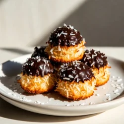 Um köstliche Schokoladen-Kokos-Makronen zu machen, brauchst du diese Zutaten: - 2 ½ Tassen ungesüßte, geraspelte Kokosnuss - 1 Tasse gesüßte Kondensmilch - 1 Teelöffel Vanilleextrakt - ½ Teelöffel Mandelextrakt - ½ Tasse Zartbitterschokoladenstückchen - 2 Esslöffel Kokosöl - Eine Prise Salz Diese Zutaten sind einfach zu finden. Die Kokosnuss gibt den Makronen ihren tollen Geschmack. Die gesüßte Kondensmilch hilft, sie süß und klebrig zu machen. Du kannst das Rezept anpassen, um neue Geschmäcker zu entdecken. Hier sind einige Ideen: - Ersetze die Zartbitterschokolade durch weiße Schokolade oder Milchschokolade. - Füge Nüsse wie Mandeln oder Haselnüsse hinzu. - Probiere verschiedene Extrakte wie Rum- oder Zimtgeschmack. Diese Alternativen machen deine Makronen spannend. Experimentiere und finde deine Lieblinge! Eine Portion enthält folgende Nährwerte: - Kalorien: etwa 140 - Fett: 9 g - Kohlenhydrate: 15 g - Eiweiß: 2 g Diese Werte können variieren. Sie hängen von den genauen Zutaten ab, die du verwendest. Achte darauf, die Portionen zu messen, um die Nährwerte genau zu halten. {{ingredient_image_2}} Heize deinen Ofen auf 165°C vor. Lege ein Blech mit Backpapier aus. Das Backpapier hilft, die Makronen leicht zu lösen. Es ist wichtig, eine saubere Arbeitsfläche zu haben. So bleibt alles ordentlich während des Backens. Nimm eine große Rührschüssel. Gib die ungesüßte, geraspelte Kokosnuss hinein. Füge die gesüßte Kondensmilch, den Vanilleextrakt, den Mandelextrakt und eine Prise Salz hinzu. Rühre alles gut um, bis die Mischung gleichmäßig aussieht. Es ist wichtig, dass alle Zutaten gut vermischt sind. Dies sorgt für den besten Geschmack. Nimm nun einen Esslöffel oder einen kleinen Kekslöffel. Verwende ihn, um kleine Portionen der Mischung auf das Blech zu setzen. Lass dabei etwa einen Zoll Platz zwischen den Häufchen. So können die Makronen beim Backen gut aufgehen. Schiebe das Blech in den vorgeheizten Ofen. Backe die Makronen 20 bis 25 Minuten. Du weißt, dass sie fertig sind, wenn die Oberseiten goldbraun sind. Nimm sie dann vorsichtig aus dem Ofen. Lass sie etwa 10 Minuten auf dem Blech abkühlen. Nach dieser Zeit lege die Makronen auf ein Kuchengitter. So kühlen sie schneller ab. Während sie abkühlen, schmelze die Zartbitterschokoladenstückchen mit Kokosöl. Benutze dafür eine mikrowellenfeste Schüssel. Erhitze die Mischung in 30-Sekunden-Intervallen und rühre dazwischen gut um. Wenn die Schokolade glatt ist, sind die Makronen bereit zum Dekorieren. Um die perfekte Konsistenz zu erreichen, ist die richtige Mischung entscheidend. Kombinieren Sie die Kokosnuss und die gesüßte Kondensmilch gut. Sie sollten eine klebrige, aber formbare Masse haben. Achten Sie darauf, die Makronen gleichmäßig zu formen. Verwenden Sie einen Esslöffel, um die Häufchen gleich groß zu machen. So backen sie gleichmäßig und werden knusprig außen und weich innen. Die Schokoladendekoration macht Ihre Makronen besonders! Schmelzen Sie die Zartbitterschokolade mit Kokosöl. Dies gibt der Schokolade einen schönen Glanz. Tauchen Sie die Makronen entweder ganz oder nur die Unterseite in die Schokolade. Wenn Sie die Oberseite dekorieren, lassen Sie die Schokolade etwas abkühlen, bevor Sie sie träufeln. Das sieht toll aus und macht die Leckereien noch schmackhafter. Ein häufiger Fehler ist das Überbacken. Achten Sie darauf, die Makronen rechtzeitig herauszunehmen. Sie sollten goldbraun sein, aber nicht zu dunkel. Lassen Sie sie nach dem Backen kurz abkühlen. So bleiben sie stabil. Ein weiterer Tipp: Verwenden Sie Backpapier, damit die Makronen nicht kleben bleiben. Wenn Sie diese kleinen Tipps befolgen, werden Ihre Makronen perfekt! Pro Tipps Frische Kokosnüsse verwenden: Wenn möglich, verwenden Sie frische Kokosnüsse anstelle von geraspelter Kokosnuss aus dem Supermarkt für einen intensiveren Geschmack. Schokolade temperieren: Um eine glänzende und knackige Oberfläche zu erhalten, temperieren Sie die Schokolade, bevor Sie die Makronen eintauchen. Variationen ausprobieren: Fügen Sie gehackte Nüsse oder Trockenfrüchte in die Kokosmischung hinzu, um verschiedene Geschmacksrichtungen zu kreieren. Makronen gleichmäßig backen: Achten Sie darauf, dass die Häufchen gleichmäßig groß sind, damit sie gleichmäßig backen. {{image_4}} Um Schokoladen-Kokos-Makronen noch spannender zu machen, füge tropische Zutaten hinzu. Probiere frische Ananas oder Mango. Diese Früchte bringen frische Aromen in die Makronen. Du kannst auch geröstete Mandeln oder Cashewkerne hinzufügen. Diese Nüsse sorgen für einen tollen Crunch. Achte darauf, die Früchte klein zu schneiden. So bleiben die Makronen gut zusammen. Möchtest du vegane Schokoladen-Kokos-Makronen? Ersetze die gesüßte Kondensmilch durch Kokosmilch oder eine pflanzliche Creme. Damit bleibt die Konsistenz cremig und lecker. Wähle vegane Schokolade für das Schmelzen. Diese Optionen sind perfekt für alle, die auf tierische Produkte verzichten wollen. Du wirst die gleichen köstlichen Aromen genießen. Schokoladen-Kokos-Makronen sind von Natur aus glutenfrei. Das macht sie zu einer tollen Wahl für alle mit Glutenunverträglichkeit. Achte darauf, dass alle Zutaten glutenfrei sind. Nutze hochwertige, ungesüßte Kokosnuss. So erhältst du den besten Geschmack. Du kannst auch die Schokolade überprüfen. Einige Marken verwenden glutenhaltige Zusatzstoffe. Um Ihre Schokoladen-Kokos-Makronen frisch zu halten, lagern Sie sie in einem luftdichten Behälter. Stellen Sie sicher, dass der Behälter gut verschlossen ist. So bleibt die Feuchtigkeit drinnen und die Makronen bleiben weich. Vermeiden Sie die Lagerung an einem warmen Ort. Ein kühler, trockener Platz ist ideal. Im Kühlschrank halten die Makronen etwa eine Woche. Lagern Sie sie in einem luftdichten Behälter. Wenn Sie die Makronen länger aufbewahren möchten, frieren Sie sie ein. Sie können sie bis zu drei Monate im Gefrierschrank lagern. Wickeln Sie jede Makrone in Frischhaltefolie, bevor Sie sie in einen Behälter legen. Um die Frische zu bewahren, vermeiden Sie den Kontakt mit Luft. Wenn Sie die Makronen auftauen, lassen Sie sie bei Raumtemperatur stehen. So bleibt die Konsistenz schön. Wenn Sie die Makronen im Kühlschrank aufbewahren, nehmen Sie sie etwa 30 Minuten vor dem Servieren heraus. So werden sie wieder zart und lecker. Schokoladen-Kokos-Makronen halten sich gut. Sie können sie bis zu einer Woche in einem luftdichten Behälter lagern. Lagern Sie sie an einem kühlen, trockenen Ort. So bleibt die Konsistenz weich und die Schokolade lecker. Wenn Sie sie länger aufbewahren wollen, frieren Sie sie ein. In der Tiefkühltruhe halten sie bis zu drei Monate. Ja, Sie können die Makronen im Voraus machen. Bereiten Sie die Makronenmasse einen Tag vorher vor. Formen Sie die Häufchen und lassen Sie sie im Kühlschrank ruhen. So ziehen die Aromen besser ein. Backen Sie sie dann, wenn Sie bereit sind. Das gibt Ihnen frische Makronen, wann immer Sie möchten. Um die Makronen perfekt zu formen, verwenden Sie einen Esslöffel oder einen Kekslöffel. Dies sorgt für gleichmäßige Portionen. Achten Sie darauf, genug Abstand zwischen den Häufchen zu lassen. Beim Backen ist die Zeit wichtig. Backen Sie die Makronen 20-25 Minuten, bis sie goldbraun sind. Lassen Sie sie nach dem Backen kurz abkühlen. Dann können Sie sie einfach umsetzen. So bleiben sie schön in Form. Diese Anleitung zeigt dir, wie du köstliche Schokoladen-Kokos-Makronen machst. Du hast gelernt, welche Zutaten nötig sind und wie du sie zubereitest. Tipps helfen dir, perfekte Makronen zu backen. Variationen bringen frischen Wind in dein Rezept. Richtig lagern garantiert, dass sie lecker bleiben. Es ist einfach, die Makronen zu machen und anzupassen. Probiere verschiedene Varianten aus. Du wirst sicher Spaß haben und deine Freunde beeindrucken!