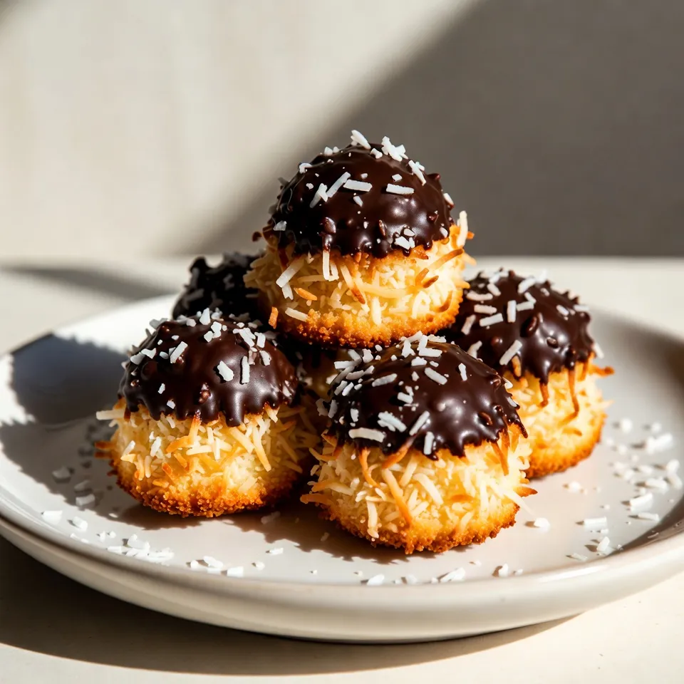 Um köstliche Schokoladen-Kokos-Makronen zu machen, brauchst du diese Zutaten: - 2 ½ Tassen ungesüßte, geraspelte Kokosnuss - 1 Tasse gesüßte Kondensmilch - 1 Teelöffel Vanilleextrakt - ½ Teelöffel Mandelextrakt - ½ Tasse Zartbitterschokoladenstückchen - 2 Esslöffel Kokosöl - Eine Prise Salz Diese Zutaten sind einfach zu finden. Die Kokosnuss gibt den Makronen ihren tollen Geschmack. Die gesüßte Kondensmilch hilft, sie süß und klebrig zu machen. Du kannst das Rezept anpassen, um neue Geschmäcker zu entdecken. Hier sind einige Ideen: - Ersetze die Zartbitterschokolade durch weiße Schokolade oder Milchschokolade. - Füge Nüsse wie Mandeln oder Haselnüsse hinzu. - Probiere verschiedene Extrakte wie Rum- oder Zimtgeschmack. Diese Alternativen machen deine Makronen spannend. Experimentiere und finde deine Lieblinge! Eine Portion enthält folgende Nährwerte: - Kalorien: etwa 140 - Fett: 9 g - Kohlenhydrate: 15 g - Eiweiß: 2 g Diese Werte können variieren. Sie hängen von den genauen Zutaten ab, die du verwendest. Achte darauf, die Portionen zu messen, um die Nährwerte genau zu halten. {{ingredient_image_2}} Heize deinen Ofen auf 165°C vor. Lege ein Blech mit Backpapier aus. Das Backpapier hilft, die Makronen leicht zu lösen. Es ist wichtig, eine saubere Arbeitsfläche zu haben. So bleibt alles ordentlich während des Backens. Nimm eine große Rührschüssel. Gib die ungesüßte, geraspelte Kokosnuss hinein. Füge die gesüßte Kondensmilch, den Vanilleextrakt, den Mandelextrakt und eine Prise Salz hinzu. Rühre alles gut um, bis die Mischung gleichmäßig aussieht. Es ist wichtig, dass alle Zutaten gut vermischt sind. Dies sorgt für den besten Geschmack. Nimm nun einen Esslöffel oder einen kleinen Kekslöffel. Verwende ihn, um kleine Portionen der Mischung auf das Blech zu setzen. Lass dabei etwa einen Zoll Platz zwischen den Häufchen. So können die Makronen beim Backen gut aufgehen. Schiebe das Blech in den vorgeheizten Ofen. Backe die Makronen 20 bis 25 Minuten. Du weißt, dass sie fertig sind, wenn die Oberseiten goldbraun sind. Nimm sie dann vorsichtig aus dem Ofen. Lass sie etwa 10 Minuten auf dem Blech abkühlen. Nach dieser Zeit lege die Makronen auf ein Kuchengitter. So kühlen sie schneller ab. Während sie abkühlen, schmelze die Zartbitterschokoladenstückchen mit Kokosöl. Benutze dafür eine mikrowellenfeste Schüssel. Erhitze die Mischung in 30-Sekunden-Intervallen und rühre dazwischen gut um. Wenn die Schokolade glatt ist, sind die Makronen bereit zum Dekorieren. Um die perfekte Konsistenz zu erreichen, ist die richtige Mischung entscheidend. Kombinieren Sie die Kokosnuss und die gesüßte Kondensmilch gut. Sie sollten eine klebrige, aber formbare Masse haben. Achten Sie darauf, die Makronen gleichmäßig zu formen. Verwenden Sie einen Esslöffel, um die Häufchen gleich groß zu machen. So backen sie gleichmäßig und werden knusprig außen und weich innen. Die Schokoladendekoration macht Ihre Makronen besonders! Schmelzen Sie die Zartbitterschokolade mit Kokosöl. Dies gibt der Schokolade einen schönen Glanz. Tauchen Sie die Makronen entweder ganz oder nur die Unterseite in die Schokolade. Wenn Sie die Oberseite dekorieren, lassen Sie die Schokolade etwas abkühlen, bevor Sie sie träufeln. Das sieht toll aus und macht die Leckereien noch schmackhafter. Ein häufiger Fehler ist das Überbacken. Achten Sie darauf, die Makronen rechtzeitig herauszunehmen. Sie sollten goldbraun sein, aber nicht zu dunkel. Lassen Sie sie nach dem Backen kurz abkühlen. So bleiben sie stabil. Ein weiterer Tipp: Verwenden Sie Backpapier, damit die Makronen nicht kleben bleiben. Wenn Sie diese kleinen Tipps befolgen, werden Ihre Makronen perfekt! Pro Tipps Frische Kokosnüsse verwenden: Wenn möglich, verwenden Sie frische Kokosnüsse anstelle von geraspelter Kokosnuss aus dem Supermarkt für einen intensiveren Geschmack. Schokolade temperieren: Um eine glänzende und knackige Oberfläche zu erhalten, temperieren Sie die Schokolade, bevor Sie die Makronen eintauchen. Variationen ausprobieren: Fügen Sie gehackte Nüsse oder Trockenfrüchte in die Kokosmischung hinzu, um verschiedene Geschmacksrichtungen zu kreieren. Makronen gleichmäßig backen: Achten Sie darauf, dass die Häufchen gleichmäßig groß sind, damit sie gleichmäßig backen. {{image_4}} Um Schokoladen-Kokos-Makronen noch spannender zu machen, füge tropische Zutaten hinzu. Probiere frische Ananas oder Mango. Diese Früchte bringen frische Aromen in die Makronen. Du kannst auch geröstete Mandeln oder Cashewkerne hinzufügen. Diese Nüsse sorgen für einen tollen Crunch. Achte darauf, die Früchte klein zu schneiden. So bleiben die Makronen gut zusammen. Möchtest du vegane Schokoladen-Kokos-Makronen? Ersetze die gesüßte Kondensmilch durch Kokosmilch oder eine pflanzliche Creme. Damit bleibt die Konsistenz cremig und lecker. Wähle vegane Schokolade für das Schmelzen. Diese Optionen sind perfekt für alle, die auf tierische Produkte verzichten wollen. Du wirst die gleichen köstlichen Aromen genießen. Schokoladen-Kokos-Makronen sind von Natur aus glutenfrei. Das macht sie zu einer tollen Wahl für alle mit Glutenunverträglichkeit. Achte darauf, dass alle Zutaten glutenfrei sind. Nutze hochwertige, ungesüßte Kokosnuss. So erhältst du den besten Geschmack. Du kannst auch die Schokolade überprüfen. Einige Marken verwenden glutenhaltige Zusatzstoffe. Um Ihre Schokoladen-Kokos-Makronen frisch zu halten, lagern Sie sie in einem luftdichten Behälter. Stellen Sie sicher, dass der Behälter gut verschlossen ist. So bleibt die Feuchtigkeit drinnen und die Makronen bleiben weich. Vermeiden Sie die Lagerung an einem warmen Ort. Ein kühler, trockener Platz ist ideal. Im Kühlschrank halten die Makronen etwa eine Woche. Lagern Sie sie in einem luftdichten Behälter. Wenn Sie die Makronen länger aufbewahren möchten, frieren Sie sie ein. Sie können sie bis zu drei Monate im Gefrierschrank lagern. Wickeln Sie jede Makrone in Frischhaltefolie, bevor Sie sie in einen Behälter legen. Um die Frische zu bewahren, vermeiden Sie den Kontakt mit Luft. Wenn Sie die Makronen auftauen, lassen Sie sie bei Raumtemperatur stehen. So bleibt die Konsistenz schön. Wenn Sie die Makronen im Kühlschrank aufbewahren, nehmen Sie sie etwa 30 Minuten vor dem Servieren heraus. So werden sie wieder zart und lecker. Schokoladen-Kokos-Makronen halten sich gut. Sie können sie bis zu einer Woche in einem luftdichten Behälter lagern. Lagern Sie sie an einem kühlen, trockenen Ort. So bleibt die Konsistenz weich und die Schokolade lecker. Wenn Sie sie länger aufbewahren wollen, frieren Sie sie ein. In der Tiefkühltruhe halten sie bis zu drei Monate. Ja, Sie können die Makronen im Voraus machen. Bereiten Sie die Makronenmasse einen Tag vorher vor. Formen Sie die Häufchen und lassen Sie sie im Kühlschrank ruhen. So ziehen die Aromen besser ein. Backen Sie sie dann, wenn Sie bereit sind. Das gibt Ihnen frische Makronen, wann immer Sie möchten. Um die Makronen perfekt zu formen, verwenden Sie einen Esslöffel oder einen Kekslöffel. Dies sorgt für gleichmäßige Portionen. Achten Sie darauf, genug Abstand zwischen den Häufchen zu lassen. Beim Backen ist die Zeit wichtig. Backen Sie die Makronen 20-25 Minuten, bis sie goldbraun sind. Lassen Sie sie nach dem Backen kurz abkühlen. Dann können Sie sie einfach umsetzen. So bleiben sie schön in Form. Diese Anleitung zeigt dir, wie du köstliche Schokoladen-Kokos-Makronen machst. Du hast gelernt, welche Zutaten nötig sind und wie du sie zubereitest. Tipps helfen dir, perfekte Makronen zu backen. Variationen bringen frischen Wind in dein Rezept. Richtig lagern garantiert, dass sie lecker bleiben. Es ist einfach, die Makronen zu machen und anzupassen. Probiere verschiedene Varianten aus. Du wirst sicher Spaß haben und deine Freunde beeindrucken!