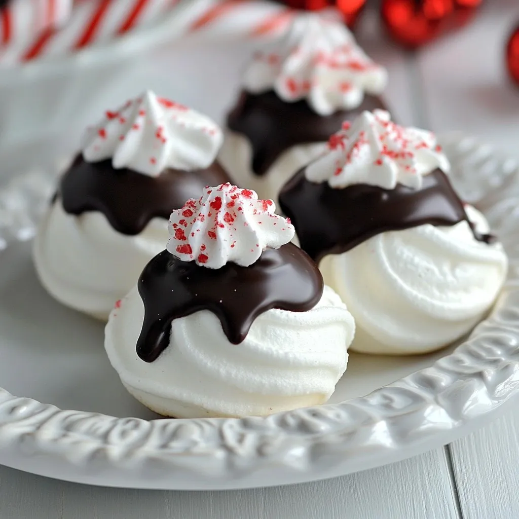 Für diese leckeren Schokoladendipierten Pfefferminz-Meringues brauchen Sie: - 4 große Eiweiße - 1 Tasse Zucker - 1/2 Teelöffel Weinstein - 1/2 Teelöffel reiner Pfefferminzextrakt - 1/4 Teelöffel Salz - 4 Unzen dunkle Schokolade, gehackt - 1/4 Tasse zerstoßene Pfefferminzbonbons Die Mengen sind wichtig für den Erfolg des Rezepts. Verwenden Sie frische Eiweiße für die beste Konsistenz. Wenn Sie keinen Weinstein haben, können Sie auch Zitronensaft oder Essig verwenden. Diese helfen, die Eiweiße stabil zu halten. Für die Schokolade empfehle ich, dunkle Schokolade mit mindestens 70 % Kakaoanteil zu verwenden. Alternativ können Sie auch Milchschokolade verwenden, wenn Sie es süßer mögen. Achten Sie beim Kauf der Zutaten auf Qualität. Frische Eier sind wichtig für die Konsistenz. Wählen Sie Zucker, der fein genug ist, um sich gut aufzulösen. Der reine Pfefferminzextrakt sollte echt sein, um den besten Geschmack zu erzielen. Bei der Schokolade ist es wichtig, dass sie gut schmilzt. Wählen Sie eine Marke, die Sie mögen. Die zerstoßenen Pfefferminzbonbons geben den Crunch und die Farbe. Kaufen Sie sie frisch, um den besten Geschmack zu haben. {{ingredient_image_2}} Um die Schokoladendipierten Pfefferminz-Meringues zu machen, brauchst du ein paar Dinge. Du musst zuerst deinen Ofen auf 90°C vorheizen. Dann nimm ein Backblech und lege es mit Backpapier aus. Das Backpapier hilft, die Meringues nicht kleben zu lassen. Du benötigst eine saubere Rührschüssel. Achte darauf, dass kein Fett in der Schüssel ist, sonst schlagen die Eiweiße nicht gut auf. Jetzt geht es los mit der Meringue. Schlage die Eiweiße in der Rührschüssel auf. Beginne bei mittlerer Geschwindigkeit. Füge dann den Weinstein und das Salz hinzu. Schlage weiter, bis weiche Spitzen entstehen. Jetzt kommt der Zucker. Gib ihn langsam dazu, löffelweise. Schlage das Eiweiß weiter, bis es glänzt und feste Spitzen hat. Das ist wichtig, denn so hält die Meringue ihre Form. Jetzt fügst du den Pfefferminzextrakt hinzu. Faltete ihn vorsichtig unter die Meringue. Das gibt einen frischen Geschmack. Nimm einen Spritzbeutel mit einer Sterntülle. Fülle die Meringuemasse hinein und spritze kleine Häufchen auf das Backblech. Sie sollten etwa 5 cm groß sein. Jetzt backe die Meringues im Ofen für etwa 1,5 Stunden. Sie sind fertig, wenn sie trocken sind und sich leicht lösen lassen. Schalte den Ofen dann aus und lasse die Meringues für 30 Minuten darin abkühlen. Während die Meringues abkühlen, schmelze die dunkle Schokolade. Du kannst dies in der Mikrowelle tun. Stelle sie in eine mikrowellengeeignete Schüssel und schmelze sie in 30-Sekunden-Intervallen. Rühre zwischendurch gut um. Wenn die Schokolade geschmolzen ist, nimm die Meringues aus dem Ofen. Tauche die Unterseite jeder Meringue in die Schokolade. Achte darauf, dass sie gut überzogen ist. Bestreue sie dann mit zerstoßenen Pfefferminzbonbons. Das sieht nicht nur schön aus, sondern schmeckt auch toll. Lass die Meringues auf einem Kuchengitter ruhen, bis die Schokolade fest wird. Um die perfekte Konsistenz Ihrer Meringues zu erreichen, sind frische Eiweiße der Schlüssel. Achten Sie darauf, dass keine Eigelbe in den Eiweißen sind. Das schlägt die Eiweiße besser auf. Auch die Rührschüssel sollte sauber und trocken sein. Verwenden Sie einen elektrischen Mixer für die beste Luftzufuhr. Schlagen Sie das Eiweiß zuerst bei mittlerer Geschwindigkeit. Wenn sich weiche Spitzen bilden, fügen Sie den Zucker löffelweise hinzu. Schlagen Sie dann weiter, bis die Masse glänzend und fest ist. Diese Schritte helfen, die Meringues leicht und luftig zu machen. Ein häufiger Fehler ist, die Meringues zu früh aus dem Ofen zu nehmen. Lassen Sie sie immer bis zur angegebenen Zeit backen. Auch das Abkühlen im Ofen ist wichtig. Dies verhindert, dass die Meringues rissig werden. Achten Sie darauf, die Schokolade nicht zu überhitzen. Schmelzen Sie sie in kurzen Intervallen und rühren Sie zwischen den Intervallen. So bleibt die Schokolade geschmeidig und glänzend. Wenn Sie diese Fehler vermeiden, gelingen die Meringues perfekt. Es gibt viele Möglichkeiten, den Geschmack der Meringues zu verfeinern. Sie können zusätzlich zu Pfefferminzextrakt auch andere Aromen verwenden. Versuchen Sie Vanille oder Mandel. Für einen schokoladigen Kick fügen Sie Kakaopulver zur Meringue-Masse hinzu. Auch die Zugabe von Zimt kann einen tollen Geschmack bringen. Experimentieren Sie mit verschiedenen Toppings wie gehackten Nüssen oder anderen Süßigkeiten. So wird jede Meringue zu einem besonderen Genuss. Pro Tipps Eiweiße richtig schlagen: Stellen Sie sicher, dass die Rührschüssel und die Rührgeräte vollkommen sauber und fettfrei sind, damit die Eiweiße optimal aufgeschlagen werden können. Zucker langsam hinzufügen: Fügen Sie den Zucker langsam und löffelweise hinzu, um eine stabile und glänzende Meringue zu erhalten. Zu schnelles Hinzufügen kann die Struktur der Meringue beeinträchtigen. Pfefferminzextrakt nicht übertreiben: Achten Sie darauf, den Pfefferminzextrakt nach Geschmack hinzuzufügen. Zu viel kann die Meringues überwältigen und den Geschmack der Schokolade überdecken. Schokolade temperieren: Wenn Sie die Schokolade schmelzen, achten Sie darauf, sie nicht zu überhitzen. Sie sollte glatt und glänzend sein, um eine schöne Glasur auf den Meringues zu gewährleisten. {{image_4}} Wenn du das Grundrezept magst, kannst du andere Aromen ausprobieren. Zum Beispiel, ersetze den Pfefferminzextrakt durch Vanille oder Haselnuss. Für eine fruchtige Note füge ein paar Tropfen Zitronen- oder Orangensaft hinzu. Diese kleinen Änderungen bringen frischen Wind in die Meringues. Du kannst auch verschiedene Extrakte mischen, um deine eigene Kombination zu finden. Für Schokoladenfans gibt es viele Optionen. Du kannst die Meringues mit Schokoladengeschmack machen. Füge einfach zwei Esslöffel Kakaopulver zur Eiweißmasse hinzu. Das gibt den Meringues einen reichen Schokoladengeschmack. Du kannst auch die dunkle Schokolade durch Milchschokolade oder weiße Schokolade ersetzen. Diese Optionen bieten eine süßere und cremigere Note. Du kannst die zerstoßenen Pfefferminzbonbons durch andere Süßigkeiten ersetzen. Versuche es mit zerstoßenen Keksen, Nüssen oder sogar Schokoladenstückchen. Diese Zutaten bringen Textur und neuen Geschmack in die Meringues. Du kannst auch Fruity Pebbles oder andere bunte Cerealien nutzen, um sie noch festlicher zu gestalten. Die besten Meringues lagern Sie in einem kühlen, trockenen Raum. Ein luftdichtes Behältnis ist ideal. Vermeiden Sie feuchte Orte. Feuchtigkeit macht die Meringues weich. Ein Glasbehälter funktioniert gut. Stellen Sie sicher, dass der Deckel fest schließt. Schokoladendipierte Pfefferminz-Meringues halten sich etwa zwei Wochen. Lagern Sie sie im luftdichten Behälter. Für eine längere Haltbarkeit können Sie sie einfrieren. Wickeln Sie jede Meringue in Frischhaltefolie. So bleibt die Frische erhalten. Um die Meringues knusprig zu halten, lagern Sie sie nicht im Kühlschrank. Die Kälte kann die Textur ruinieren. Achten Sie darauf, die Meringues nicht zusammenzulegen. Dies verhindert, dass sie aneinander kleben. Verwenden Sie Trennpapier, wenn nötig. So bleibt jede Meringue schön und knackig. Die Meringues backen etwa 1,5 Stunden bei 90°C. Diese lange Backzeit macht sie leicht und knusprig. Achte darauf, dass sie nach dem Backen leicht vom Backpapier abgehen. Wenn du sie länger backst, können sie trocken werden. Ja, du kannst dieses Rezept vegan machen! Verwende Aquafaba anstelle der Eiweiße. Aquafaba ist das Wasser von Kichererbsen. Es funktioniert ähnlich wie Eiweiß. Schlage es auf, bis sich steife Spitzen bilden. Nutze dann die gleichen Schritte wie im Rezept beschrieben. Wenn die Meringues feucht werden, kann das mehrere Gründe haben. Eine häufige Ursache ist die Luftfeuchtigkeit. Lagere die Meringues in einem luftdichten Behälter. Du kannst sie auch einen kurzen Moment länger backen, um überschüssige Feuchtigkeit zu entfernen. Achte darauf, dass der Ofen gut vorgeheizt ist, bevor du die Meringues hineinlegst. Meringues sind ein tolles Dessert. Sie erfordern genaue Zutaten und die richtige Technik. In diesem Blogbeitrag habe ich die besten Tipps und Tricks geteilt, um perfekte Meringues zu machen. Ich habe auch Variationen und Lagerungshinweise gegeben. Denke daran, die Zutaten sorgfältig auszuwählen. Mit etwas Übung kannst du jeden Fehler vermeiden. Probiere auch verschiedene Geschmäcker aus. Halte deine Meringues frisch, damit sie knusprig bleiben. Viel Spaß beim Backen und Experimentieren!