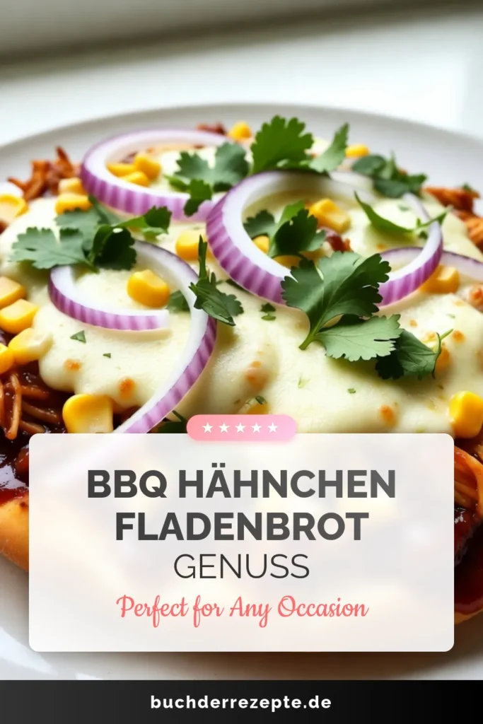 Entdecke das einfache Fladenbrot Rezept für BBQ Hähnchen Fladenbrot, das köstliche Aromen vereint! Bereite Naan mit BBQ-Sauce, zerrupftem Hähnchen und geschmolzenem Mozzarella zu. Perfect für jede Gelegenheit, um Hähnchen Fladenbrot zu genießen. Lass dich inspirieren und kreiere dein eigenes BBQ-Hähnchen Fladenbrot. Teile deine Kreationen und speichere dieses Rezept! #BBQHähnchen #Fladenbrot #Naan #Rezeptideen