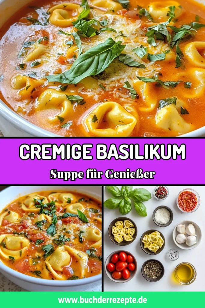 Entdecke dieses köstliche Rezept für cremige Tomate Basilikum Suppe mit Tortellini! Diese einfache Tortellini Suppe ist perfekt für schnelle Rezeptideen für Suppe und ideal für Vegetarier. Mit frischen Zutaten und aromatischem Basilikum verzaubert sie jeden. Probiere unser schnelles Rezept für eine herzhafte Mahlzeit, die in nur 35 Minuten fertig ist! Speichere es dir für später! #TortelliniSuppe #VegetarischeSuppe #SchnelleRezepte #Kochideen