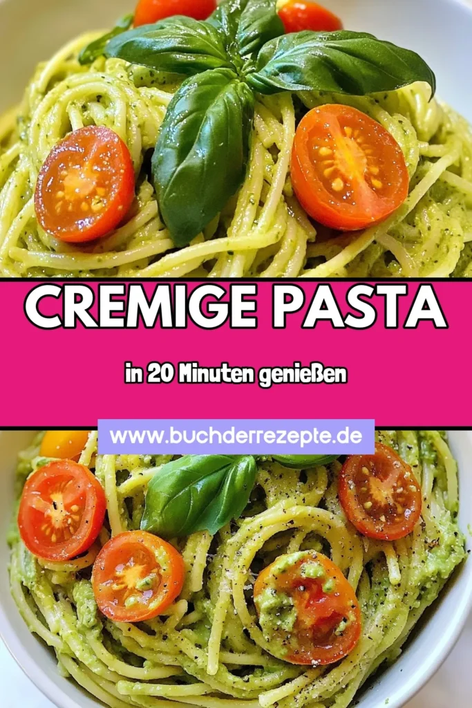 Entdecken Sie dieses einfache und gesunde Avocado Pasta Rezept! Diese cremige Avocado Pasta ist perfekt für alle, die vegane Pasta Ideen mögen. Mit reifen Avocados und frischem Basilikum zaubern Sie in nur 20 Minuten ein köstliches Gericht. Ideal für eine schnelle Mahlzeit! Probieren Sie es aus und lassen Sie sich von dieser einfachen Spaghetti mit Avocado begeistern. Speichern Sie das Rezept für später! #AvocadoPasta #GesundePastaRezepte #VeganePastaIdeen #CremigeAvocadoPasta