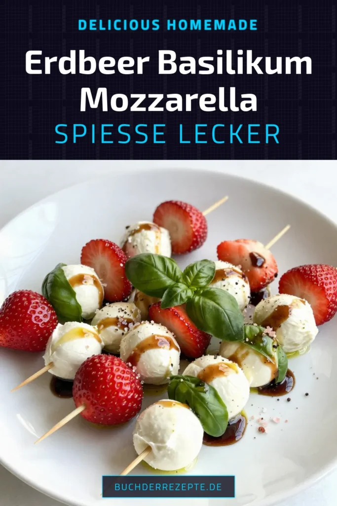 Entdecken Sie unser einfaches Rezept für köstliche Erdbeer-Basilikum-Mozzarella-Spieße, eine perfekte Vorspeise mit Mozzarella für Ihre Sommerfeste. Diese frischen Sommergerichte sind schnell zubereitet und überzeugen mit ihrer einzigartigen Kombination aus frischen Erdbeeren, Basilikum und Mozzarella, verfeinert mit einer Balsamico-Glasur. Ideal für jede Gelegenheit! Probieren Sie es aus und bringen Sie frische Aromen auf Ihre nächste Feier. #ErdbeerBasilikumMozzarella #einfacheSommerrezepte #Vorspeise #frischeSommergerichte