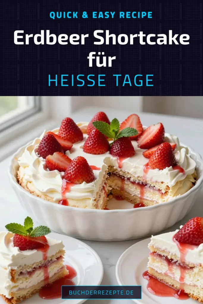 Genieße den Sommer mit unserem einfach zuzubereitenden Erdbeer-Shortcake-Eisboxkuchen! Dieses Erdbeeren Dessert Rezept kombiniert frische Erdbeeren, cremige Schlagsahne und zarte Löffelbiskuits zu einer köstlichen Sommersüßspeise mit Erdbeeren. Perfekt für jeden Anlass! Probiere es aus und erlebe den Geschmack des Sommers. Jetzt speichern und teilen! #ErdbeerShortcake #Eisboxkuchen #DessertRezept #LöffelbiskuitNachtisch