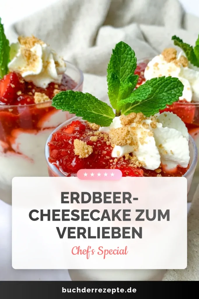 Entdecke das köstliche Rezept für Erdbeer-Cheesecake-Mousse, das frische Erdbeeren und cremigen Frischkäse vereint. Diese einfache Cheesecake-Mousse ist das perfekte Frischkäse Dessert für warme Tage. Mit nur wenigen Zutaten zauberst du ein himmlisches Erdbeer-Mousse Rezept, das sowohl köstlich als auch leicht zuzubereiten ist. Probiere es aus und überrasche deine Gäste! Speichere dieses Rezept für später! #ErdbeerCheesecake #DessertLiebhaber #Süßspeisen #Erdbeeren