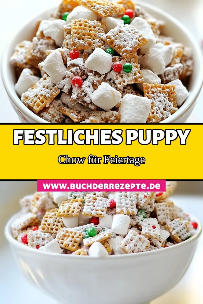 Entdecke unser festliches Puppy Chow – der perfekte Feiertags-Snack! Dieses einfache Rezept vereint Erdnussbutter und Schokolade zu einem unwiderstehlichen Erdnussbutter Schokoladenmix, der sowohl Kinder als auch Erwachsene begeistert. Ideal für Weihnachtsfeiern oder als süße Leckerei für zwischendurch. Kreiere noch heute diesen köstlichen Feiertags-Snack und teile die Freude! #PuppyChow #Weihnachten #Erdnussbutter #SüßeSnacks