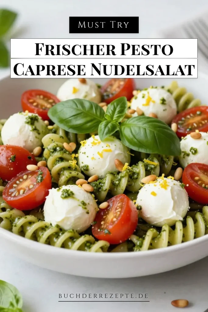 Entdecken Sie unser köstliches Pesto Nudelsalat Rezept, das mediterranes Flair in Ihre Küche bringt! Dieser Caprese Pasta Rezept kombiniert saftige Kirschtomaten Salat mit frischem Basilikum Rezept und zartem Mozzarella für ein perfektes Sommergericht. Ideal zum Vorbereiten und Servieren bei jedem Anlass. Holen Sie sich das Rezept jetzt und genießen Sie einen bunten, gesunden Genuss. Speichern Sie es für später! #PestoNudelsalat #CapresePastaRezept #KirschtomatenSalat #mediterranePasta