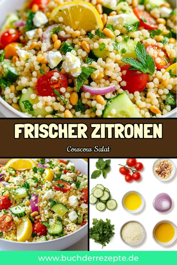 Entdecken Sie unser erfrischendes Zitronen-Kräuter-Couscous Rezept! Dieser schnelle Couscous-Salat ist perfekt für gesunde Beilagen und bringt mediterranes Flair auf Ihren Tisch. Mit frischen Zutaten wie Gurken, Cherrytomaten und Kräutern zubereitet, ist unser Couscous-Salat nicht nur lecker, sondern auch einfach zu machen. Probieren Sie es aus und teilen Sie Ihren Genuss! #CouscousSalat #MediterraneKüche #GesundeBeilagen #SchnelleRezepte