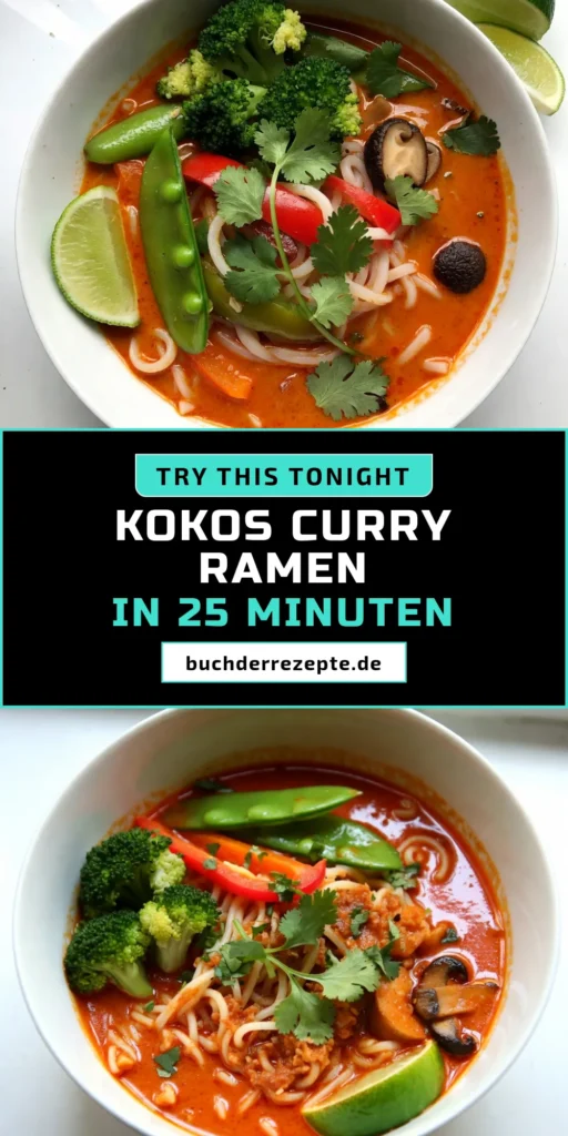 Entdecke das perfekte vegane Ramen-Rezept mit unserem köstlichen Kokos-Curry-Ramen! Diese asiatische Nudelsuppe kombiniert würzige rote Currypaste und cremige Kokosmilch für ein wahres Geschmackserlebnis. Schnell zubereitet, ideal für jede Gelegenheit. Hol dir die Zutaten und kreiere deine eigenen Curry-Nudeln mit Kokosmilch. Probiere es aus und speichere das Rezept für später! #KokosCurryRamen #VeganesRamenRezept #AsiatischeNudelsuppe #SchnelleRamenZubereitung