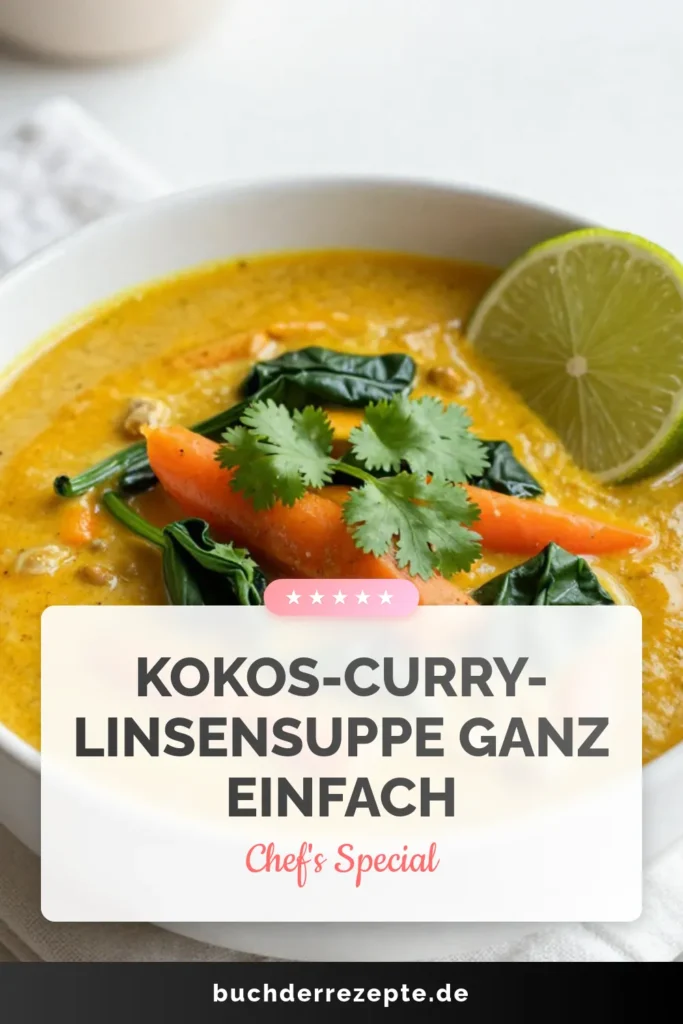 Entdecke die köstliche und gesunde Kokos-Curry-Linsensuppe. Dieses vegane Suppe Rezept ist einfach zuzubereiten und vereint Aromen von exotischer Suppe mit Kokosmilch. Mit roten Linsen, frischem Gemüse und aromatischen Gewürzen entsteht eine perfekte einfache Linsensuppe, die warm serviert wird. Probiere es aus und kreiere ein leckeres Abendessen! Speichere das Rezept für deine nächste Kochsession! #KokosCurry #veganeSuppe #Linsensuppe #CurrySuppe