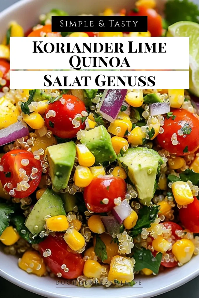 Entdecke dieses aromatische Limettenquinoa Rezept! Unser Quinoa Salat mit Koriander ist nicht nur schnell zubereitet, sondern auch ein gesunder Quinoa Salat, der perfekt für vegetarische Salate ist. Frische Zutaten wie Avocado, Kirschtomaten und ein spritziges Limetten-Dressing machen ihn unwiderstehlich. Probiere es aus und lass dich inspirieren! Speichere das Rezept jetzt! #QuinoaSalat #VeggieRecipes #HealthyEating #QuickRecipes