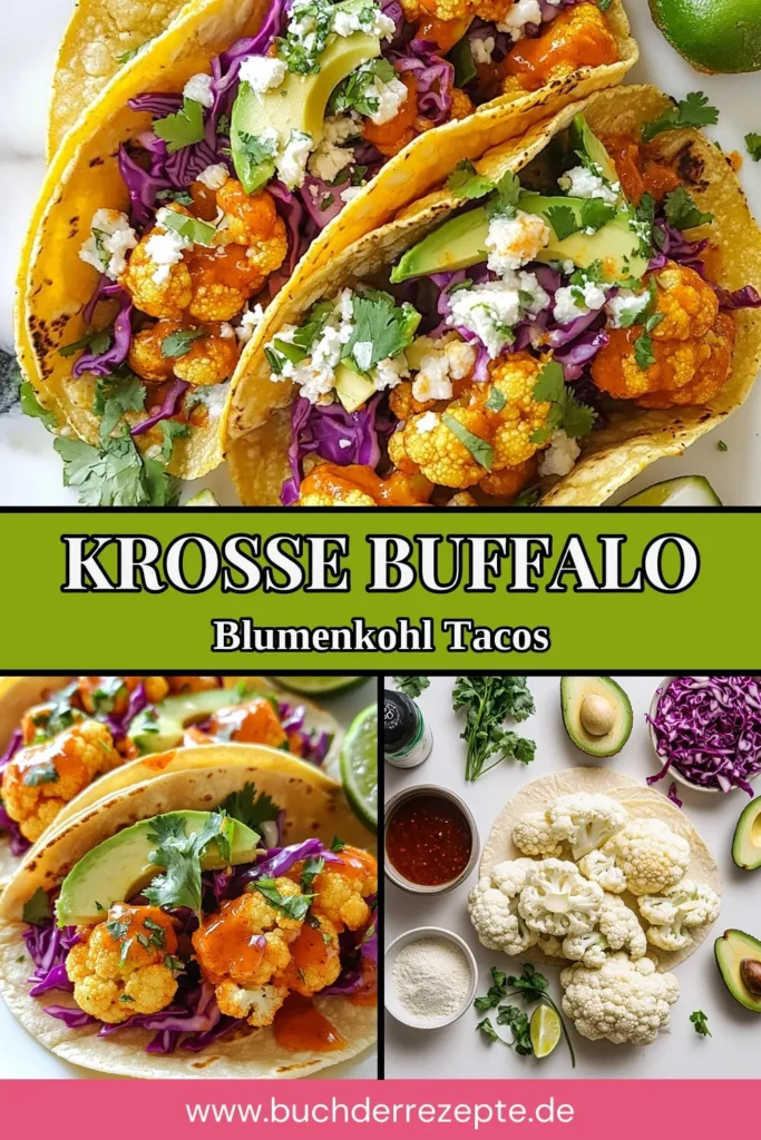 Entdecken Sie das köstliche Rezept für Buffalo Blumenkohl Tacos! Diese vegetarischen Tacos sind nicht nur gesund, sondern auch knusprig und einfach zuzubereiten. Mit einer würzigen Buffalo Sauce Blumenkohl und frischem Gemüse werden sie zum perfekten Genuss. Ideal als leichtes Mittagessen oder Abendessen. Speichern Sie dieses vegetarische Tacos Rezept und verwöhnen Sie Ihre Geschmacksknospen! #BuffaloBlumenkohl #VegetarischeTacos #GesundeRezepte #KnusprigeTacos