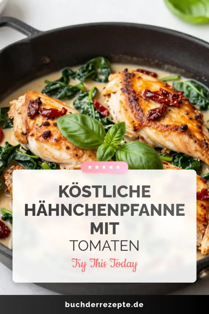 Entdecke unser einfaches Sonnengetrocknete Tomaten Rezept für eine köstliche Hähnchen Pfanne! Dieses cremige Hähnchenrezept ist perfekt für ein schnelles Abendessen unter der Woche und bringt mediterrane Hähnchengerichte auf deinen Tisch. Mit zarten Hähnchenbrustfilets, aromatischen sonnengetrockneten Tomaten und frischem Spinat wird jedes Dinner zum Genuss. Probiere es aus und teile dein Ergebnis! #HähnchenPfanne #SchnellesAbendessen #CremigeHähnchenrezepte #MediterraneGerichte