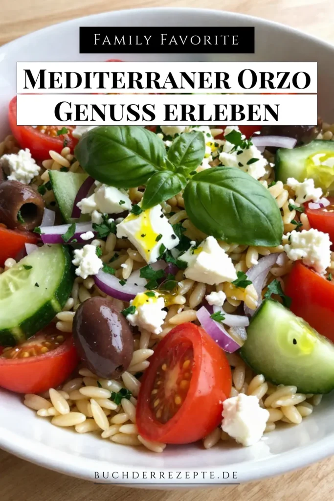 Entdecken Sie dieses köstliche Rezept für einen Mediterranen Orzo-Salat, der perfekt für jeden Anlass ist. Mit Orzo-Nudeln, frischen Kirschtomaten, knackiger Gurke und cremigem Feta-Käse wird Ihr Gaumen verwöhnt. Dieser gesunde mediterrane Salat ist einfach zuzubereiten und ideal für Ihre nächste Feier. Lassen Sie sich dieses Orzo-Nudeln Rezept nicht entgehen! Speichern Sie es jetzt! #OrzoSalat #FetaKäseSalat #GesundEssen #MediterraneKüche