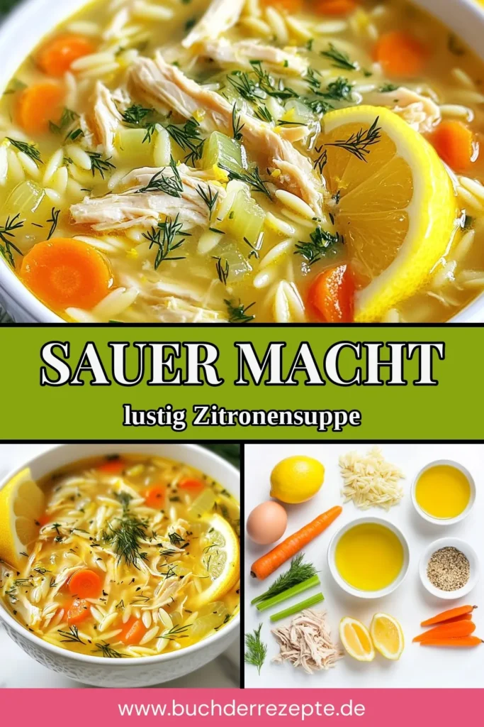 Entdecke die köstliche Zitronen-Hühnchen-Suppe, eine cremige Zitronensuppe, die perfekt für jede Gelegenheit ist. Diese gesunde Suppe mit Hähnchen und Orzo-Pasta ist einfach zuzubereiten und begeistert mit frischem Dill. Ideal für Familientafeln oder als leichtes Mittagessen. Probiere jetzt unser Rezept aus und genieße den erfrischenden Geschmack! Jetzt speichern und nachkochen! #ZitronenHühnchenSuppe #HühnchensuppeMitOrzo #CremigeSuppe #GesundeSuppeMitHähnchen