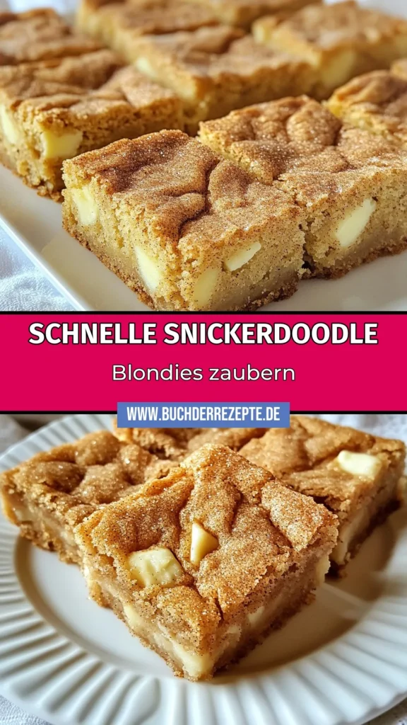 Entdecke unser köstliches Snickerdoodle Blondies Rezept! Diese einfachen Blondies backen sich schnell und einfach und sind perfekt für jeden Anlass. Mit weißen Schokoladenstückchen und dem unwiderstehlichen Geschmack von Zimt sind diese süßen Blondies mit Zimt ein Traum für alle Naschkatzen. Probiere sie aus und hole dir die perfekte Rezeptidee für dein nächstes Backabenteuer! #Snickerdoodle #Blondies #Backen #Zimt