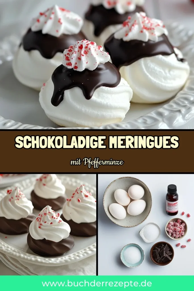 Entdecken Sie unser einfaches Rezept für Schokoladenpfefferminz Meringues! Diese köstlichen Pfefferminz Meringues mit Pfefferminzextrakt sind perfekt für festliche Anlässe. Genießen Sie die Kombination aus luftigem Baiser und reichhaltiger Schokolade in unseren schokoladenüberzogenen Meringues. Perfekt als süßer Snack oder festliches Geschenk. Speichern Sie das Rezept und überraschen Sie Ihre Freunde! #Meringues #Pfefferminz #Schokolade #Backen